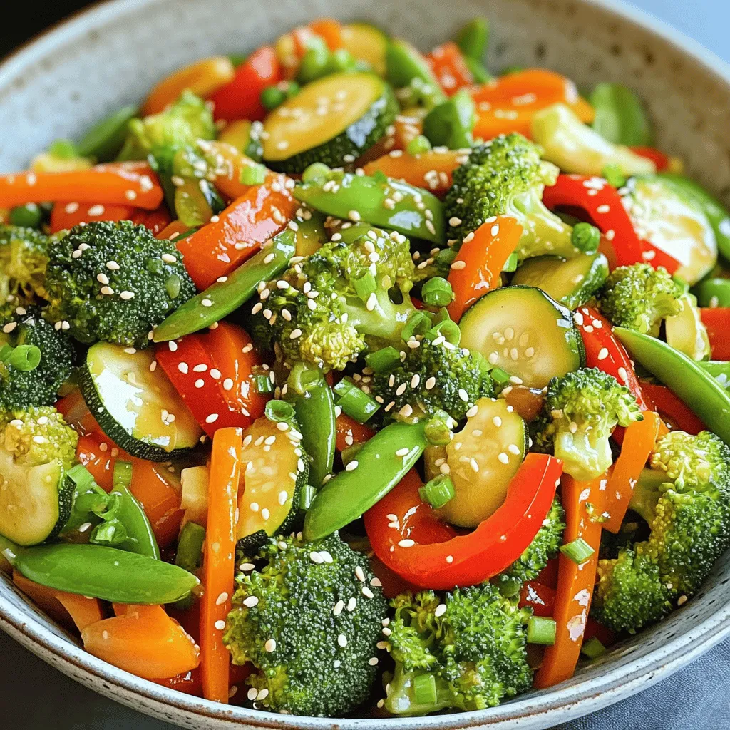 Fresh vegetables are the heart of any great stir-fry. Here’s what you need: - 1 cup broccoli florets - 1 red bell pepper, sliced - 1 cup snap peas - 1 carrot, julienned - 1 zucchini, sliced into half-moons Next, we have the aromatics and oils that bring flavor: - 3 cloves garlic, minced - 1 tablespoon fresh ginger, grated - 3 tablespoons soy sauce - 1 tablespoon sesame oil - 1 tablespoon olive oil Finally, let's add some garnishes and seasoning for that perfect finish: - 1 tablespoon sesame seeds for garnish - Salt and pepper to taste - Chopped green onions for garnish These ingredients create a colorful and tasty dish. Each vegetable adds its unique flavor and crunch. The garlic and ginger give it a warm, spicy note, while soy sauce and sesame oil add depth. You can find the full recipe below to guide you step by step. - Wash and chop all vegetables as per instructions. - Heat the olive oil in a skillet over medium-high heat. - Add minced garlic and ginger, sauté for 30 seconds until fragrant. - Add broccoli, red bell pepper, and carrot; stir-fry for 2-3 minutes. - Incorporate zucchini and snap peas; continue stir-frying for another 2-3 minutes. - Pour in the soy sauce and sesame oil, toss and cook for an additional minute. - Season with salt and pepper; garnish with sesame seeds and chopped green onions. - Serve in a large bowl, garnished with extra sesame seeds and green onions. - Pair with steamed rice or quinoa for a complete meal. To make this dish, just follow the full recipe. Each step is simple and quick, making it a great dinner option. Enjoy the vibrant colors and fresh flavors! - Use high heat for a quick stir-fry to retain vegetable crunch. - Keep vegetables uniform in size for even cooking. High heat helps your veggies stay crispy and colorful. I always heat my pan until it’s hot before adding the oil. This way, the veggies cook fast and keep their bright colors. Cutting veggies to the same size ensures they cook evenly. You can chop them all in small pieces or slices, whatever you like best. - Add a splash of lime juice for a fresh flavor. - Experiment with different sauces for variation, such as teriyaki or oyster sauce. Want to brighten up your stir-fry? Just squeeze some lime juice over it right before serving. It adds a zesty kick! You can also switch up the sauces. Try teriyaki for sweetness or oyster sauce for depth. Each sauce brings a new taste and makes your dish unique. - Pre-chop vegetables and store in the fridge for a quick weeknight meal. - Use seasonal vegetables for variety and freshness. To save time, chop your veggies ahead of time. Store them in the fridge in a sealed bag or container. This way, when you are ready to cook, everything is ready to go. Using seasonal vegetables not only makes your stir-fry fresh but also supports local farms. Check what’s in season to keep your meals exciting and tasty. For the full recipe, check out Quick Colorful Vegetable Stir-Fry. {{image_2}} You can boost your stir-fry with protein. Include tofu or tempeh for a plant-based option. They soak up flavor well and add texture. If you prefer meat, add sliced chicken, beef, or shrimp. These options make the meal heartier and satisfying. If you need gluten-free, swap soy sauce with tamari. It tastes great and is safe for those with gluten allergies. For a lower sodium option, use coconut aminos. It adds a subtle sweetness and works well in any stir-fry. Feel free to change the vegetables based on your taste. You can add mushrooms or bell peppers for a different flavor. Leafy greens, like spinach or kale, are excellent choices too. They bring nutrients and color to your dish. You can mix and match to create your favorite version of this easy vegetable stir-fry. Try these variations to make the meal your own! For a full recipe, check out the detailed instructions above. Store leftovers in an airtight container in the fridge for up to 3 days. This keeps the veggies crisp and tasty. When you’re ready to eat, just take them out. You can enjoy your quick and tasty dinner again! Freeze individual portions for quick meals later; best if consumed within a month. Wrap each portion tightly in plastic wrap or foil. Then, place them in a freezer bag. Label the bag with the date. This way, you know when to use them. Reheat in the microwave or sauté in a skillet over medium heat until warmed through. If using a skillet, add a splash of water to help steam the veggies. This keeps them moist and delicious. Enjoy your meal with ease! For the full recipe, you can refer back to the section above. Leftovers can be stored for up to 3 days in the refrigerator. This is a great way to enjoy a quick meal later. Just keep them in an airtight container. I often use glass containers for this purpose, as they help retain freshness. Yes, frozen vegetables can be used; just adjust the cooking time accordingly. They make it easy when fresh veggies aren't available. I recommend adding them straight from the freezer to the hot pan. This helps keep their color and crunch. Oils with a high smoke point, such as sesame or canola oil, are ideal for stir-frying. These oils heat well and do not burn easily. My go-to is sesame oil for its flavor, but canola works great too! Yes, you can prepare the vegetables in advance and stir-fry shortly before serving for best texture. Pre-chop your veggies and store them in the fridge. When it's time to eat, a quick stir-fry makes a tasty meal in minutes. For an easy recipe, check out the Full Recipe. In this blog post, we explored how to create a vibrant vegetable stir-fry. You learned about fresh ingredients, aromatics, and sauces that elevate the dish. I shared step-by-step cooking instructions, tips to enhance flavor, and how to store leftovers. Remember, you can customize this recipe with proteins or different vegetables. Enjoy experimenting with your stir-fry, and make it your own! Your kitchen can be a fun place to create healthy meals.