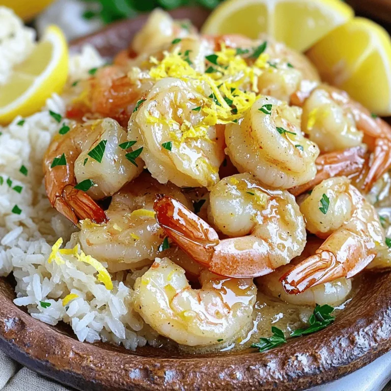 For a delicious Lemon Garlic Butter Shrimp, you need these key ingredients: - 1 pound large shrimp, peeled and deveined - 4 tablespoons unsalted butter - 4 cloves garlic, minced - Zest of 1 lemon - 1/4 cup fresh lemon juice - 1 tablespoon chopped fresh parsley - 1/2 teaspoon red pepper flakes (optional) - Salt and pepper to taste - Lemon wedges for serving You can add some extra ingredients to enhance the taste: - A splash of white wine for depth - A pinch of smoked paprika for warmth - Fresh basil or thyme for added herbal notes Choosing fresh shrimp is key for the best dish. Here are some tips: - Look for shrimp that smells like the ocean, not fishy. - Choose shrimp with a firm texture and a shiny appearance. - Check for a clean, bright color. Avoid any that look dull or discolored. - If possible, buy shrimp with the shell on. It helps keep them moist. Start by rinsing the shrimp under cold water. This helps remove any extra dirt. Then, use paper towels to pat them dry. Make sure they are nice and dry. Season the shrimp lightly with salt and pepper. This small step makes a big difference in flavor. Next, take a large skillet and place it over medium heat. Add the unsalted butter to the skillet. Watch it melt until it becomes a golden pool of goodness. Once melted, add in the minced garlic. Sauté this mix for about a minute. You want to smell that delicious garlic without burning it. Now, turn up the heat to medium-high. Add the seasoned shrimp into the hot skillet. Cook them for about 2-3 minutes on one side. You want them to turn bright pink. Flip them over and cook for another 2-3 minutes. The shrimp should be fully cooked and opaque. Once your shrimp are cooked, it is time to add some zing. Pour in the lemon juice and add the lemon zest. If you like a hint of heat, sprinkle in the red pepper flakes. Toss everything well in the skillet. Make sure each shrimp gets coated in that tasty lemon garlic butter sauce. Take the skillet off the heat. Stir in the chopped parsley for a fresh touch. Taste the sauce and add more salt or pepper if needed. To serve, plate the shrimp and drizzle the remaining sauce over the top. Garnish with extra parsley and lemon wedges. This makes a beautiful dish. For a great meal, serve it over rice or with crispy garlic bread. For the full recipe, check out the details above! When making lemon garlic butter shrimp, avoid overcooking the shrimp. They cook quickly, so stay alert. Too much heat can make them tough. Also, don’t skip the salt and pepper. A little seasoning enhances the dish. Lastly, be careful with garlic. If it burns, it will taste bitter. To get the best flavor, use fresh ingredients. Fresh shrimp taste better than frozen ones. Use fresh garlic for a stronger taste. The zest and juice of a lemon add brightness. If you like spice, add red pepper flakes. They give a nice kick without overpowering the dish. Lemon garlic butter shrimp pairs well with many sides. Serve it over fluffy rice or pasta. Crispy garlic bread is great for soaking up the sauce. For a fresh touch, add a simple salad. A glass of white wine also complements the meal well. For the full recipe, check the earlier section. {{image_2}} You can make Lemon Garlic Butter Shrimp even better by adding veggies. Try adding spinach, bell peppers, or snap peas. These colorful additions boost nutrition and flavor. To add them, sauté the vegetables in the butter before adding the shrimp. This way, they soak up all that tasty garlic and lemon goodness. You can also serve the shrimp over a bed of steamed broccoli or zucchini noodles for a fresh twist. If you like heat, make spicy Lemon Garlic Butter Shrimp. Simply add more red pepper flakes or diced jalapeños. For a different flavor, use chili oil instead of butter. This gives you a nice kick without losing that rich taste. Adjust the spice level to match your taste. Pair spicy shrimp with a cooling side, like a creamy avocado salad. This contrast makes each bite exciting. You don’t have to stick to the skillet for this recipe. Grilling adds a nice smoky flavor. Just toss the shrimp in the lemon garlic butter mixture before grilling. Cook them on skewers for easy handling. Baking is another option. Lay the shrimp on a baking sheet, drizzle with the sauce, and bake at 400°F for about 10 minutes. Both methods keep the shrimp juicy and flavorful. Explore these methods to find your favorite way to enjoy this dish. For the full recipe, check out the previous section. To keep your lemon garlic butter shrimp fresh, place it in an airtight container. Make sure to cool it first. Store it in the fridge for up to three days. If you plan to eat it later, this method will keep it tasty. When you are ready to enjoy the shrimp again, reheat it gently. Use a skillet over low heat. Add a splash of water or broth to keep it moist. Stir it often to heat evenly. Avoid using high heat, as it can make the shrimp tough. If you want to freeze the shrimp, do it right after cooking. Place it in a freezer-safe bag or container. Remove as much air as possible to prevent freezer burn. It can last up to three months. To thaw, put it in the fridge overnight before reheating. For a quick thaw, run it under cold water. For the full recipe, you can check the detailed instructions and ingredients to make this dish again whenever you want. Yes, you can use frozen shrimp! Just thaw them first. Place them in cold water for about 15 minutes. This helps them cook evenly. Pat them dry to remove extra water. This step is key for great flavor. If you want a swap for butter, olive oil works well. It adds a nice flavor too. You can also use vegan butter if you prefer a plant-based option. Both alternatives will still give you a tasty dish. Shrimp cook quickly. They turn pink and curl up when done. This usually takes about 2-3 minutes on each side. If they look opaque and firm, they are ready to eat. Don’t overcook them, or they can become tough. Lemon Garlic Butter Shrimp pairs well with many sides. Try serving it over fluffy rice or with garlic bread. You can also add a fresh salad or steamed veggies for balance. Each option enhances the meal and adds color. For the full recipe, check out the cooking instructions and tips above. In this blog post, we explored how to make delicious Lemon Garlic Butter Shrimp. We covered essential and optional ingredients to enhance the dish. You learned step-by-step instructions for perfect shrimp, including tips for fresh selection and flavor pairings. We highlighted common mistakes and shared serving ideas. For variations, you can add veggies or spice things up with heat. Finally, proper storage methods ensure your shrimp stays fresh. With these tips, you can enjoy a tasty meal anytime.