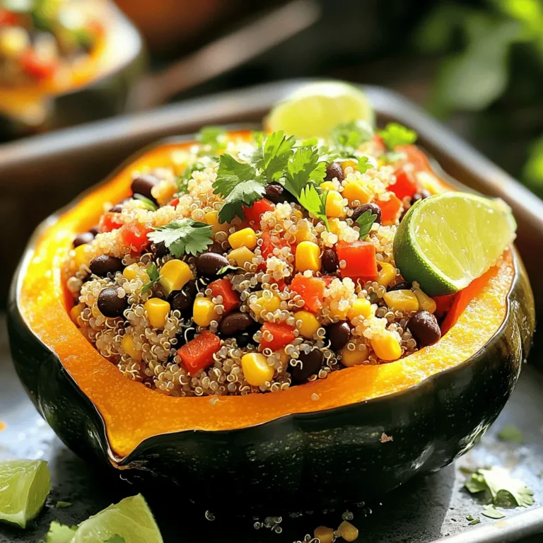 - 2 medium acorn squashes - 1 cup quinoa, rinsed - 2 cups vegetable broth - 1 cup black beans, drained and rinsed - 1 cup corn, frozen or fresh - 1 red bell pepper, diced - 1 small red onion, diced - 2 cloves garlic, minced - 1 teaspoon cumin - 1 teaspoon smoked paprika - ½ teaspoon chili powder - Salt and pepper to taste - 2 tablespoons olive oil - Fresh cilantro, chopped (for garnish) - Lime wedges (for serving) These ingredients create a delicious and filling dish. Each item adds flavor and nutrition. The acorn squash serves as a tasty bowl. Quinoa is rich in protein and fiber. Black beans and corn add a nice texture. The spices bring warmth and depth. Fresh cilantro and lime finish the dish with brightness. This meal is packed with nutrients. It is low in calories and high in fiber. Here’s a quick breakdown: - Calories: About 350 per serving - Protein: 12 grams - Fiber: 8 grams - Vitamins: A, C, and several B vitamins - Minerals: Iron, magnesium, and potassium Quinoa is a complete protein, meaning it has all nine essential amino acids. It supports muscle health and keeps you full. Black beans are high in fiber and help with digestion. They also keep your heart healthy. Corn adds vitamins and minerals, while acorn squash provides antioxidants. Enjoying this dish supports your health in many ways! For the full recipe, check out the [Full Recipe] link. First, you need to preheat your oven to 400°F (200°C). While it heats, grab the acorn squashes. Cut them in half and scoop out the seeds. Place them cut-side down on a baking sheet. Roast them in the oven for about 25-30 minutes. They should become tender while cooking. Next, let's make the quinoa. In a saucepan, bring the vegetable broth to a boil. Add 1 cup of rinsed quinoa to the boiling broth. Reduce the heat to low and cover the pan. Let it simmer for about 15 minutes until all the liquid is absorbed. Fluff the quinoa with a fork when done. Now, it’s time to make the filling. In a large skillet, heat 2 tablespoons of olive oil over medium heat. Add the diced red onion and bell pepper. Sauté them for about 3-4 minutes until they soften. Then, add 2 minced garlic cloves and cook for another minute. Stir in 1 cup of black beans, 1 cup of corn, and the cooked quinoa. Add 1 teaspoon of cumin, 1 teaspoon of smoked paprika, and ½ teaspoon of chili powder. Season with salt and pepper to taste. Cook for an additional 5-7 minutes, stirring occasionally, until everything is nice and hot. Once your squashes are done roasting, carefully flip them cut-side up. Fill each half generously with the quinoa mixture. You can pack it in well. Return the stuffed squashes to the oven and bake for another 10-15 minutes. They should be hot and ready to serve. After baking, let the squashes cool slightly. Garnish with fresh cilantro and serve with lime wedges for added flavor. You can find the full recipe above to guide you through every step! When picking acorn squash, look for ones that are firm and heavy. The skin should be dark green with a few orange spots. These signs show that the squash is ripe. Avoid squash with soft spots or blemishes. Generally, acorn squash is best in the fall and winter months. During this time, you will find it fresh and tasty at local markets. To cook fluffy quinoa, rinse it well under cold water first. This step removes bitterness. Use two cups of vegetable broth for every cup of quinoa. Bring the broth to a boil, then add the quinoa. Cover and reduce the heat. Cook for about 15 minutes until all the liquid is gone. You can also use farro or brown rice if you want a change. Both grains work well in this dish. Add more depth to your dish with spices or herbs. Try adding oregano, thyme, or even a dash of cinnamon. Each of these can bring a new twist to the flavor. For a nice touch, top the stuffed squash with avocado or pumpkin seeds. These will add creaminess and crunch to your meal. You can also drizzle some balsamic glaze for an extra burst of flavor. {{image_2}} You can make this dish gluten-free easily. Instead of quinoa, try using rice or millet. Both grains cook well and add a nice texture. You can also use gluten-free breadcrumbs for added crunch. Just check the labels of your ingredients to be sure they are safe. Want to add more protein? Consider using tofu or tempeh. Tofu is soft and absorbs flavors well. You can cube it and sauté it with your veggies. Tempeh has a nutty taste and provides a hearty bite. Crumble it into your filling for extra protein. Incorporate seasonal vegetables for unique flavors. In fall, add roasted Brussels sprouts or sweet potatoes. In spring, try peas or asparagus. For holidays, think about adding cranberries for a sweet twist. These changes keep the dish fresh and fun throughout the year. To keep your stuffed acorn squash fresh, store leftovers in the fridge. Use an airtight container. This way, they stay tasty for up to four days. If you want to keep them longer, freezing is a great option. Wrap each stuffed squash in plastic wrap. Then place them in a freezer-safe bag. They can last for up to three months in the freezer. When you want to enjoy the leftovers, reheating is key. The best way is to use an oven. Preheat the oven to 350°F (175°C). Place the stuffed squash on a baking tray. Cover with foil to hold in moisture. Heat for about 20 minutes or until warmed through. This helps to keep the texture nice and the flavors intact. You can also use a microwave for quicker results. Just make sure to cover them to avoid drying out. For busy days, meal prep can save you time. You can cook the quinoa and chop the veggies ahead of time. Store each in separate containers in the fridge. When you are ready, just stuff the acorn squash and bake. This method makes it easy to enjoy this healthy meal without all the fuss. You can also prepare the filling a day before. Just mix it up and store it until you are ready to use it. Yes, you can use different squashes. Try butternut or spaghetti squash. Both have great flavors. They also roast well and hold the filling nicely. Just adjust cooking times as needed. Butternut squash may take longer to cook. Spaghetti squash will need a different cutting method. Slice it in half lengthwise for easy roasting. Each squash will give a unique taste to the dish. Yes, this recipe is vegan. It has no animal products. The filling is packed with plant-based protein from quinoa and black beans. You can easily adapt it for other diets. If you want to add cheese, feel free to sprinkle some on top. Just remember, it won't be vegan anymore. If you like heat, add more chili powder. You can also mix in diced jalapeños or red pepper flakes. If you want to keep it fresh, try adding hot sauce after cooking. A squeeze of lime with spicy sauce can brighten the dish too. Just remember to taste as you go to find the right heat for you. You can serve this as both a main dish or a side. For a main dish, serve with a salad or bread. It makes a hearty meal that fills you up. As a side, pair it with grilled vegetables or a protein. It complements many meals and adds color to your plate. Try it with roasted chicken or a veggie burger for a delicious combo. For the full recipe, check out the details above! This blog post shared a simple way to cook stuffed acorn squash with quinoa and beans. We discussed the needed ingredients, including fresh vegetables and spices, and how to prepare them. I included tips to select the best squash and variations to enhance your dish. You can enjoy a tasty, healthy meal while getting creative. Try different spices or add seasonal veggies. Cooking can be fun and rewarding. Now, gather your ingredients and start making this vibrant dish!