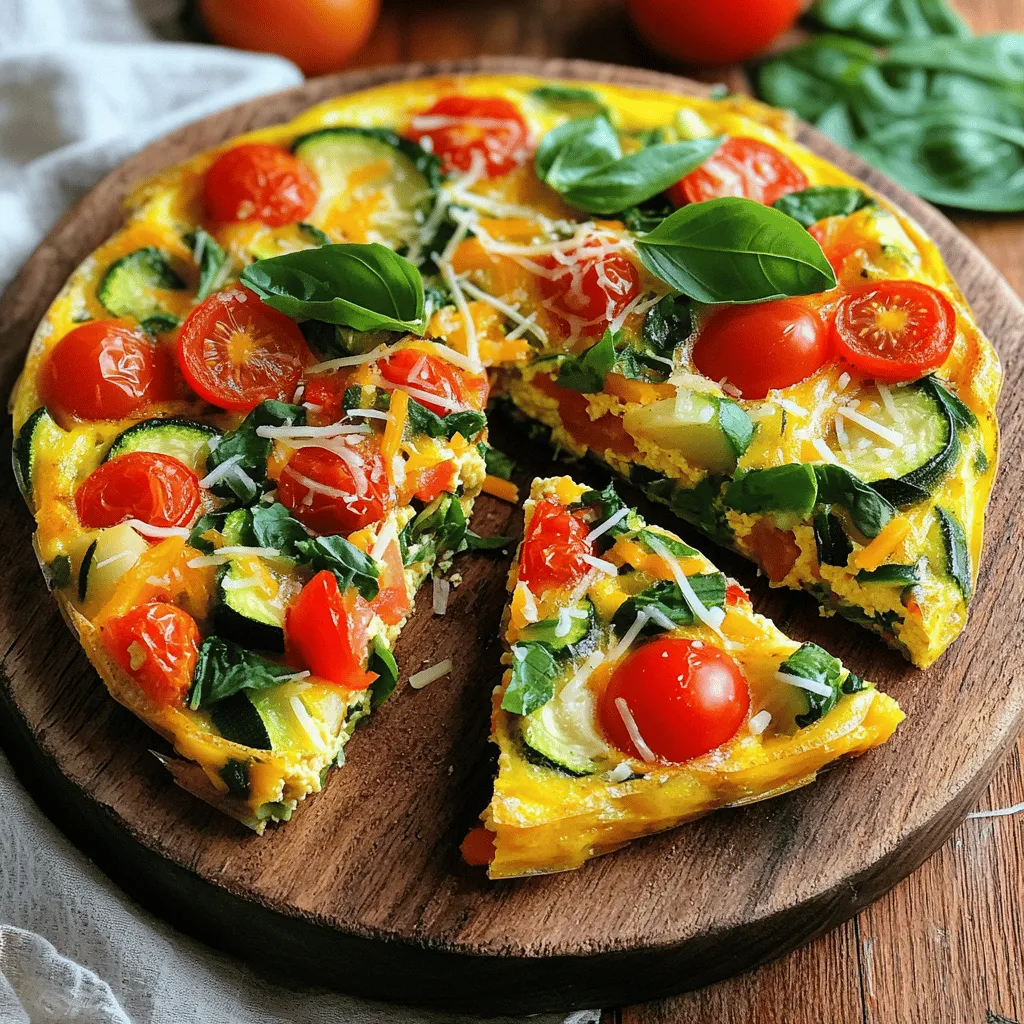 To make a tasty frittata, you need the following ingredients: - 6 large eggs - 1/2 cup milk - 1 cup baby spinach, chopped - 1/2 bell pepper (red or yellow), diced - 1 small zucchini, diced - 1/2 cup cherry tomatoes, halved - 1 small onion, finely chopped - 1/2 cup shredded cheese (cheddar or feta) - 1 tablespoon olive oil - Salt and pepper to taste - Fresh herbs (basil or parsley) for garnish If you’re missing some ingredients, don’t worry! Here are some easy swaps: - Use almond milk instead of regular milk for a dairy-free option. - Try kale or arugula instead of spinach for a different green. - Swap zucchini for mushrooms or asparagus for varied flavors. - Use any cheese you like, such as goat cheese or mozzarella. Fresh herbs can really make your frittata shine. They add bright tastes that lift the dish. I recommend using basil or parsley. Just chop them fine and sprinkle on top before serving. The fresh herbs bring a burst of flavor that makes your frittata feel special. If you have other herbs, feel free to experiment! They can also add color and freshness to your meal. To start, gather your fresh veggies. I like using spinach, bell peppers, zucchini, and cherry tomatoes. Chop the onion and dice the bell pepper and zucchini. Halve the cherry tomatoes. Heating olive oil in an oven-safe skillet is key. Add the onion first, cooking it until it turns clear, about three to four minutes. Next, toss in the bell pepper and zucchini. Let them cook for another three to four minutes. Finally, stir in the spinach and halved tomatoes. Cook until the spinach wilts, which takes about two minutes. This mixture is the heart of your frittata. In a large bowl, crack six eggs and pour in half a cup of milk. Whisk them together until they blend well. This step is important as it adds creaminess to your frittata. Don't forget to season with salt and pepper. The right amount of seasoning brings out the flavors of your veggies. You want this mixture to be light and airy, so whisk it well. Now, pour the egg mixture over the sautéed veggies in the skillet. Make sure it spreads evenly. This helps every bite be delicious. Sprinkle half a cup of shredded cheese over the top. I suggest cheddar or feta for a tasty touch. Cook it on the stovetop for about three to five minutes. Gently shake the skillet to avoid sticking. You’ll know it’s ready when the edges start to set. Next, move the skillet to your preheated oven at 375°F (190°C). Bake for 15 to 20 minutes until the center is firm and the top is golden. Once done, let it cool for a few minutes before slicing. Garnish with fresh herbs for a final touch. You can find the full recipe above to guide you through this process! To get the right texture in your frittata, focus on the eggs. Whisk them well with milk until smooth. This helps create a fluffy base. When cooking, let the edges set first. Gently shake the skillet to keep it from sticking. Moving it a bit helps the eggs cook evenly. Bake it just until the center is firm. A toothpick can help check doneness. Mixing flavors makes your frittata exciting. Try adding mushrooms for earthiness. You can also use different cheeses like goat cheese for tang. Fresh herbs like basil or dill can brighten the dish. If you want heat, consider adding diced jalapeños. Always taste your mixture before baking. This way, you can adjust seasoning to your liking. Using the right tools is key to a great frittata. I recommend an oven-safe skillet, like cast iron. This helps with even heating and easy transfer to the oven. A good whisk is also essential for mixing eggs well. Lastly, have a spatula handy for serving. It helps you slice and lift the frittata easily. For more details on making a Savory Vegetable Frittata, check the Full Recipe. {{image_2}} You can easily add meat to your frittata. Consider cooked bacon, sausage, or ham. These meats add flavor and protein. Just chop them into small pieces and mix them in with your vegetables. Cook the meat first, then add the veggies. Let the flavors blend well before adding the egg mixture. This creates a filling dish that is great for breakfast or brunch. If you want a vegan frittata, you can use chickpea flour. Mix it with water to create a batter. Use 1 cup of chickpea flour with 1.5 cups of water. Add spices like turmeric for color and flavor. Pour this mixture over your veggies in the skillet. Cook it just like the egg version. This option is not only egg-free but also packed with protein. You can swap vegetables based on the season. In spring, try asparagus or peas. Summer is great for tomatoes and bell peppers. In fall, use squash or kale. Winter calls for root veggies like carrots or potatoes. This keeps your frittata fresh and exciting. Plus, it helps you enjoy local produce all year long. Each season brings new flavors to explore in your frittata. Check out the Full Recipe for more ideas! To store your leftover frittata, let it cool first. This helps keep it fresh. Cut the frittata into slices. Place the slices in an airtight container. Keep it in the fridge for up to four days. If you want to enjoy it later, storing it properly is key. When you want to eat your frittata again, reheating it right is important. Use the oven or a skillet. Preheat the oven to 350°F (175°C). Place the frittata slices on a baking sheet. Heat for about 10-15 minutes. If using a skillet, cover it with a lid. Heat on low for about 5-7 minutes. This helps keep it moist and tasty. If you want to keep your frittata longer, freezing is a great option. Wrap each slice in plastic wrap. Then, place them in a freezer-safe bag. Remove as much air as you can. Label the bag with the date. You can freeze the frittata for up to three months. When you're ready to eat, thaw it overnight in the fridge before reheating. You can tell when a frittata is done by its center. It should not jiggle when you gently shake the pan. The top should look golden and slightly puffed. A toothpick inserted into the center should come out clean. If you see raw egg, it needs more time. Yes, you can make a frittata ahead of time. It holds well in the fridge for up to three days. Just let it cool before you store it. Cover it tightly with plastic wrap or foil. This way, it stays fresh and tasty. You can reheat it in the oven or microwave when you're ready to eat. The main difference is how they are cooked. A frittata cooks slowly on low heat. It usually includes more filling, like veggies and cheese. An omelet cooks quickly and is often folded. A frittata is thicker and can be sliced like a pie. Both are delicious options but serve different purposes. For a full recipe, check out the Savory Vegetable Frittata. We covered how to make a tasty vegetable frittata, focusing on fresh ingredients and key steps. Remember, fresh herbs can take your dish to a new level. You learned about perfecting texture, flavor combos, and variations to enjoy any time of year. Store leftovers properly for future meals. Making a frittata is simple and fun. Enjoy your cooking adventure!