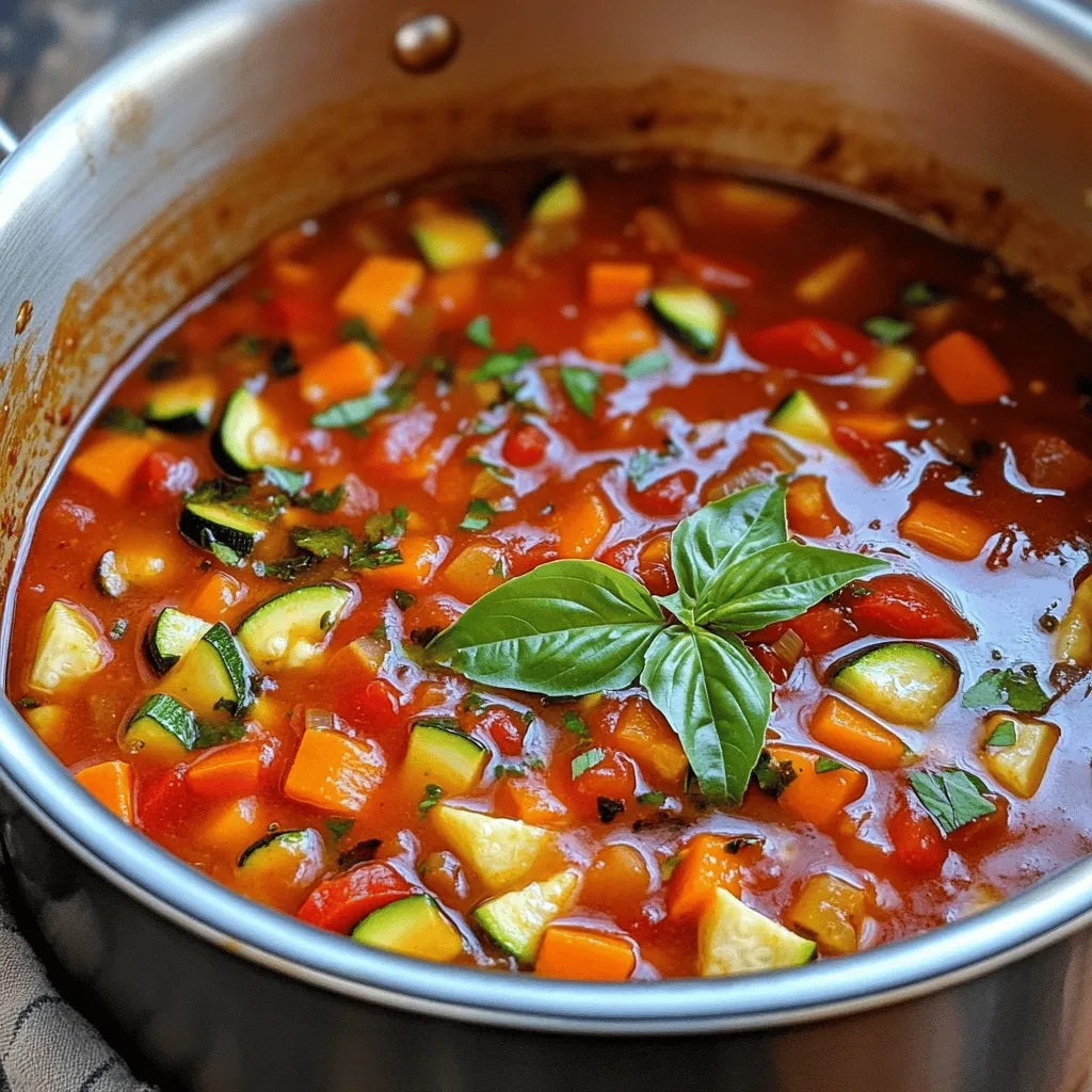 To make a simple and tasty homemade spaghetti sauce, you'll need these fresh ingredients: - 2 tablespoons olive oil - 1 medium onion, finely chopped - 3 cloves garlic, minced - 2 medium carrots, diced - 1 zucchini, diced - 1 red bell pepper, diced - 1 can (28 oz) crushed tomatoes - 1 tablespoon tomato paste - 1 teaspoon dried oregano - 1 teaspoon dried basil - ½ teaspoon red pepper flakes (optional for heat) - Salt and pepper to taste - 1 tablespoon balsamic vinegar - Fresh basil leaves for garnish These ingredients combine to create a rich and vibrant sauce. I love using fresh vegetables because they add great flavor and nutrients. The olive oil provides a smooth base, while the onion and garlic give a wonderful aroma. Carrots and zucchini add sweetness and texture. The crushed tomatoes serve as the heart of the sauce, making it hearty and comforting. Don't forget the herbs! Oregano and basil bring a classic Italian taste. The red pepper flakes can add a little kick, but you can skip them if you prefer a milder sauce. Balsamic vinegar adds a nice depth. Fresh basil leaves on top make it look beautiful and taste fresh. For the full recipe, follow the steps to create your own homemade spaghetti sauce. It's an easy and satisfying dish that will impress your family and friends! 1. Cooking the vegetables: Start by heating 2 tablespoons of olive oil in a large saucepan over medium heat. Add one finely chopped onion and sauté for about 3-4 minutes. The onion should turn translucent. Then, mix in 3 minced garlic cloves and cook for one more minute. The aroma will fill your kitchen! 2. Adding tomatoes and seasoning: Next, toss in 2 diced carrots, 1 diced zucchini, and 1 diced red bell pepper. Sauté these for about 5-7 minutes until they soften. After that, pour in one 28 oz can of crushed tomatoes and 1 tablespoon of tomato paste. Stir this mixture well. Now, season it with 1 teaspoon each of dried oregano and dried basil, along with salt and pepper to taste. If you like it spicy, add ½ teaspoon of red pepper flakes. 3. Allowing the sauce to simmer: Bring the sauce to a gentle simmer. Cook it uncovered for 20-25 minutes. Stir occasionally. This helps the sauce thicken and develop flavor. 1. Incorporating balsamic vinegar: Just before serving, add 1 tablespoon of balsamic vinegar. This gives the sauce a nice sweetness and depth. Stir it in well. 2. Adjusting seasonings: Taste your sauce and adjust the seasonings as needed. If you want more flavor, you can add a pinch more salt or herbs. This simple and tasty homemade spaghetti sauce pairs well with your favorite pasta. Enjoy crafting this delightful dish! For the complete recipe, check the Full Recipe section above. - Best practices for sautéing: Start by heating olive oil in your pan. Add onions first and let them sweat until soft. This brings out their sweet flavor. Then add garlic, but be careful not to burn it. Garlic cooks fast! - How to achieve the desired sauce thickness: If your sauce is too thin, let it simmer longer. This allows extra water to evaporate. Stir it often to avoid sticking. If it’s too thick, add a splash of water or broth. - Importance of fresh herbs: Fresh herbs make a big difference. They add bright flavors to your sauce. If you can, use fresh basil instead of dried. Add them at the end so they stay vibrant. - Ideal pasta pairings: Spaghetti is a classic choice for this sauce. You can also try it with penne or fettuccine. Each pasta shape holds the sauce in a unique way. - Garnishing options: Top your dish with fresh basil leaves for a pop of color. A sprinkle of grated Parmesan cheese adds richness. You can also drizzle olive oil for extra flavor. - Suggested side dishes: Serve your spaghetti with a simple side salad. Garlic bread pairs well too. You might consider roasted vegetables for a healthy touch. {{image_2}} For your homemade spaghetti sauce, you can change things up with different veggies. Instead of carrots, try bell peppers or mushrooms. You can also add spinach or kale for more nutrients. When it comes to tomatoes, using fresh tomatoes is great if you have them. Just peel and chop them, then replace the canned ones. They add a bright flavor! Canned tomatoes are still an easy option. They are always ready when you need them. For herbs, consider using thyme or parsley instead of oregano or basil. Mixing and matching can create a unique taste for your sauce. This sauce works for many diets. For a vegetarian or vegan version, just skip the cheese topping. You can also add lentils for protein. They blend well into the sauce. If you need gluten-free options, serve the sauce over gluten-free pasta. Zucchini noodles, or "zoodles," are a fun choice too! You get a healthy meal without missing out on taste. To keep your leftover sauce fresh, use airtight containers. Glass jars work great. Plastic containers also work but may stain. Store the sauce in the fridge for up to five days. If you want to keep it longer, freeze it. The sauce lasts for three months in the freezer. Make sure to leave space in the container for expansion when freezing. To reheat on the stovetop, pour the sauce into a pan. Heat it over medium-low heat. Stir often to prevent sticking. It should take about 10 minutes to heat through. For a quick method, use the microwave. Transfer the sauce to a microwave-safe bowl. Cover it loosely to avoid splatters. Heat in 30-second intervals, stirring in between. This should take about 1-2 minutes. Enjoy your sauce hot! For the full recipe, check out the Savory Garden Medley Spaghetti Sauce. How long does homemade spaghetti sauce last? Homemade spaghetti sauce lasts about 5 to 7 days in the fridge. Store it in an airtight container. If you want it to last longer, freeze it. Frozen sauce can last up to 3 months. Always check for any off smells before using. Can I make homemade spaghetti sauce ahead of time? Yes, you can make the sauce a day or two before you need it. This allows the flavors to blend. Just store it in the fridge and heat it up when you're ready. It will taste even better after sitting! What can I add to spice up the sauce? To spice up your sauce, consider adding: - Extra red pepper flakes - A splash of red wine - Chopped olives or capers - Fresh herbs like parsley or thyme - A bit of sugar to balance acidity These additions can enhance the flavor and make it unique. How to make sauces using different tomatoes? You can use fresh tomatoes, canned tomatoes, or even tomato puree. For fresh tomatoes, use about 2 pounds, chopped. For canned, crushed or diced tomatoes work well. You may need to adjust cooking time to let fresh tomatoes break down. What are some classic Italian sides to serve? Classic Italian sides include: - Garlic bread - Caprese salad - Antipasto platter - Roasted vegetables - Caesar salad These sides pair nicely with spaghetti sauce. Enjoy your meal! In this blog post, I covered how to make a delicious homemade spaghetti sauce. We listed the key ingredients, explained simple steps, and shared tips for the best results. You learned how to store and reheat leftovers, plus essential variations for your sauce. Making your own sauce is easy and fun. You can customize it to your taste. Enjoy your cooking and the tasty meals you create!