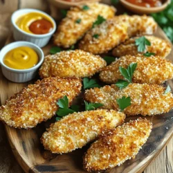 To make Crispy Parmesan Chicken Tenders, you need key ingredients. Here’s what you’ll gather: - 1 lb chicken tenders - 1 cup all-purpose flour - 2 large eggs - 1 cup breadcrumbs (preferably panko for extra crunch) - ½ cup grated Parmesan cheese - ½ cup buttermilk (or regular milk with 1 tsp vinegar added) These items form the base of our tasty dish. Spices add flavor and depth to the chicken. Use these: - 1 tablespoon garlic powder - 1 tablespoon onion powder - 1 teaspoon paprika - Salt and pepper to taste These spices enhance the chicken and give it a warm, inviting taste. You can customize your chicken tenders with some fun add-ins. Consider: - Fresh herbs like parsley or basil - A dash of cayenne pepper for heat - Grated cheese like mozzarella for extra creaminess These add-ins let you explore new flavors and make the dish your own. For the full recipe, check the instructions to get started on this delicious meal! First, gather all your ingredients. You need chicken tenders, flour, eggs, breadcrumbs, and Parmesan. Use a shallow bowl for each step. In one bowl, mix the flour, garlic powder, onion powder, paprika, salt, and pepper. In the second bowl, combine the eggs and buttermilk. Whisk until smooth. The third bowl holds the breadcrumbs and Parmesan cheese. This setup helps keep things organized. Start with a chicken tender. First, dredge it in the flour mix. Shake off any extra flour. Next, dip it into the egg mix. Let the extra egg drip off. Now, coat it in the breadcrumb mix. Press down gently to help it stick. Repeat this for all the chicken tenders. It’s like giving them a cozy, crunchy coat! Preheat your oven to 425°F (220°C) and line a baking sheet with parchment paper. Lay the coated chicken tenders on the sheet. Spray the tops lightly with olive oil spray. This helps them get extra crispy. Bake for 15-20 minutes. Flip them halfway through for even cooking. You want them golden brown and cooked through. Once done, let them cool a bit before serving. Enjoy these crispy delights! You can find the full recipe above for more details. To get your chicken tenders super crispy, use panko breadcrumbs. They are light and airy. This helps create that perfect crunch. Also, don’t skip the olive oil spray. It adds even more crispiness. Make sure to coat them well before baking. Bake your tenders at high heat, around 425°F. This helps them cook quickly while keeping them golden. Dredging is key to a great texture. Start with seasoned flour. It helps the egg stick better. After the flour, dip the chicken in the egg mix. Let any extra drip off. This keeps the coating thick. Finally, roll the chicken in the breadcrumb mix. Press down gently to make sure it sticks well. Follow the process in the Full Recipe for the best results. When serving, arrange the chicken tenders on a nice platter. Pair them with fun dips like honey mustard or marinara. You can also add fresh herbs like parsley on top for color. This makes your dish look great and taste even better. Don't forget to share your crispy chicken tenders with friends! {{image_2}} You can change the taste of your Crispy Parmesan Chicken Tenders by adding herbs or other cheeses. Try mixing in dried basil or oregano to the breadcrumb mix. Fresh herbs like parsley or thyme also work well. For cheese, swap some Parmesan for cheddar or add a bit of Italian blend cheese. This adds depth and a fun twist to the flavor. Baking is a healthier choice that keeps the chicken tender and crispy when done right. Preheat your oven to 425°F (220°C) and use parchment paper for easy cleanup. Lightly spray the tenders with olive oil for extra crunch. Frying gives you a richer flavor but is less healthy. If you choose to fry, use a deep pan and heat oil to 350°F (175°C). Fry each tender for about 3-4 minutes until golden brown. If you need a gluten-free option, swap the all-purpose flour with gluten-free flour. You can also use gluten-free breadcrumbs instead of regular ones. Make sure to check the labels for any hidden gluten. For a grain-free option, try using crushed nuts or cornmeal for the coating. This gives a unique taste and still keeps the tenders crispy. For the full recipe, refer to the earlier section. After you cook the Crispy Parmesan Chicken Tenders, let them cool to room temperature. Place them in an airtight container. Store them in the fridge for up to three days. This keeps the chicken fresh and safe to eat. When you're ready to enjoy them, just take them out. You can freeze these chicken tenders too. To freeze, let them cool completely. Arrange them in a single layer on a baking sheet. Place them in the freezer for about an hour. After they freeze, transfer them to a freezer bag. They can last up to three months in the freezer. When you want to reheat, bake them directly from frozen. Preheat your oven to 400°F (200°C) and bake for 20-25 minutes. When stored properly, the chicken tenders last about three days in the fridge. In the freezer, they can last up to three months. Always check for any signs of spoilage before eating. If they smell off or look strange, it's best to throw them away. Enjoy your Crispy Parmesan Chicken Tenders fresh for the best flavor. For the full recipe, check the earlier section. To keep your chicken tenders crispy, follow these tips: - Use panko breadcrumbs. They add extra crunch. - Spray a light coat of olive oil. This helps the coating crisp up. - Bake at a high temperature, around 425°F. This helps moisture escape. - Flip the tenders halfway through cooking. This allows even browning. For the best results, make sure your tenders are not crowded on the baking sheet. More space means better air flow and crispiness. Yes, you can use chicken breasts. Just cut them into strips. Try to keep them about the same size as tenders. This helps them cook evenly. Remember, cooking time may change slightly. Check for doneness with a meat thermometer. Chicken should reach 165°F for safe eating. Many sauces go great with these chicken tenders! Here are some tasty options: - Honey mustard: Sweet and tangy, it complements the savory chicken well. - Marinara sauce: A classic dip that adds a rich flavor. - Ranch dressing: Creamy and herby, it’s always a favorite. - BBQ sauce: For a smoky twist, try a sweet BBQ sauce. Feel free to mix and match. Find your favorite or serve a variety to impress your guests! For the full recipe, check out the complete guide to Crispy Parmesan Chicken Tenders. You’ve learned about the key ingredients and steps to make perfect chicken tenders. Following the tips can help you achieve extra crispiness. Don't forget to try different flavors and methods, like baking or frying. Store your leftovers properly to enjoy them later. With these insights, you’re ready to impress your family and friends with delicious chicken tenders they’ll love. Dive into your kitchen, have fun, and make it your own!