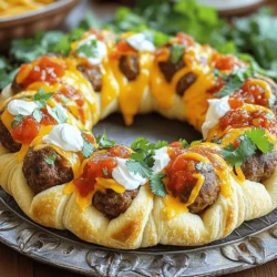 - 1 pound ground beef - 1 cup breadcrumbs - 1/2 cup grated Parmesan cheese - 1/4 cup fresh cilantro, chopped - 1 tablespoon taco seasoning - 1 teaspoon garlic powder - 1/2 teaspoon onion powder - 1/4 teaspoon cayenne pepper (optional) - 1 large egg - 1 can (8 oz) refrigerated crescent roll dough - 1 cup shredded cheddar cheese - 1/2 cup salsa - Sour cream and additional cilantro for garnish The main star here is ground beef. I love using it for meatballs. It’s juicy and flavorful. Breadcrumbs help bind the meatballs. They also give a nice texture. Parmesan cheese adds a salty, nutty taste. It makes the meatballs richer. Fresh cilantro gives a bright flavor. The taco seasoning adds that classic taco taste. The crescent roll dough is fun. It makes a tasty outer layer. When baked, it gets golden and flaky. Shredded cheddar cheese melts beautifully. It adds creaminess. Salsa gives a nice kick and moisture. You can switch it up! Add cayenne pepper for heat. If you like spice, toss in jalapeños. Want a twist? Use ground turkey instead of beef. You can even try different cheeses, like pepper jack. Consider adding black beans or corn for extra flavor and texture. The possibilities are endless! For the complete recipe, check out the Full Recipe. First, gather your ingredients. You need ground beef, breadcrumbs, cheese, and spices. I love using fresh cilantro. It adds a bright flavor. In a large bowl, mix the ground beef, breadcrumbs, and cheese. Add the cilantro, taco seasoning, and spices. Don’t forget the egg! This helps bind everything together. Mix well until you have a smooth mixture. Next, shape the mixture into golf ball-sized meatballs. Aim for about one inch in diameter. Place them on a plate as you go. You should have about 12-16 meatballs. Now, get your crescent roll dough. Unroll it and lay it flat on a baking sheet. Make a large circle, with the points of the triangles facing out. Overlap the dough a bit to form a nice ring shape. With your meatballs ready, place them around the outer edge of the dough ring. Leave some space between each meatball. Next, sprinkle the shredded cheddar cheese over the meatballs. This will melt and create a yummy layer. Drizzle salsa over the meatballs as well. It adds moisture and flavor. Now, fold the points of the crescent roll dough over the meatballs. Tuck them under the ring to seal everything inside. This helps keep the meatballs juicy. Preheat your oven to 375°F (190°C). Once heated, place the ring in the oven. Bake for 25-30 minutes. Look for a golden brown crust and cooked meatballs. The internal temperature should reach 160°F for safety. When it’s done, take it out and let it cool for a few minutes. Slice the Taco Meatball Ring carefully. Serve it on a large platter. Add sour cream and extra cilantro for garnish. This creates a beautiful and tasty meal. Enjoy! To make great meatballs, combine your ingredients well. Mix the ground beef, breadcrumbs, and seasonings in a bowl. Use your hands for this. This helps blend all the flavors. Make sure to form meatballs that are about one inch wide. This size cooks evenly and stays juicy. If you want a softer meatball, add a little milk to the mix. When using crescent roll dough, keep it cold. Cold dough is easier to handle. Unroll it gently to avoid tearing. Lay it out in a circle on your baking sheet. Overlap the triangles slightly to form a ring. This makes a nice base for your meatballs. For an extra crispy crust, brush the dough with a little melted butter before baking. Presentation is key to making your meal pop. Serve the Taco Meatball Ring on a big platter. Add dollops of sour cream on top of the meatballs. Sprinkle fresh cilantro around the dish. This adds color and freshness. You can also drizzle extra salsa for a fun touch. A well-presented dish makes every bite feel special. Check out the Full Recipe for more tips! {{image_2}} You can make a tasty vegetarian version of the Taco Meatball Ring. Use lentils, black beans, or chickpeas instead of meat. Mash them up and mix with breadcrumbs and cheese. Add taco seasoning for flavor. Form them into meatballs just like the original recipe. This way, you still enjoy the fun and flavor! If you like heat, spice up your meatballs! Add more cayenne pepper or some chopped jalapeños to the mix. You can also use spicy taco seasoning. For an extra kick, drizzle hot sauce over the finished ring. This adds bold flavor and makes every bite exciting. Cheese lovers can enjoy this dish even more. Try mixing different cheeses into the meatball mix. Use pepper jack for spice or mozzarella for a gooey texture. You can also add fresh herbs like oregano or parsley to the meat mixture. This will bring freshness and depth to the flavor. For the full recipe, check the details above! After you enjoy your Taco Meatball Ring, store any leftovers in the fridge. Place them in an airtight container. They will stay fresh for about three days. Make sure to let it cool down before sealing. This helps keep the flavors intact. If you want to save the Taco Meatball Ring for later, freezing is a great option. Wrap the whole ring tightly in plastic wrap. Then, place it in a freezer bag. It can last for up to three months in the freezer. When you're ready to eat it, just thaw overnight in the fridge. To reheat, preheat your oven to 350°F (175°C). Place the Taco Meatball Ring on a baking sheet. Cover it with foil to keep it moist. Heat for about 15-20 minutes, or until warm. If you prefer, you can use the microwave for a quick option. Just be careful not to overcook it, or the meatballs might dry out. Enjoy your meal again with all its tasty flavors! It takes about 25 to 30 minutes to cook the Taco Meatball Ring. Preheat the oven to 375°F (190°C) first. Then, bake until the dough is golden and the meatballs are done. An internal temperature of 160°F means they are safe to eat. Yes, you can use different types of meat. Ground turkey, chicken, or pork all work well. Each type of meat brings a unique taste. Just make sure to adjust cooking time if needed, as some meats may cook faster or slower. You can serve many sides with the Taco Meatball Ring. Try a fresh salad or some tortilla chips. Guacamole and salsa make great dips. You can also add some rice or beans for a heartier meal. This dish pairs well with sour cream and extra cilantro for flavor. For the full experience, check out the Full Recipe to get inspired! You now have a simple guide to make a tasty Taco Meatball Ring. We explored the key ingredients and how to customize them. I shared step-by-step instructions, tips to improve texture, and storage tricks. Feel free to try variations like vegetarian options or spicy flavors. Remember, cooking is fun! Enjoy your meal and share it with others. Your Taco Meatball Ring will impress. Happy cooking!