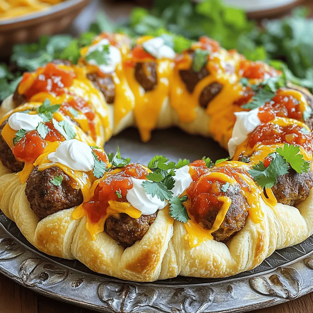 - 1 pound ground beef - 1 cup breadcrumbs - 1/2 cup grated Parmesan cheese - 1/4 cup fresh cilantro, chopped - 1 tablespoon taco seasoning - 1 teaspoon garlic powder - 1/2 teaspoon onion powder - 1/4 teaspoon cayenne pepper (optional) - 1 large egg - 1 can (8 oz) refrigerated crescent roll dough - 1 cup shredded cheddar cheese - 1/2 cup salsa - Sour cream and additional cilantro for garnish The main star here is ground beef. I love using it for meatballs. It’s juicy and flavorful. Breadcrumbs help bind the meatballs. They also give a nice texture. Parmesan cheese adds a salty, nutty taste. It makes the meatballs richer. Fresh cilantro gives a bright flavor. The taco seasoning adds that classic taco taste. The crescent roll dough is fun. It makes a tasty outer layer. When baked, it gets golden and flaky. Shredded cheddar cheese melts beautifully. It adds creaminess. Salsa gives a nice kick and moisture. You can switch it up! Add cayenne pepper for heat. If you like spice, toss in jalapeños. Want a twist? Use ground turkey instead of beef. You can even try different cheeses, like pepper jack. Consider adding black beans or corn for extra flavor and texture. The possibilities are endless! For the complete recipe, check out the Full Recipe. First, gather your ingredients. You need ground beef, breadcrumbs, cheese, and spices. I love using fresh cilantro. It adds a bright flavor. In a large bowl, mix the ground beef, breadcrumbs, and cheese. Add the cilantro, taco seasoning, and spices. Don’t forget the egg! This helps bind everything together. Mix well until you have a smooth mixture. Next, shape the mixture into golf ball-sized meatballs. Aim for about one inch in diameter. Place them on a plate as you go. You should have about 12-16 meatballs. Now, get your crescent roll dough. Unroll it and lay it flat on a baking sheet. Make a large circle, with the points of the triangles facing out. Overlap the dough a bit to form a nice ring shape. With your meatballs ready, place them around the outer edge of the dough ring. Leave some space between each meatball. Next, sprinkle the shredded cheddar cheese over the meatballs. This will melt and create a yummy layer. Drizzle salsa over the meatballs as well. It adds moisture and flavor. Now, fold the points of the crescent roll dough over the meatballs. Tuck them under the ring to seal everything inside. This helps keep the meatballs juicy. Preheat your oven to 375°F (190°C). Once heated, place the ring in the oven. Bake for 25-30 minutes. Look for a golden brown crust and cooked meatballs. The internal temperature should reach 160°F for safety. When it’s done, take it out and let it cool for a few minutes. Slice the Taco Meatball Ring carefully. Serve it on a large platter. Add sour cream and extra cilantro for garnish. This creates a beautiful and tasty meal. Enjoy! To make great meatballs, combine your ingredients well. Mix the ground beef, breadcrumbs, and seasonings in a bowl. Use your hands for this. This helps blend all the flavors. Make sure to form meatballs that are about one inch wide. This size cooks evenly and stays juicy. If you want a softer meatball, add a little milk to the mix. When using crescent roll dough, keep it cold. Cold dough is easier to handle. Unroll it gently to avoid tearing. Lay it out in a circle on your baking sheet. Overlap the triangles slightly to form a ring. This makes a nice base for your meatballs. For an extra crispy crust, brush the dough with a little melted butter before baking. Presentation is key to making your meal pop. Serve the Taco Meatball Ring on a big platter. Add dollops of sour cream on top of the meatballs. Sprinkle fresh cilantro around the dish. This adds color and freshness. You can also drizzle extra salsa for a fun touch. A well-presented dish makes every bite feel special. Check out the Full Recipe for more tips! {{image_2}} You can make a tasty vegetarian version of the Taco Meatball Ring. Use lentils, black beans, or chickpeas instead of meat. Mash them up and mix with breadcrumbs and cheese. Add taco seasoning for flavor. Form them into meatballs just like the original recipe. This way, you still enjoy the fun and flavor! If you like heat, spice up your meatballs! Add more cayenne pepper or some chopped jalapeños to the mix. You can also use spicy taco seasoning. For an extra kick, drizzle hot sauce over the finished ring. This adds bold flavor and makes every bite exciting. Cheese lovers can enjoy this dish even more. Try mixing different cheeses into the meatball mix. Use pepper jack for spice or mozzarella for a gooey texture. You can also add fresh herbs like oregano or parsley to the meat mixture. This will bring freshness and depth to the flavor. For the full recipe, check the details above! After you enjoy your Taco Meatball Ring, store any leftovers in the fridge. Place them in an airtight container. They will stay fresh for about three days. Make sure to let it cool down before sealing. This helps keep the flavors intact. If you want to save the Taco Meatball Ring for later, freezing is a great option. Wrap the whole ring tightly in plastic wrap. Then, place it in a freezer bag. It can last for up to three months in the freezer. When you're ready to eat it, just thaw overnight in the fridge. To reheat, preheat your oven to 350°F (175°C). Place the Taco Meatball Ring on a baking sheet. Cover it with foil to keep it moist. Heat for about 15-20 minutes, or until warm. If you prefer, you can use the microwave for a quick option. Just be careful not to overcook it, or the meatballs might dry out. Enjoy your meal again with all its tasty flavors! It takes about 25 to 30 minutes to cook the Taco Meatball Ring. Preheat the oven to 375°F (190°C) first. Then, bake until the dough is golden and the meatballs are done. An internal temperature of 160°F means they are safe to eat. Yes, you can use different types of meat. Ground turkey, chicken, or pork all work well. Each type of meat brings a unique taste. Just make sure to adjust cooking time if needed, as some meats may cook faster or slower. You can serve many sides with the Taco Meatball Ring. Try a fresh salad or some tortilla chips. Guacamole and salsa make great dips. You can also add some rice or beans for a heartier meal. This dish pairs well with sour cream and extra cilantro for flavor. For the full experience, check out the Full Recipe to get inspired! You now have a simple guide to make a tasty Taco Meatball Ring. We explored the key ingredients and how to customize them. I shared step-by-step instructions, tips to improve texture, and storage tricks. Feel free to try variations like vegetarian options or spicy flavors. Remember, cooking is fun! Enjoy your meal and share it with others. Your Taco Meatball Ring will impress. Happy cooking!