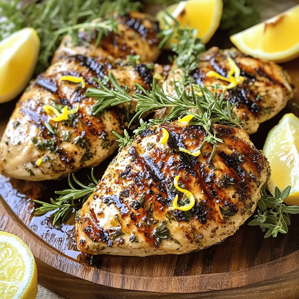 For this tasty dish, gather these key items: - 4 boneless, skinless chicken breasts - 1/4 cup olive oil - Juice of 2 lemons - Zest of 1 lemon - 3 cloves garlic, minced - 2 tablespoons fresh rosemary, chopped - 2 tablespoons fresh thyme, chopped - 1 tablespoon fresh parsley, chopped - Salt and pepper to taste These ingredients create a burst of flavor and make the chicken juicy. You can add extra flavors. Here are some ideas: - Red pepper flakes for heat - Honey for sweetness - Dijon mustard for tang - Other herbs like basil or oregano These add-ins can change the taste and make it your own. The marinade is key for flavor. It helps the chicken soak up taste. Here’s what makes it special: - Olive oil keeps the chicken moist. - Lemon juice adds brightness. - Garlic gives a strong, savory taste. - Fresh herbs bring earthiness and depth. Mix these components well to ensure every bite is full of flavor. Follow the [Full Recipe] for the complete guide. To make the marinade, start by gathering your ingredients. You will need olive oil, two lemons, garlic, and fresh herbs. In a mixing bowl, whisk together 1/4 cup of olive oil with the juice and zest of two lemons. Add three minced garlic cloves to the bowl. Then, include two tablespoons each of fresh rosemary and thyme. Finish with one tablespoon of chopped parsley. Mix everything well. This blend creates a bright and tangy flavor that makes the chicken shine. Now, it's time to marinate the chicken. Place four boneless, skinless chicken breasts in a resealable bag or a shallow dish. Pour the prepared marinade over the chicken. Make sure each piece is coated well. You want all the flavors to soak in. Seal the bag or cover the dish. Refrigerate for at least one hour. For deeper flavor, let it sit for up to four hours. Grilling the chicken is easy. First, preheat your grill to medium-high heat. Once hot, take the chicken out of the marinade and discard the leftover marinade. Place the chicken on the grill. Cook for about 6-7 minutes on each side. You want the chicken to reach an internal temperature of 165°F (75°C). This ensures it is safe to eat. When done, remove the chicken from the grill. Let it rest for five minutes before slicing. This helps keep the juices inside. Now, you are ready to serve a delicious meal. For the full recipe, check the link. To make the best lemon herb grilled chicken, focus on the marinade. Use fresh herbs for the best flavor. Combine olive oil, lemon juice, and zest in a bowl. Add minced garlic next. This mix adds depth to the chicken. Let the chicken soak in the marinade for at least one hour. For stronger taste, marinate for up to four hours. Preheat your grill to medium-high heat. This temperature helps to sear the chicken well. Remove the chicken from the marinade and discard the leftover liquid. Grill each breast for six to seven minutes on each side. Check the internal temperature; it needs to reach 165°F (75°C). This ensures the chicken is safe to eat and juicy. After grilling, let the chicken rest for five minutes. This step helps retain moisture. Slicing too soon can dry out your chicken. Use a sharp knife and cut against the grain. This keeps each piece tender. For a great look, arrange the sliced chicken on a platter with fresh herbs and lemon wedges. It makes the dish even more inviting. For the full recipe, check out the detailed steps above. {{image_2}} You can mix up the herbs for Lemon Herb Grilled Chicken. Try using basil or dill. These herbs add a fresh twist. You can also use spices like paprika or cumin. They bring warmth and depth to the dish. Want a kick? Add some red pepper flakes. This adds heat without overpowering the lemon. If you don’t have a grill, don’t worry. You can cook this chicken in the oven. Preheat your oven to 400°F (200°C). Place the marinated chicken on a baking sheet and cook for about 25-30 minutes. Check that the chicken reaches 165°F (75°C). You can also use a skillet. Heat some olive oil over medium heat, and cook the chicken for about 6-7 minutes on each side. Lemon Herb Grilled Chicken tastes great with many sides. Try serving it with a fresh salad or grilled veggies. It pairs well with rice or quinoa for a hearty meal. Add a slice of lemon on top for a bright look. You can also drizzle some extra olive oil for richness. Check out the Full Recipe for more ideas on how to serve this delicious dish! After enjoying your Lemon Herb Grilled Chicken, cool any leftovers. Place them in an airtight container. Store the container in the fridge. The chicken will stay fresh for about three to four days. Keep an eye on any changes in color or smell. You want to enjoy your meal at its best. To reheat, take the chicken out of the fridge. You can use an oven or a microwave. For the oven, set it to 350°F (175°C). Place the chicken on a baking sheet. Heat for about 10-15 minutes. If using a microwave, cover the chicken and heat in short bursts. Check every 30 seconds until warm. This keeps it juicy, not dry. If you have extra chicken, freezing is a great option. Wrap each piece tightly in plastic wrap. Then, place them in a freezer-safe bag. Squeeze out as much air as possible. Label the bag with the date. This chicken can last for up to three months in the freezer. When ready to eat, thaw it in the fridge overnight before reheating. Marinate the chicken for at least 1 hour. This helps the flavors soak in well. If you have more time, let it sit for up to 4 hours. The longer time gives the chicken a richer flavor. Just remember, don’t leave it too long, or it might get mushy. Yes, you can use bone-in chicken. It will take longer to cook, so plan for that. Bone-in pieces stay moist and flavorful. Just make sure to check the internal temperature with a meat thermometer. It should reach 165°F (75°C) for safe eating. Lemon Herb Grilled Chicken goes well with many sides. Here are some ideas: - Grilled vegetables - Garlic mashed potatoes - Quinoa salad - Steamed broccoli - Fresh green salad These sides balance the chicken's bright flavors. You can mix and match to suit your taste. Try different sides for variety! For the full recipe, check out the details above. In this post, we covered how to make Lemon Herb Grilled Chicken. You learned about key ingredients, marinades, and grilling techniques. I shared tips for perfecting the dish and suggested fun variations. You also got storage and reheating advice, plus answers to common questions. Lemon Herb Grilled Chicken can impress anyone at the table. With practice, you can create a meal that excites the taste buds. Enjoy cooking and experimenting with flavors to make this dish your own!