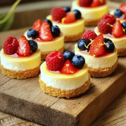 To make these delightful mini cheesecake bites, you'll need some simple ingredients. Here’s what you should gather: - 1 cup crushed graham crackers - 4 tablespoons unsalted butter, melted - 2 cups cream cheese, softened - 1/2 cup granulated sugar - 1 teaspoon vanilla extract - 2 large eggs - 1 cup sour cream - 1/4 cup fresh lemon juice These ingredients create a rich, creamy filling and a tasty crust. The graham cracker crust adds a nice crunch. The cream cheese forms the base, making it smooth and lush. You can add fun toppings to make your mini cheesecakes even better. Here are some ideas: - Fresh berries (strawberries, blueberries, raspberries) - Whipped cream - Chocolate drizzle - Caramel sauce These toppings add color and taste. Berries give freshness, while chocolate or caramel adds sweetness. If you're missing an ingredient, don’t worry! Here are some swaps you can use: - For graham crackers, try digestive biscuits or oreos for a different flavor. - If you don’t have sour cream, use Greek yogurt. - Replace lemon juice with lime juice for a zesty twist. These changes keep your mini cheesecake bites delicious and fun. For the full recipe, check the details above. Start by preheating your oven to 325°F (160°C). Grab your mini muffin tin and line it with paper liners. This step makes it easy to remove the bites later. Make sure every cup is lined well to hold the cheesecake filling. In a medium bowl, mix together 1 cup of crushed graham crackers and 4 tablespoons of melted unsalted butter. Use a fork to combine the crumbs until they are fully coated. Now, take about 1 tablespoon of this mixture and press it into the bottom of each muffin liner to form a nice crust. This adds a crunchy base to your bites. In a large mixing bowl, add 2 cups of softened cream cheese. Beat it using an electric mixer until it is smooth. Gradually add in 1/2 cup of granulated sugar while mixing. Then, pour in 1 teaspoon of vanilla extract. Next, add 2 large eggs one at a time, mixing well after each addition. Finally, stir in 1 cup of sour cream and 1/4 cup of fresh lemon juice until the mixture is smooth and creamy. This filling is key to the rich taste. Now it’s time to pour the cheesecake batter evenly over the crusts, filling each cup about three-quarters full. Bake in your preheated oven for 18 to 20 minutes. The centers should be set but still slightly jiggly. After baking, turn off the oven and let the bites cool inside for 10 minutes. This helps them set without cracking. Once cooled, move them to room temperature and chill in the fridge for at least 2 hours before serving. Top with fresh berries for a beautiful finish. Check out the Full Recipe for more details! To get a smooth texture, use room temperature cream cheese. Cold cream cheese can cause lumps. Beat it well until it is creamy and fluffy. Add eggs one by one, mixing fully after each. This helps create a light and airy cheesecake. Make sure to mix in sour cream and lemon juice gently. Overmixing can lead to cracks. One common mistake is overbaking. Keep an eye on the time. The centers should be set but still jiggly. If they look too firm, they may end up dry. Another mistake is not cooling them properly. Let them cool in the oven first. This gentle cooling helps avoid cracks. Also, don’t forget to chill them in the fridge for at least two hours. This step is key for the best flavor. Mini cheesecake bites pair well with fresh fruit. I love topping them with strawberries, blueberries, or raspberries. These berries add color and a burst of flavor. You can also drizzle them with chocolate or caramel sauce for a richer taste. Serve them with coffee or tea for a perfect treat. For a fun twist, try adding a sprinkle of crushed nuts or coconut on top. They make a lovely presentation and add crunch. For the full recipe, check out my detailed guide. {{image_2}} You can play with flavors to make your mini cheesecakes unique. Here are some ideas: - Chocolate: Add melted chocolate to the cream cheese mix. - Pumpkin: Mix in pumpkin puree and spices for a fall treat. - Matcha: Blend matcha powder into the batter for a green tea twist. - Peanut Butter: Swirl in peanut butter for a rich, nutty flavor. Each flavor brings its own charm, making your bites special. Toppings can elevate your mini cheesecakes. Here are some fun ideas: - Chocolate Ganache: Drizzle chocolate on top for a rich finish. - Caramel Sauce: Add a splash of caramel for sweetness. - Crushed Cookies: Sprinkle crushed Oreos or graham crackers for crunch. - Whipped Cream: Top with a dollop of whipped cream for lightness. These toppings can change the whole vibe of your dessert. You can make your mini cheesecakes fit any season or theme. For summer, use fresh fruits like strawberries or peaches. In the fall, try apple pie spice or pumpkin. For winter holidays, add peppermint or eggnog flavors. Think about your event. You can create themed bites that match any occasion, from birthdays to holidays. Each mini cheesecake becomes a special treat, perfect for sharing. To keep your mini cheesecake bites fresh, store them in the fridge. Place them in an airtight container. This helps maintain their creamy texture and flavor. They will stay good for up to five days. If you have leftovers, be sure to cover them well to avoid any fridge odors. You can freeze mini cheesecake bites for longer storage. First, let them cool completely. Then, place them in a single layer on a baking sheet. Freeze them for about two hours. Once frozen, transfer them to a freezer-safe bag. They can last up to three months in the freezer. When you are ready to eat, thaw them in the fridge overnight. These treats are best served cold, so reheating is not necessary. If you prefer them a bit warm, turn on the oven to a low setting. Place them in for just a few minutes. Keep an eye on them to avoid overcooking. Enjoy them fresh from the fridge or warmed a little—either way, they are delicious. For the full recipe, check out the details above. Yes, you can make these treats ahead. They store well in the fridge for up to five days. Just chill them and cover them tightly. This way, they stay fresh and tasty. I often prepare them the day before a party. It saves time and lets the flavors meld. If you need a substitute for sour cream, use Greek yogurt. It has a similar taste and texture. You can also use cream cheese mixed with a bit of milk or buttermilk. These options work well in the recipe and keep the cheesecake creamy. You can find pre-made mini cheesecake bites at many grocery stores. Look in the frozen or bakery sections. Some bakeries also offer them fresh. If you want a quick treat, check local dessert shops. They might have unique flavors. Check your cheesecake bites after 18 minutes in the oven. They should be set but still jiggle slightly in the center. Remove them from the oven and let them cool in the oven for about 10 minutes. This helps prevent cracks. Cool them completely at room temperature before chilling them. You can find the full recipe above for more details. In this article, we covered everything you need for mini cheesecake bites. We talked about main ingredients, possible toppings, and smart substitutions. You learned step-by-step how to prepare, bake, and cool them. I also shared tips for texture, common mistakes, and fun serving ideas. Lastly, we discussed variations and storage methods. With this knowledge, you can create yummy mini cheesecakes. Enjoy experimenting with flavors and sharing them with friends!