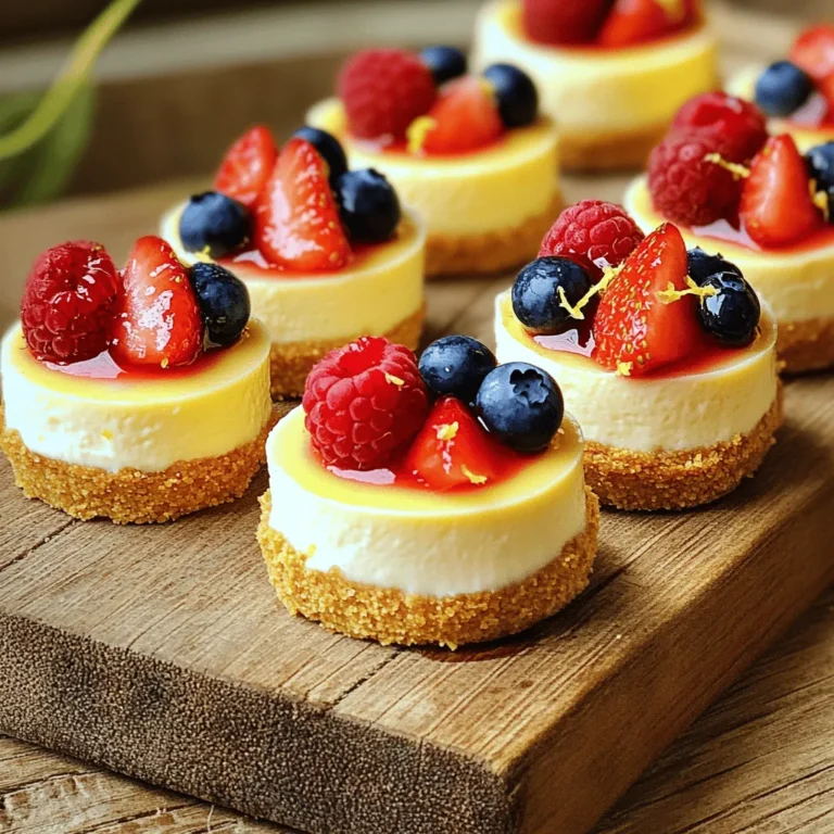 To make these delightful mini cheesecake bites, you'll need some simple ingredients. Here’s what you should gather: - 1 cup crushed graham crackers - 4 tablespoons unsalted butter, melted - 2 cups cream cheese, softened - 1/2 cup granulated sugar - 1 teaspoon vanilla extract - 2 large eggs - 1 cup sour cream - 1/4 cup fresh lemon juice These ingredients create a rich, creamy filling and a tasty crust. The graham cracker crust adds a nice crunch. The cream cheese forms the base, making it smooth and lush. You can add fun toppings to make your mini cheesecakes even better. Here are some ideas: - Fresh berries (strawberries, blueberries, raspberries) - Whipped cream - Chocolate drizzle - Caramel sauce These toppings add color and taste. Berries give freshness, while chocolate or caramel adds sweetness. If you're missing an ingredient, don’t worry! Here are some swaps you can use: - For graham crackers, try digestive biscuits or oreos for a different flavor. - If you don’t have sour cream, use Greek yogurt. - Replace lemon juice with lime juice for a zesty twist. These changes keep your mini cheesecake bites delicious and fun. For the full recipe, check the details above. Start by preheating your oven to 325°F (160°C). Grab your mini muffin tin and line it with paper liners. This step makes it easy to remove the bites later. Make sure every cup is lined well to hold the cheesecake filling. In a medium bowl, mix together 1 cup of crushed graham crackers and 4 tablespoons of melted unsalted butter. Use a fork to combine the crumbs until they are fully coated. Now, take about 1 tablespoon of this mixture and press it into the bottom of each muffin liner to form a nice crust. This adds a crunchy base to your bites. In a large mixing bowl, add 2 cups of softened cream cheese. Beat it using an electric mixer until it is smooth. Gradually add in 1/2 cup of granulated sugar while mixing. Then, pour in 1 teaspoon of vanilla extract. Next, add 2 large eggs one at a time, mixing well after each addition. Finally, stir in 1 cup of sour cream and 1/4 cup of fresh lemon juice until the mixture is smooth and creamy. This filling is key to the rich taste. Now it’s time to pour the cheesecake batter evenly over the crusts, filling each cup about three-quarters full. Bake in your preheated oven for 18 to 20 minutes. The centers should be set but still slightly jiggly. After baking, turn off the oven and let the bites cool inside for 10 minutes. This helps them set without cracking. Once cooled, move them to room temperature and chill in the fridge for at least 2 hours before serving. Top with fresh berries for a beautiful finish. Check out the Full Recipe for more details! To get a smooth texture, use room temperature cream cheese. Cold cream cheese can cause lumps. Beat it well until it is creamy and fluffy. Add eggs one by one, mixing fully after each. This helps create a light and airy cheesecake. Make sure to mix in sour cream and lemon juice gently. Overmixing can lead to cracks. One common mistake is overbaking. Keep an eye on the time. The centers should be set but still jiggly. If they look too firm, they may end up dry. Another mistake is not cooling them properly. Let them cool in the oven first. This gentle cooling helps avoid cracks. Also, don’t forget to chill them in the fridge for at least two hours. This step is key for the best flavor. Mini cheesecake bites pair well with fresh fruit. I love topping them with strawberries, blueberries, or raspberries. These berries add color and a burst of flavor. You can also drizzle them with chocolate or caramel sauce for a richer taste. Serve them with coffee or tea for a perfect treat. For a fun twist, try adding a sprinkle of crushed nuts or coconut on top. They make a lovely presentation and add crunch. For the full recipe, check out my detailed guide. {{image_2}} You can play with flavors to make your mini cheesecakes unique. Here are some ideas: - Chocolate: Add melted chocolate to the cream cheese mix. - Pumpkin: Mix in pumpkin puree and spices for a fall treat. - Matcha: Blend matcha powder into the batter for a green tea twist. - Peanut Butter: Swirl in peanut butter for a rich, nutty flavor. Each flavor brings its own charm, making your bites special. Toppings can elevate your mini cheesecakes. Here are some fun ideas: - Chocolate Ganache: Drizzle chocolate on top for a rich finish. - Caramel Sauce: Add a splash of caramel for sweetness. - Crushed Cookies: Sprinkle crushed Oreos or graham crackers for crunch. - Whipped Cream: Top with a dollop of whipped cream for lightness. These toppings can change the whole vibe of your dessert. You can make your mini cheesecakes fit any season or theme. For summer, use fresh fruits like strawberries or peaches. In the fall, try apple pie spice or pumpkin. For winter holidays, add peppermint or eggnog flavors. Think about your event. You can create themed bites that match any occasion, from birthdays to holidays. Each mini cheesecake becomes a special treat, perfect for sharing. To keep your mini cheesecake bites fresh, store them in the fridge. Place them in an airtight container. This helps maintain their creamy texture and flavor. They will stay good for up to five days. If you have leftovers, be sure to cover them well to avoid any fridge odors. You can freeze mini cheesecake bites for longer storage. First, let them cool completely. Then, place them in a single layer on a baking sheet. Freeze them for about two hours. Once frozen, transfer them to a freezer-safe bag. They can last up to three months in the freezer. When you are ready to eat, thaw them in the fridge overnight. These treats are best served cold, so reheating is not necessary. If you prefer them a bit warm, turn on the oven to a low setting. Place them in for just a few minutes. Keep an eye on them to avoid overcooking. Enjoy them fresh from the fridge or warmed a little—either way, they are delicious. For the full recipe, check out the details above. Yes, you can make these treats ahead. They store well in the fridge for up to five days. Just chill them and cover them tightly. This way, they stay fresh and tasty. I often prepare them the day before a party. It saves time and lets the flavors meld. If you need a substitute for sour cream, use Greek yogurt. It has a similar taste and texture. You can also use cream cheese mixed with a bit of milk or buttermilk. These options work well in the recipe and keep the cheesecake creamy. You can find pre-made mini cheesecake bites at many grocery stores. Look in the frozen or bakery sections. Some bakeries also offer them fresh. If you want a quick treat, check local dessert shops. They might have unique flavors. Check your cheesecake bites after 18 minutes in the oven. They should be set but still jiggle slightly in the center. Remove them from the oven and let them cool in the oven for about 10 minutes. This helps prevent cracks. Cool them completely at room temperature before chilling them. You can find the full recipe above for more details. In this article, we covered everything you need for mini cheesecake bites. We talked about main ingredients, possible toppings, and smart substitutions. You learned step-by-step how to prepare, bake, and cool them. I also shared tips for texture, common mistakes, and fun serving ideas. Lastly, we discussed variations and storage methods. With this knowledge, you can create yummy mini cheesecakes. Enjoy experimenting with flavors and sharing them with friends!