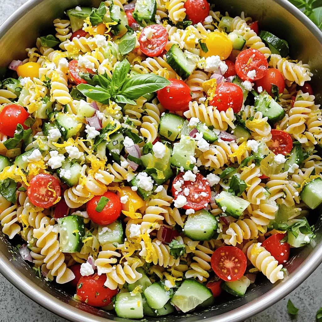 This Lemon Basil Pasta Salad is fresh, bright, and easy to make. It takes only 15 minutes to prep. You can serve it as a side dish or a light meal. The mix of flavors makes it a crowd-pleaser. Here’s what you need for this tasty dish: - 8 oz fusilli or penne pasta - 1 cup cherry tomatoes, halved - 1 cucumber, diced - 1 red bell pepper, diced - 1/2 red onion, finely chopped - 1 cup fresh basil leaves, torn - 1/2 cup feta cheese, crumbled - 1/4 cup olive oil - 2 tablespoons lemon juice - Zest of 1 lemon - 1 teaspoon garlic powder - Salt and pepper to taste For the best flavor, choose high-quality ingredients. Use fresh basil and ripe tomatoes. Buy feta cheese from a deli for better taste. Good olive oil is key for a rich dressing. Fresh lemon juice gives a bright zest. Avoid old pasta; it can ruin the dish. Quality matters when you want a dish that shines! Start by boiling a pot of salted water. Add 8 oz of fusilli or penne pasta. Cook it according to the package directions until it is al dente. This usually takes about 8 to 10 minutes. It’s important not to overcook the pasta. When it’s done, drain it in a colander. Rinse it under cold water to cool it down. This helps stop the cooking process. Set the pasta aside while you prepare the other ingredients. While the pasta cools, chop your vegetables. Take 1 cup of cherry tomatoes and cut them in half. Dice 1 cucumber and 1 red bell pepper. Finely chop 1/2 of a red onion. Tear 1 cup of fresh basil leaves into smaller pieces. Combine all these vegetables in a large mixing bowl. The colors will make your salad vibrant and fresh. For the dressing, grab a small bowl. Add 1/4 cup of olive oil, 2 tablespoons of lemon juice, and the zest of 1 lemon. Sprinkle in 1 teaspoon of garlic powder, along with salt and pepper to taste. Whisk the mixture until it’s well blended. The dressing will bring all the flavors together. Pour it over the cooled pasta and vegetables. Toss everything gently to coat well. Finally, sprinkle 1/2 cup of crumbled feta cheese on top. Give it one last gentle toss. For the best flavor, cover the salad and refrigerate for at least 30 minutes. This allows the flavors to meld beautifully. For the full recipe, check out the detailed instructions above! To boost the taste of your Lemon Basil Pasta Salad, use fresh herbs. Fresh basil brings a bright flavor. You can also add fresh lemon zest for extra zing. If you want it spicy, try a pinch of red pepper flakes. A dash of balsamic vinegar can add depth. Taste as you mix. Adjust salt and pepper to fit your palate. If you need to serve more people, simply double the recipe. Use 16 oz of pasta and scale up the veggies and dressing. For smaller groups, cut the recipe in half. This salad keeps well, so leftovers are great for lunch. You can also make individual servings in small jars for easy grab-and-go meals. For a pretty dish, use a large, colorful bowl. Layer the salad for a stunning look. Place the pasta at the bottom and pile the veggies on top. Add crumbled feta and a sprinkle of lemon zest for color. Garnish with a few whole basil leaves. This makes your salad pop and look inviting. Try this Lemon Basil Pasta Salad for a fresh and tasty meal. For the full experience, check the [Full Recipe]. {{image_2}} You can add protein to your lemon basil pasta salad for extra flavor. Grilled chicken is a great choice. It adds a nice smoky taste. Shrimp also works well and cooks quickly. For a meatier option, try diced ham or salami. If you prefer plant-based proteins, canned chickpeas or cooked lentils are tasty too. Just mix in your chosen protein after you combine the veggies and pasta. To make a vegan version, skip the feta cheese. Instead, use avocado for creaminess. You can also try nutritional yeast for a cheesy flavor without dairy. This adds a nice touch to the salad. For a protein boost, include edamame or more chickpeas. Both options are healthy and filling. Changing your ingredients with the seasons can keep your salad fresh. In summer, add fresh corn or zucchini for extra crunch. In fall, roasted butternut squash or Brussels sprouts are great swaps. You can also use different herbs based on what's in season. Mint or parsley can add a fun twist. Keep the base of pasta and lemon, but tailor the rest for a new taste. For more ideas, check out the full recipe. After enjoying your Lemon Basil Pasta Salad, you may have some leftovers. Store them in an airtight container. This keeps the flavors fresh. Place the container in the fridge. The salad stays good for up to three days. While I recommend eating the salad fresh, you can freeze it if needed. However, the texture may change. To freeze, place the salad in a freezer-safe bag. Remove as much air as possible before sealing. It can last up to two months in the freezer. When you're ready to eat your salad again, thaw it in the fridge overnight. Once thawed, you can serve it cold. If you prefer warm pasta, heat it gently on the stove. Add a bit of olive oil or lemon juice to revive the flavors. For more details and a complete guide, check out the Full Recipe. To make this salad gluten-free, choose gluten-free pasta. Many stores sell good options now. Check the ingredients to ensure they meet your needs. Simply follow the same cooking steps. Your salad will still taste great with the fresh flavors. Yes, you can use different pasta shapes! Rotini, farfalle, or even spaghetti work well. Each shape adds a unique texture. Just remember to cook the pasta until it is al dente. This keeps it firm and tasty in the salad. You can store this salad in the fridge for about three days. Keep it in an airtight container. The flavors will blend and get better over time. However, if you add fresh basil, add it just before serving for the best taste. In this article, we covered how to make a tasty lemon basil pasta salad. We discussed the key ingredients needed for flavor and quality. I shared step-by-step cooking tips, including how to prepare the pasta and veggies. You learned about variations to make it fit your diet and preferences. Don't forget the best storage tips to keep leftovers fresh. Enjoy experimenting with this dish and make it your own!