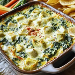 - 2 cups fresh spinach, chopped - 1 cup canned artichoke hearts, drained and roughly chopped - 1 cup cream cheese, softened - ½ cup sour cream - ½ cup mayonnaise - 1 cup shredded mozzarella cheese - ½ cup grated Parmesan cheese - 2 cloves garlic, minced - 1 teaspoon lemon juice - Salt and pepper to taste - 1 teaspoon red pepper flakes (optional, for heat) Each ingredient plays a key role in the flavor and texture of the dip. Fresh spinach adds a vibrant color and earthy taste. Canned artichoke hearts bring a subtle sweetness and unique texture. Cream cheese gives the dip a rich, creamy base. Sour cream and mayonnaise add tanginess, making the dip luscious. Mozzarella cheese melts beautifully, creating a gooey texture. Parmesan cheese adds a salty, nutty flavor that enhances the dish. Garlic contributes aromatic warmth, while lemon juice brightens the overall taste. Salt and pepper elevate the flavors, and red pepper flakes provide an optional kick. Using high-quality ingredients makes a big difference. Fresh spinach and artichokes yield a better taste than frozen or jarred options. Always check labels for added preservatives in canned goods. This way, you ensure a fresh and tasty dip. For a complete guide, check the Full Recipe. With these ingredients, you can craft a creamy, delicious dip that everyone will love. 1. Preheat your oven to 350°F (175°C). This step helps cook the dip evenly. 2. In a medium mixing bowl, combine the cream cheese, sour cream, and mayonnaise. Mix until smooth and creamy. This base gives the dip its rich texture. 3. Stir in the chopped spinach and artichoke hearts. Add minced garlic and lemon juice too. Then mix in the mozzarella and Parmesan cheeses. This combination brings a great flavor. 1. Transfer the mixture to a baking dish and spread it evenly. This helps it cook properly. 2. Bake for about 25-30 minutes. You want the dip to be hot and bubbly, with a lightly golden top. This means it’s ready to eat! 3. Let it cool slightly before serving. This makes it safer to eat and helps the flavors settle. For the complete experience, check out the Full Recipe. Enjoy this creamy spinach and artichoke dip with chips, bread, or veggies! To get that smooth, creamy dip, start with softened cream cheese. Soft cream cheese blends easily with other ingredients. It helps create a nice, creamy texture. If your cream cheese is cold, it will not mix well. Leave it out for a bit before you start. When mixing, use a fork or a hand mixer. A hand mixer will make it fluffy. Mix until you see no lumps. You want a smooth blend before adding the other items. This step is key for the best results. Seasoning is very important for a great dip. Start with salt and pepper. These basics bring out the flavors in the spinach and artichokes. You can also add garlic powder or onion powder for more taste. If you like some heat, try adding red pepper flakes. A little goes a long way! Want to change it up? You can add a dash of cayenne pepper or smoked paprika for depth. For extra fun, consider adding some herbs. Fresh basil or parsley can add brightness. You can also try a squeeze of lime or lemon juice for a zesty kick. Explore these options to make the dip your own. Check out the Full Recipe for more details! {{image_2}} You can change the flavor by adding different cheeses. Try using sharp cheddar for a bolder taste. Creamy goat cheese adds a tangy kick. Mixing in feta cheese gives it a Mediterranean vibe. If you want a lighter dip, use low-fat cream cheese. For those who prefer vegan or dairy-free options, swap cream cheese with cashew cream. Nutritional yeast can add a cheesy flavor without dairy. Vegan cream cheese is also a great choice. These swaps keep the dip creamy and tasty. To spice things up, consider adding herbs or spices. Fresh basil or oregano can brighten the dip. A pinch of cayenne pepper adds a nice kick. For a smoky flavor, try smoked paprika. You can also create different flavor profiles. For a Mediterranean twist, add sun-dried tomatoes or olives. If you love bold flavors, try a splash of hot sauce or sriracha. Experimenting with these spices can make your dip unique and exciting. For the full recipe, check out the section above. To keep your creamy spinach and artichoke dip fresh, store it in an airtight container. Place it in the fridge within two hours of cooking. This helps prevent bacteria growth. The dip stays good for about three to five days. If you want to keep it longer, freeze the dip. Use a freezer-safe container and leave some space at the top. This allows for expansion. The dip can last up to three months in the freezer. When you’re ready to enjoy your dip again, don’t worry about losing its creamy texture. You can reheat it in the oven or microwave. For the oven, preheat it to 350°F (175°C). Place the dip in a baking dish and heat for about 15-20 minutes. Stir halfway through for even heating. If using a microwave, heat in short bursts of 30 seconds. Stir after each burst until hot. Serve the dip warm with chips or bread. Enjoy it just as you did fresh! Can I make this dip ahead of time? Yes, you can prepare this dip in advance. Mix all the ingredients and place them in a baking dish. Cover it with plastic wrap and keep it in the fridge. When you are ready, bake it as per the instructions. This makes it easy to enjoy during parties or gatherings. What can I serve with this dip? This dip pairs well with many items. You can serve it with: - Tortilla chips - Sliced baguette - Fresh vegetable sticks - Pita chips These options add crunch and flavor, making each bite a delight. How do I know when my dip is done baking? Your dip is ready when it is hot and bubbly. Look for a lightly golden top. Bake it for about 25-30 minutes. If you see it bubbling around the edges, it’s a good sign it’s done. Can I add meat to this recipe? Absolutely! You can add cooked chicken or crumbled bacon for extra flavor. Mix the meat in with the other ingredients. This adds a nice twist to your creamy spinach and artichoke dip. For the full recipe, check the section above. This blog post covered how to make a creamy spinach and artichoke dip. You learned about the key ingredients, step-by-step instructions, and helpful tips for a perfect dip. I shared variations to suit your taste and how to store it properly. With these insights, you can create a delicious dip for any occasion. Enjoy sharing this easy recipe at your next gathering!
