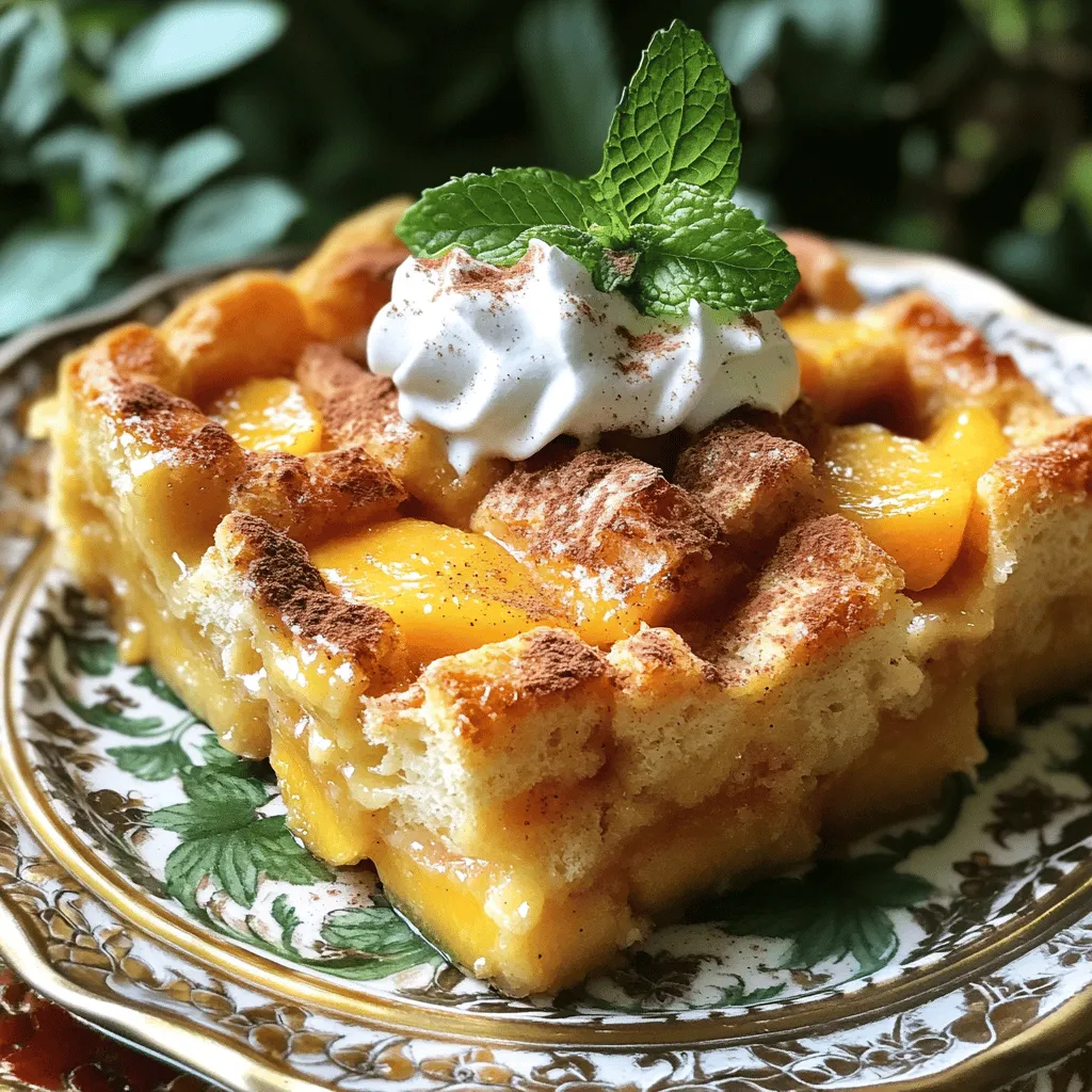 To make Peach Cobbler Bread Pudding, gather these ingredients: - 4 cups day-old bread, cubed (such as challah or brioche) - 2 cups fresh peaches, peeled and sliced (or canned peaches, drained) - 4 large eggs - 2 cups whole milk - 1 cup heavy cream - 1 cup granulated sugar - 1 tablespoon vanilla extract - 1 teaspoon ground cinnamon - 1/4 teaspoon nutmeg - 1/4 teaspoon salt - 1/2 cup brown sugar, packed - 1/4 cup unsalted butter, melted - Whipped cream or vanilla ice cream for serving (optional) You can swap ingredients easily. If you don’t have fresh peaches, use canned peaches. You can also try other fruits like apples or berries. For the bread, any sturdy loaf works. If you want a dairy-free version, use almond milk or coconut milk. Replace heavy cream with coconut cream for a lighter feel. Day-old bread is key in this recipe. Fresh bread can turn mushy and soggy. The older bread absorbs the custard well without losing its shape. This gives your pudding a nice texture. If you have leftover bread, let it sit out overnight. This makes it perfect for soaking. Start by gathering all your ingredients. You will need day-old bread, fresh peaches, and eggs. You will also need milk, cream, sugar, and spices. Prepare a greased 9x13-inch baking dish. Preheat your oven to 350°F (175°C). This temperature will help the pudding bake evenly. 1. In a large bowl, whisk together the eggs, milk, cream, sugar, vanilla, cinnamon, nutmeg, and salt. Mix until it looks smooth. 2. Add the cubed bread to the bowl. Fold the bread into the mixture gently. Let it sit for 10-15 minutes. This helps the bread soak up the custard. 3. If you use fresh peaches, toss them with brown sugar and melted butter. This step adds flavor. 4. In the greased dish, layer half of the soaked bread mixture first. Then, add half of the sliced peaches on top. 5. Next, add the rest of the bread mixture. Finally, add the remaining peaches. Press down gently. This ensures even cooking. 6. Bake for 45-50 minutes. The top should be golden brown. Insert a toothpick in the center. It should come out clean when done. 7. Allow the pudding to cool a bit before serving. This makes the flavors better. 8. Serve warm, topped with whipped cream or ice cream if you like. To check if your peach cobbler bread pudding is done, use the toothpick test. Insert the toothpick into the center. If it comes out clean, it’s ready. The top should also look golden and firm. If it still looks wet, bake it a little longer. Don't rush this step; it ensures a perfect dessert. For more details, check the Full Recipe. To boost the flavor of your peach cobbler bread pudding, try these tips: - Use ripe peaches: Fresh, juicy peaches add sweetness. - Add spices: Cinnamon and nutmeg create warmth and depth. - Soak longer: Let the bread soak in the custard for 15-20 minutes. This helps it absorb more flavor. For a creamy and soft bread pudding, keep these points in mind: - Choose the right bread: Use day-old challah or brioche for a soft texture. - Don’t overbake: Check for doneness with a toothpick. It should come out clean but not dry. - Let it cool: Cooling for a few minutes after baking helps set the pudding so it won't fall apart. Avoid these pitfalls for the best outcome: - Skipping the soaking step: This is key for flavor and texture. - Using fresh bread: Fresh bread can make the pudding too soggy. - Not adjusting sugar: Taste your peaches! If they are sweet, reduce the sugar in the custard. By following these tips, you can elevate your peach cobbler bread pudding to a delightful dessert. For the full recipe, check the link provided. {{image_2}} You can switch out peaches for other fruits. Try using berries, apples, or cherries. Each fruit adds its own taste. For instance, blueberries give a burst of flavor. Apples add a nice crunch. Make sure to adjust the sugar if your fruit is sweeter or tart. To make this dish vegan, swap eggs for flax eggs. Mix one tablespoon of flaxseed meal with three tablespoons of water. Let it sit until it thickens. Use almond or coconut milk instead of dairy. Replace heavy cream with coconut cream for richness. This makes a creamy dessert without dairy. Get creative with flavors! Add nuts like pecans or walnuts for crunch. You can also sprinkle in some spices. Try ginger or cardamom for a twist. If you love chocolate, add some chips into the mix. These additions will make your bread pudding even more special. For more details on ingredients and instructions, check out the Full Recipe. Store any leftover Peach Cobbler Bread Pudding in an airtight container. This keeps it fresh and moist. If you have a large portion, cut it into slices. It will fit better in your fridge this way. Place a piece of plastic wrap on top before sealing. This adds an extra layer of protection against drying out. To reheat, preheat your oven to 350°F (175°C). Place your bread pudding in a baking dish. Cover it with foil to keep it from getting too dry. Heat for about 15-20 minutes. Check to see if it’s warm all the way through. You can also use the microwave. Heat in short bursts of 30 seconds until it’s warm. You can freeze Peach Cobbler Bread Pudding if you want to save some for later. Cut it into slices and wrap each slice in plastic wrap. Then, place the wrapped slices in a freezer bag. Make sure to remove as much air as possible. This helps prevent freezer burn. To enjoy, let it thaw in the fridge overnight before reheating. Check the Full Recipe for more details. Yes, you can use frozen peaches. Just make sure to thaw and drain them first. This keeps the extra water from making your bread pudding soggy. When using frozen peaches, slice them into smaller pieces. This helps them mix well with the bread. You can prepare the bread pudding a day in advance. Mix all the ingredients and put them in the baking dish. Cover it tightly with plastic wrap. You can store it in the fridge overnight. When you are ready to bake, remove it from the fridge. Let it sit at room temperature for about 30 minutes before baking. This helps it cook evenly. You can serve this warm dessert with whipped cream or vanilla ice cream on top. It adds a creamy touch that pairs well with the warm bread pudding. You can also add some fresh peach slices or a sprinkle of cinnamon. For more tips and details, check the Full Recipe for guidance. This article covered the key steps to make a great Peach Cobbler Bread Pudding. We looked at important ingredients, how to prepare them, and baking tips. With these insights, you can make a tasty dessert with the right texture and flavor. Remember to experiment with fruit and variations. Don’t worry if you have questions. The FAQs section will help you out. For detailed guidance, check the full recipe link provided. You’ve got this!
