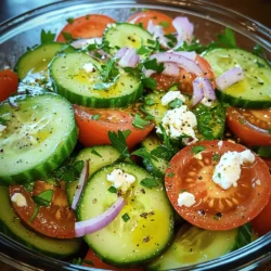 - 2 large cucumbers, thinly sliced - 3 medium ripe tomatoes, chopped - 1/4 red onion, thinly sliced - 1 cup feta cheese, crumbled - 1/4 cup fresh parsley, chopped - 1 teaspoon dried oregano - Salt and black pepper to taste - 2 tablespoons olive oil - 1 tablespoon balsamic vinegar Gathering fresh ingredients is key. Start with cucumbers, ripe tomatoes, and red onion. Slice cucumbers thin for crunch. Chop tomatoes into bite-sized pieces for sweetness. The red onion adds a nice bite to the dish. Next, crumbled feta cheese gives a creamy texture. It also adds a salty flavor that balances the salad. For herbs, fresh parsley is a must. It adds color and freshness. Dried oregano works well too. Don't forget salt and black pepper to enhance all the flavors. Lastly, we need a simple dressing. Olive oil adds smoothness, while balsamic vinegar brings a tangy kick. Mix these with the herbs, salt, and pepper for a bright finish. For the full recipe, refer to the recipe section above. First, grab a large mixing bowl. Combine the sliced cucumbers and chopped tomatoes in it. This is where the magic begins. The colors and textures blend well together. Cucumbers bring a juicy crunch, while tomatoes add a sweet and tangy flavor. This mix forms the base of your salad. Next, incorporate the crumbled feta cheese and thinly sliced red onion into the bowl. Feta adds a creamy, salty taste that enhances the salad. Red onion gives a sharp bite, balancing the flavors. Make sure to mix these ingredients gently. You want to keep the feta intact for that perfect creamy bite. Now, let’s make the dressing. In a small bowl, whisk together the olive oil, balsamic vinegar, dried oregano, salt, and black pepper. This dressing adds a zesty kick. The olive oil smooths everything out, while the vinegar brightens the flavors. Dried oregano brings an earthy note that ties everything together. Pour the dressing over your salad ingredients. Gently toss everything to combine. Be careful with the feta; you don’t want it to crumble too much. This step helps each piece of cucumber and tomato get that tasty dressing. It’s important for the flavors to meld, creating a delicious bite in every spoonful. Finally, sprinkle chopped parsley on top. This adds a burst of color and freshness. Let the salad sit for 10 minutes before serving. This resting time allows the flavors to blend beautifully. Serve it in a clear bowl to showcase its vibrant colors. You can also add a drizzle of olive oil for an appealing shine. Enjoy your fresh and zesty Cucumber Tomato Salad with Feta! For a full recipe, check out the [Full Recipe]. Serve this salad in a clear bowl. This makes the colors pop and looks great. You want your friends to see the fresh green cucumbers and red tomatoes. A sprinkle of parsley on top adds a nice touch. Let the salad sit for about 10 minutes before serving. This helps the flavors blend nicely. You can also drizzle a bit of olive oil just before you serve it. This adds a hint of richness that makes every bite better. Feel free to switch up the onions. Red onions are sweet, but white or yellow can add a sharp bite. You can also add diced bell peppers for extra crunch. This gives the salad more texture and a fun twist. {{image_2}} When you want to mix things up, there are great ways to change this salad. Here are some fun ideas. You can add grilled chicken, shrimp, or chickpeas for added protein. Each option gives the salad a new flavor and makes it heartier. Grilled chicken pairs well with the fresh veggies. Shrimp adds a nice touch, especially if you grill or sauté it. Chickpeas are great if you want a vegetarian option. They add a nice texture and plenty of protein. Try substituting feta with goat cheese or mozzarella for a flavor twist. Goat cheese has a creamy texture and a tangy taste. It will change the salad’s vibe while keeping it fresh. Mozzarella is milder and gives a nice chew. Both options can make your salad interesting and tasty. Incorporate seasonal vegetables like bell peppers or zucchini for a unique touch. Bell peppers add a crunchy texture and sweetness. Zucchini is mild but adds a nice bite when sliced thinly. Using what’s in season can change the flavor and keep the salad exciting. You can experiment with other veggies too, like radishes or corn, to find your favorite mix. For the full recipe, check out the detailed instructions above! Store leftovers in an airtight container in the refrigerator for up to 2 days. This keeps the salad fresh and crisp. Make sure to seal the container well to lock in flavors and moisture. Separate the dressing from the salad until you are ready to serve. This simple step helps keep the vegetables crunchy. When you mix it all together right before serving, the salad will taste fresh and bright. Avoid freezing this salad. The textures of the vegetables and cheese may degrade in the freezer. Freezing can turn cucumbers mushy and make feta crumbly. Enjoy it fresh for the best taste and texture. For more details on making this salad, check the Full Recipe. Yes, you can prepare the salad up to 2 hours ahead. Just remember to add the dressing right before serving. This way, the salad stays fresh and crispy. I recommend using English cucumbers. They have thin skin and fewer seeds, which makes them perfect for salads. Their crunchy texture adds a nice bite to the dish. If you're looking for alternatives, crumbled goat cheese works well. You can also try a dairy-free cheese. Each option offers a unique flavor, making your salad special. This salad combines fresh cucumbers, tomatoes, and feta cheese. Adding parsley, oregano, and olive oil brings out great flavors. Remember to let the salad sit for ten minutes for the best taste. You can also customize it with protein or seasonal vegetables. Store any leftovers in an airtight container and keep the dressing separate. Enjoy the crisp, healthy flavors of this dish. It’s a versatile recipe that you can tweak to fit your taste.