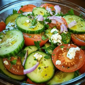 - 2 large cucumbers, thinly sliced - 3 medium ripe tomatoes, chopped - 1/4 red onion, thinly sliced - 1 cup feta cheese, crumbled - 1/4 cup fresh parsley, chopped - 1 teaspoon dried oregano - Salt and black pepper to taste - 2 tablespoons olive oil - 1 tablespoon balsamic vinegar Gathering fresh ingredients is key. Start with cucumbers, ripe tomatoes, and red onion. Slice cucumbers thin for crunch. Chop tomatoes into bite-sized pieces for sweetness. The red onion adds a nice bite to the dish. Next, crumbled feta cheese gives a creamy texture. It also adds a salty flavor that balances the salad. For herbs, fresh parsley is a must. It adds color and freshness. Dried oregano works well too. Don't forget salt and black pepper to enhance all the flavors. Lastly, we need a simple dressing. Olive oil adds smoothness, while balsamic vinegar brings a tangy kick. Mix these with the herbs, salt, and pepper for a bright finish. For the full recipe, refer to the recipe section above. First, grab a large mixing bowl. Combine the sliced cucumbers and chopped tomatoes in it. This is where the magic begins. The colors and textures blend well together. Cucumbers bring a juicy crunch, while tomatoes add a sweet and tangy flavor. This mix forms the base of your salad. Next, incorporate the crumbled feta cheese and thinly sliced red onion into the bowl. Feta adds a creamy, salty taste that enhances the salad. Red onion gives a sharp bite, balancing the flavors. Make sure to mix these ingredients gently. You want to keep the feta intact for that perfect creamy bite. Now, let’s make the dressing. In a small bowl, whisk together the olive oil, balsamic vinegar, dried oregano, salt, and black pepper. This dressing adds a zesty kick. The olive oil smooths everything out, while the vinegar brightens the flavors. Dried oregano brings an earthy note that ties everything together. Pour the dressing over your salad ingredients. Gently toss everything to combine. Be careful with the feta; you don’t want it to crumble too much. This step helps each piece of cucumber and tomato get that tasty dressing. It’s important for the flavors to meld, creating a delicious bite in every spoonful. Finally, sprinkle chopped parsley on top. This adds a burst of color and freshness. Let the salad sit for 10 minutes before serving. This resting time allows the flavors to blend beautifully. Serve it in a clear bowl to showcase its vibrant colors. You can also add a drizzle of olive oil for an appealing shine. Enjoy your fresh and zesty Cucumber Tomato Salad with Feta! For a full recipe, check out the [Full Recipe]. Serve this salad in a clear bowl. This makes the colors pop and looks great. You want your friends to see the fresh green cucumbers and red tomatoes. A sprinkle of parsley on top adds a nice touch. Let the salad sit for about 10 minutes before serving. This helps the flavors blend nicely. You can also drizzle a bit of olive oil just before you serve it. This adds a hint of richness that makes every bite better. Feel free to switch up the onions. Red onions are sweet, but white or yellow can add a sharp bite. You can also add diced bell peppers for extra crunch. This gives the salad more texture and a fun twist. {{image_2}} When you want to mix things up, there are great ways to change this salad. Here are some fun ideas. You can add grilled chicken, shrimp, or chickpeas for added protein. Each option gives the salad a new flavor and makes it heartier. Grilled chicken pairs well with the fresh veggies. Shrimp adds a nice touch, especially if you grill or sauté it. Chickpeas are great if you want a vegetarian option. They add a nice texture and plenty of protein. Try substituting feta with goat cheese or mozzarella for a flavor twist. Goat cheese has a creamy texture and a tangy taste. It will change the salad’s vibe while keeping it fresh. Mozzarella is milder and gives a nice chew. Both options can make your salad interesting and tasty. Incorporate seasonal vegetables like bell peppers or zucchini for a unique touch. Bell peppers add a crunchy texture and sweetness. Zucchini is mild but adds a nice bite when sliced thinly. Using what’s in season can change the flavor and keep the salad exciting. You can experiment with other veggies too, like radishes or corn, to find your favorite mix. For the full recipe, check out the detailed instructions above! Store leftovers in an airtight container in the refrigerator for up to 2 days. This keeps the salad fresh and crisp. Make sure to seal the container well to lock in flavors and moisture. Separate the dressing from the salad until you are ready to serve. This simple step helps keep the vegetables crunchy. When you mix it all together right before serving, the salad will taste fresh and bright. Avoid freezing this salad. The textures of the vegetables and cheese may degrade in the freezer. Freezing can turn cucumbers mushy and make feta crumbly. Enjoy it fresh for the best taste and texture. For more details on making this salad, check the Full Recipe. Yes, you can prepare the salad up to 2 hours ahead. Just remember to add the dressing right before serving. This way, the salad stays fresh and crispy. I recommend using English cucumbers. They have thin skin and fewer seeds, which makes them perfect for salads. Their crunchy texture adds a nice bite to the dish. If you're looking for alternatives, crumbled goat cheese works well. You can also try a dairy-free cheese. Each option offers a unique flavor, making your salad special. This salad combines fresh cucumbers, tomatoes, and feta cheese. Adding parsley, oregano, and olive oil brings out great flavors. Remember to let the salad sit for ten minutes for the best taste. You can also customize it with protein or seasonal vegetables. Store any leftovers in an airtight container and keep the dressing separate. Enjoy the crisp, healthy flavors of this dish. It’s a versatile recipe that you can tweak to fit your taste.
