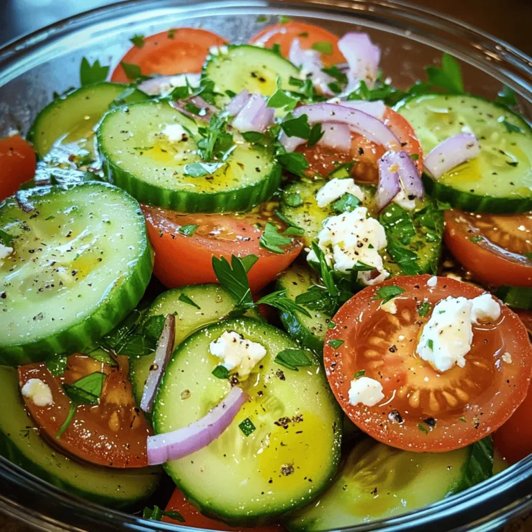 - 2 large cucumbers, thinly sliced - 3 medium ripe tomatoes, chopped - 1/4 red onion, thinly sliced - 1 cup feta cheese, crumbled - 1/4 cup fresh parsley, chopped - 1 teaspoon dried oregano - Salt and black pepper to taste - 2 tablespoons olive oil - 1 tablespoon balsamic vinegar Gathering fresh ingredients is key. Start with cucumbers, ripe tomatoes, and red onion. Slice cucumbers thin for crunch. Chop tomatoes into bite-sized pieces for sweetness. The red onion adds a nice bite to the dish. Next, crumbled feta cheese gives a creamy texture. It also adds a salty flavor that balances the salad. For herbs, fresh parsley is a must. It adds color and freshness. Dried oregano works well too. Don't forget salt and black pepper to enhance all the flavors. Lastly, we need a simple dressing. Olive oil adds smoothness, while balsamic vinegar brings a tangy kick. Mix these with the herbs, salt, and pepper for a bright finish. For the full recipe, refer to the recipe section above. First, grab a large mixing bowl. Combine the sliced cucumbers and chopped tomatoes in it. This is where the magic begins. The colors and textures blend well together. Cucumbers bring a juicy crunch, while tomatoes add a sweet and tangy flavor. This mix forms the base of your salad. Next, incorporate the crumbled feta cheese and thinly sliced red onion into the bowl. Feta adds a creamy, salty taste that enhances the salad. Red onion gives a sharp bite, balancing the flavors. Make sure to mix these ingredients gently. You want to keep the feta intact for that perfect creamy bite. Now, let’s make the dressing. In a small bowl, whisk together the olive oil, balsamic vinegar, dried oregano, salt, and black pepper. This dressing adds a zesty kick. The olive oil smooths everything out, while the vinegar brightens the flavors. Dried oregano brings an earthy note that ties everything together. Pour the dressing over your salad ingredients. Gently toss everything to combine. Be careful with the feta; you don’t want it to crumble too much. This step helps each piece of cucumber and tomato get that tasty dressing. It’s important for the flavors to meld, creating a delicious bite in every spoonful. Finally, sprinkle chopped parsley on top. This adds a burst of color and freshness. Let the salad sit for 10 minutes before serving. This resting time allows the flavors to blend beautifully. Serve it in a clear bowl to showcase its vibrant colors. You can also add a drizzle of olive oil for an appealing shine. Enjoy your fresh and zesty Cucumber Tomato Salad with Feta! For a full recipe, check out the [Full Recipe]. Serve this salad in a clear bowl. This makes the colors pop and looks great. You want your friends to see the fresh green cucumbers and red tomatoes. A sprinkle of parsley on top adds a nice touch. Let the salad sit for about 10 minutes before serving. This helps the flavors blend nicely. You can also drizzle a bit of olive oil just before you serve it. This adds a hint of richness that makes every bite better. Feel free to switch up the onions. Red onions are sweet, but white or yellow can add a sharp bite. You can also add diced bell peppers for extra crunch. This gives the salad more texture and a fun twist. {{image_2}} When you want to mix things up, there are great ways to change this salad. Here are some fun ideas. You can add grilled chicken, shrimp, or chickpeas for added protein. Each option gives the salad a new flavor and makes it heartier. Grilled chicken pairs well with the fresh veggies. Shrimp adds a nice touch, especially if you grill or sauté it. Chickpeas are great if you want a vegetarian option. They add a nice texture and plenty of protein. Try substituting feta with goat cheese or mozzarella for a flavor twist. Goat cheese has a creamy texture and a tangy taste. It will change the salad’s vibe while keeping it fresh. Mozzarella is milder and gives a nice chew. Both options can make your salad interesting and tasty. Incorporate seasonal vegetables like bell peppers or zucchini for a unique touch. Bell peppers add a crunchy texture and sweetness. Zucchini is mild but adds a nice bite when sliced thinly. Using what’s in season can change the flavor and keep the salad exciting. You can experiment with other veggies too, like radishes or corn, to find your favorite mix. For the full recipe, check out the detailed instructions above! Store leftovers in an airtight container in the refrigerator for up to 2 days. This keeps the salad fresh and crisp. Make sure to seal the container well to lock in flavors and moisture. Separate the dressing from the salad until you are ready to serve. This simple step helps keep the vegetables crunchy. When you mix it all together right before serving, the salad will taste fresh and bright. Avoid freezing this salad. The textures of the vegetables and cheese may degrade in the freezer. Freezing can turn cucumbers mushy and make feta crumbly. Enjoy it fresh for the best taste and texture. For more details on making this salad, check the Full Recipe. Yes, you can prepare the salad up to 2 hours ahead. Just remember to add the dressing right before serving. This way, the salad stays fresh and crispy. I recommend using English cucumbers. They have thin skin and fewer seeds, which makes them perfect for salads. Their crunchy texture adds a nice bite to the dish. If you're looking for alternatives, crumbled goat cheese works well. You can also try a dairy-free cheese. Each option offers a unique flavor, making your salad special. This salad combines fresh cucumbers, tomatoes, and feta cheese. Adding parsley, oregano, and olive oil brings out great flavors. Remember to let the salad sit for ten minutes for the best taste. You can also customize it with protein or seasonal vegetables. Store any leftovers in an airtight container and keep the dressing separate. Enjoy the crisp, healthy flavors of this dish. It’s a versatile recipe that you can tweak to fit your taste.