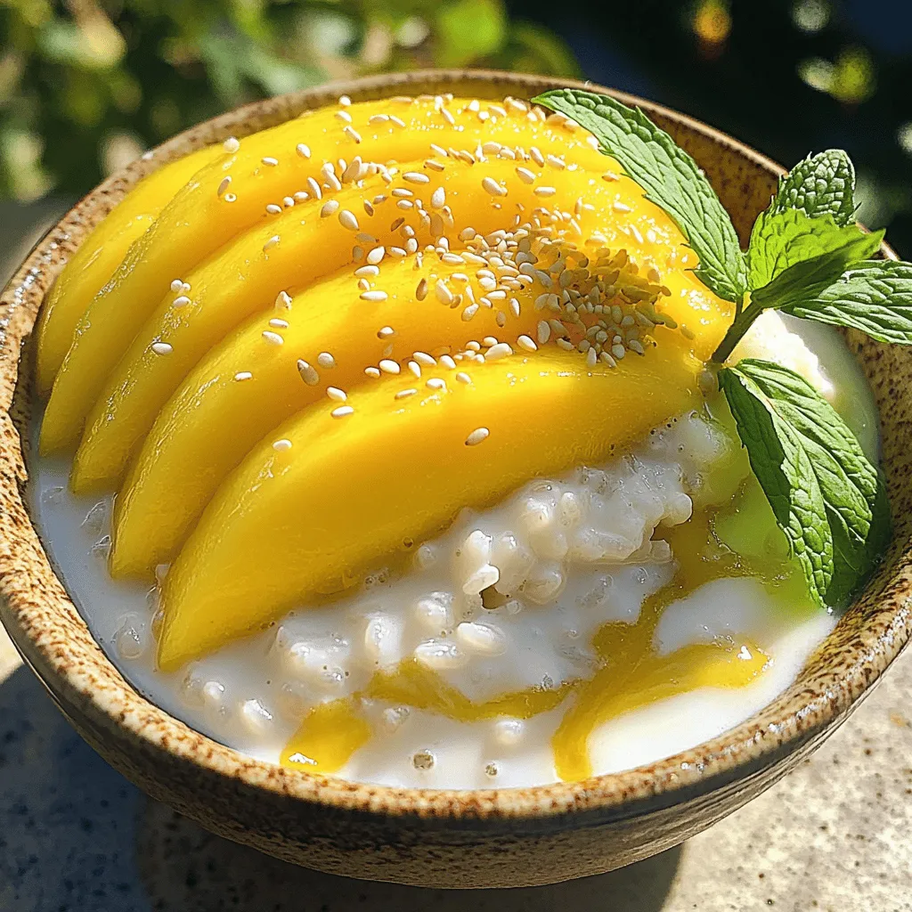 To make mango sticky rice, gather these key ingredients: - 1 cup glutinous rice (sticky rice) - 1 ¼ cups coconut milk - ½ cup sugar - ¼ teaspoon salt - 2 ripe mangoes, peeled and sliced - 2 tablespoons sesame seeds (toasted, for garnish) - Fresh mint leaves (for garnish) These simple ingredients create a sweet and creamy treat. The glutinous rice gives the dish its sticky texture. Coconut milk adds richness and flavor, while mangoes bring a fresh, fruity taste. You will need a few tools to make this dessert: - A steamer basket - A saucepan - A mixing bowl - Cheesecloth or a clean kitchen towel - A serving plate These tools help you cook the rice evenly and mix the ingredients well. A steamer basket is essential for achieving that perfect sticky rice. Choosing the right mangoes is key to this dish. Look for these signs: - Softness: Gently press the mango; it should give slightly. - Color: Ripe mangoes have vibrant colors. - Aroma: A sweet smell near the stem indicates ripeness. Hass and Thai mangoes are great options. They have a sweet flavor that pairs well with the creamy rice. When you select ripe mangoes, your dessert will shine! For the full recipe, follow the steps to create this delightful dish. Start by rinsing the glutinous rice under cold water. Keep rinsing until the water runs clear. This helps remove excess starch. After rinsing, soak the rice in water. Let it soak for at least 4 hours, or overnight for the best texture. Soaking makes the rice soft and chewy. Once the rice has soaked, drain it well. Place the drained rice in a steamer basket lined with cheesecloth. Steam the rice over boiling water for about 30 minutes. You want the rice to become tender and chewy. Check it for doneness as you steam. While the rice steams, make the coconut sauce. In a saucepan, mix coconut milk, sugar, and salt. Use medium heat and stir until the sugar dissolves. Do not let it boil. This keeps the sauce smooth. Set aside ¼ cup of the sauce for later. After steaming, transfer the rice to a mixing bowl. Pour the coconut sauce over the hot rice. Gently stir to combine the rice and sauce. Let it sit for about 15 minutes. This helps the rice absorb the coconut flavor. To plate the dessert, use a serving plate. Create a mound of sticky rice in the center. Place the sliced mangoes neatly beside the rice. This makes for a lovely presentation. Drizzle the reserved coconut sauce over the rice and mango. Sprinkle toasted sesame seeds on top. Add fresh mint leaves for a pop of color. This not only looks great but adds more flavor too. Enjoy your Mango Sticky Rice Delight! To make the best sticky rice, soak it well. I recommend soaking glutinous rice for at least four hours. This helps the grains absorb water. When you steam the rice, it should become soft and chewy. If it feels too hard, try steaming it a bit longer. A good texture is key for this dessert. The coconut sauce is where you can play with flavors. Start with half a cup of sugar in the sauce. If you like it sweeter, add more sugar a little at a time. Always taste as you mix. You can balance sweetness with a pinch of salt. This brings out the coconut flavor. If you want a hint of saltiness, try using flaky sea salt. Mango sticky rice shines on its own, but you can add fun twists. Serve it with fresh fruit like berries or kiwis for color. You can also drizzle on extra coconut sauce for a richer taste. If you want a crunch, sprinkle some toasted nuts on top. For a gourmet touch, serve it in small bowls. This makes it feel special and elegant. {{image_2}} You can easily make this dessert vegan. Instead of coconut milk, try using almond milk or oat milk. These options keep the dish creamy and rich. For the best taste, choose unsweetened varieties. You can also use a mix of these milks for a unique flavor twist. Want to mix things up? You can infuse the coconut sauce with different flavors. Try adding pandan leaves while heating the coconut milk. This will give the sauce a lovely green color and a distinct taste. You can also add a touch of vanilla extract or a squeeze of lime juice for brightness. These small tweaks will make your dessert stand out. Good news for those with gluten issues! This dessert is naturally gluten-free. Just ensure that the rice you use is labeled gluten-free. Most glutinous rice is safe, but always check the packaging. You can also swap regular sugar for coconut sugar to keep it healthy. This way, you can enjoy a tasty treat without worry. For more details on how to make this dish, check the Full Recipe. Store leftover mango sticky rice in an airtight container. Keep it in the fridge to maintain freshness. Make sure to let it cool before sealing it. This helps prevent moisture buildup. To reheat, place the sticky rice in a microwave-safe bowl. Add a tablespoon of coconut milk for moisture. Cover the bowl with a damp paper towel. Heat in short bursts of 15 seconds. Stir in between to ensure even heating. This keeps the rice soft and tasty. Mango sticky rice can last in the fridge for about 2 to 3 days. After that, the flavors might fade. For the best taste, eat it fresh. If you notice any off smells or changes in texture, it’s best to discard it. Enjoy your mango sticky rice dessert while it’s at its best! Glutinous rice, also called sticky rice, is unique. It has a higher starch content. This makes it chewy and sticky when cooked. Regular rice has less starch and stays fluffy. When you make Mango Sticky Rice Dessert, glutinous rice gives it that perfect texture. It clumps together, making it easy to eat with the mango. Yes, you can use frozen mangoes! Just make sure to thaw them first. Fresh mangoes taste best, but frozen ones work too. They are great when fresh mangoes are out of season. If you use frozen fruit, let them sit out until soft. Then slice them and add to your dessert. To make Mango Sticky Rice Dessert ahead of time, prepare the rice and coconut sauce first. Store them separately in the fridge. You can slice the mangoes just before serving. This keeps them fresh. When you’re ready to serve, warm the rice slightly and combine with the sauce. This dessert can be served warm or cold. Warm rice gives a comforting feel. Cold rice offers a refreshing taste, especially on hot days. Many people enjoy it chilled, but I like it warm with fresh mango. You can try both ways to see what you prefer! You can find glutinous rice at Asian grocery stores. Coconut milk is often available in regular supermarkets. Look for ripe mangoes at local markets or fruit stands. For garnishes like sesame seeds and mint, check grocery stores or specialty shops. All ingredients are easy to find, making this dessert fun to make. For the full recipe, visit the recipe section above. Mango sticky rice is a simple yet delightful dessert. You learned about the key ingredients, tools, and tips for picking sweet mangoes. I shared step-by-step instructions, from cooking the rice to making coconut sauce. We also explored fun variations and helpful storage tips. This dessert is easy to customize and perfect for any occasion. With practice, you can create a sweet treat that wows everyone. Enjoy making mango sticky rice and share it with friends!