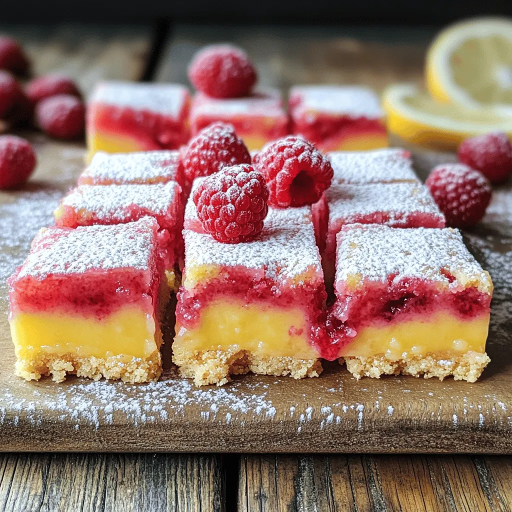To make Raspberry Lemonade Bars, you need a few simple ingredients. Here’s the list: - 1 cup all-purpose flour - 1/2 cup powdered sugar - 1/2 cup unsalted butter, softened - 1/4 teaspoon salt - 2 large eggs - 1 cup granulated sugar - 1/4 cup fresh lemon juice - 1 tablespoon lemon zest - 1 cup fresh raspberries (or frozen, thawed) - 1/4 teaspoon baking powder - Additional powdered sugar for dusting For gluten-free options, you can swap the all-purpose flour with a gluten-free blend. Make sure the blend has a 1:1 ratio for best results. This works well and keeps the taste fresh. When selecting fresh raspberries, look for bright red color and plumpness. Avoid any that are mushy or have mold. For lemons, choose ones that feel heavy for their size. A firm lemon often has more juice. This recipe combines these ingredients to create a sweet and tangy treat. You can find the full recipe to guide you through the steps. 1. Preheat your oven to 350°F (175°C). Grab an 8x8-inch baking pan. Grease it well and line it with parchment paper. Leave some paper hanging over the sides. This helps you lift out the bars later. 2. Make the crust: In a medium bowl, combine 1 cup of all-purpose flour, 1/2 cup of powdered sugar, 1/2 cup of softened unsalted butter, and 1/4 teaspoon of salt. Mix until the dough looks crumbly. Press this mixture firmly into the bottom of your prepared pan. 3. Bake the crust for about 15-18 minutes. It should be lightly golden when done. Once baked, take it out of the oven and let it cool a bit while you prepare the filling. 4. Prepare the filling: In a large bowl, whisk together 2 large eggs, 1 cup of granulated sugar, 1/4 cup of fresh lemon juice, 1 tablespoon of lemon zest, and 1/4 teaspoon of baking powder. Make sure everything mixes well. 5. Folding in raspberries: Gently add 1 cup of fresh raspberries to the egg mixture. Be careful not to squish them too much. You want to keep some of their shape for the best look and taste. 6. Pour the filling over the pre-baked crust. Spread it evenly across the top. 7. Bake again for another 20-25 minutes. The filling should be set and feel slightly firm when you touch it lightly. 8. Cool completely: After baking, let the bars cool in the pan on a wire rack. This step is key to getting the right texture. 9. Cut and serve: Once the bars are cool, lift them out using the parchment paper. Cut into squares and dust with extra powdered sugar before serving. For a complete guide, check the Full Recipe. To make the best raspberry lemonade bars, aim for a smooth filling. Here are key tips to help you succeed: - Use fresh ingredients: Fresh raspberries and lemons give the best flavor. Look for bright-colored, firm raspberries and juicy lemons. - Mix well: Whisk the eggs and sugar until light and fluffy. This helps the bars rise well. - Don’t overmix: When adding raspberries, fold them gently. This keeps them intact and adds texture. Common mistakes can ruin your bars. Here are some to watch out for: - Skipping the crust: The crust is key for texture. Don’t rush this step; press it firmly into the pan. - Not cooling the crust: Let the crust cool slightly before adding the filling. This helps keep layers separate. - Overbaking: Bake until the filling is set but still slightly jiggly in the middle. It will firm up as it cools. For even baking, follow these tips: - Preheat the oven: Always preheat your oven. This ensures that your bars bake evenly. - Use the right pan: An 8x8-inch pan works best for even thickness. Avoid using a larger pan. - Check on them: Rotate the pan halfway through baking. This helps all sides cook evenly. For the full recipe, be sure to check out the detailed steps. Enjoy making your delicious raspberry lemonade bars! {{image_2}} Raspberry lemonade bars are so fun to change up! You can swap out raspberries for other fruit. Try using blueberries or strawberries for a different taste. Both fruits pair well with lemon and add a nice color. You can also add more flavors to your bars. A hint of coconut can give a tropical feel. You might also enjoy fresh mint leaves for a refreshing twist. Just chop the mint finely and mix it in the filling. If you want to make these bars vegan or dairy-free, it’s easy! Use a plant-based butter in place of regular butter. You can replace eggs with flaxseed meal or applesauce. This keeps the texture and flavor nice and yummy. For a complete guide on making these delicious treats, check the Full Recipe. To keep your Raspberry Lemonade Bars fresh, start by cooling them completely. Once cooled, I recommend cutting them into squares. This makes it easy to grab one when you want a treat. Use an airtight container to store the bars. You can line the container with parchment paper. This helps prevent sticking. A glass or plastic container works well. If you want to keep them longer, freezing is a great option. Wrap each square tightly in plastic wrap. Then place them in a freezer-safe bag or container. This keeps them fresh for up to three months. When you’re ready to enjoy, simply take out a square and let it thaw at room temperature. If you're in a hurry, you can microwave it for a few seconds. Just be careful not to overheat it. For a complete guide on making these delicious bars, check the Full Recipe. How long do Raspberry Lemonade Bars last? Raspberry Lemonade Bars stay fresh for about four days. Store them in an airtight container. Keep them in the fridge to help them last longer. The flavor only gets better as the bars chill. Can I make Raspberry Lemonade Bars ahead of time? Yes, you can make these bars a day or two ahead. This makes them great for parties or gatherings. Just bake them, cool, and store them in the fridge until you serve them. What should I serve with Raspberry Lemonade Bars? These bars pair well with a simple scoop of vanilla ice cream. You can also serve them with fresh berries on the side. A dollop of whipped cream adds a nice touch. For a complete guide, check out the Full Recipe for all the details! Raspberry Lemonade Bars are simple to make and offer bright, refreshing tastes. The post covers ingredients, steps, and tips to craft the perfect treat. You can customize the bars to fit your tastes or dietary needs. Proper storage keeps them fresh for longer. Remember, the full recipe gives you all the details you need. Enjoy making and sharing these delicious bars that will impress your friends and family.