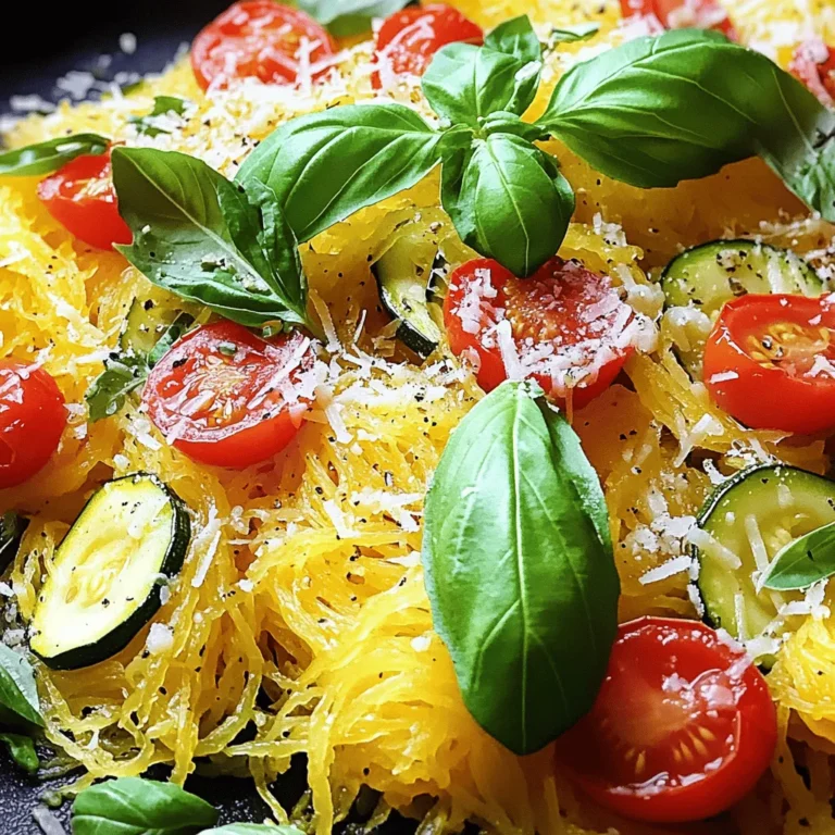 To make a delicious spaghetti squash primavera, you'll need these main ingredients: - 1 medium spaghetti squash - 1 tablespoon olive oil - 1 small onion, diced - 2 cloves garlic, minced - 1 red bell pepper, sliced - 1 zucchini, sliced - 1 cup cherry tomatoes, halved - 1 cup broccoli florets - 1 teaspoon dried Italian herbs - Salt and pepper to taste You can also add optional ingredients for extra flavor, like: - 1/4 cup grated Parmesan cheese - Fresh basil leaves for garnish Each serving of spaghetti squash primavera has about 150 calories. It’s low in carbs and high in fiber. This dish is rich in vitamins A and C, plus potassium and folate. These nutrients help support your immune system and keep your skin healthy. When picking a spaghetti squash, look for one that feels heavy for its size. The skin should be a pale yellow or golden color. Avoid any that have soft spots. For the vegetables, choose fresh and firm options. Sweet bell peppers and zucchini bring great flavor. Broccoli adds crunch and color. You can mix in seasonal veggies for variety. First, preheat your oven to 400°F (200°C). Take the medium spaghetti squash and cut it in half lengthwise. Use a spoon to scoop out the seeds. Drizzle olive oil inside each half and sprinkle with salt and pepper. Place the halves cut side down on a parchment-lined baking sheet. Roast them in the oven for 40 to 50 minutes. When finished, the flesh should be soft and easily scraped into strands with a fork. While the squash roasts, heat olive oil in a large skillet over medium heat. Add the diced onion and minced garlic. Sauté them until the onion turns clear, about 3 to 4 minutes. Next, toss in the sliced bell pepper, zucchini, cherry tomatoes, and broccoli. Add dried Italian herbs, and cook for another 5 to 7 minutes. The veggies should be tender, yet still crisp. Once the spaghetti squash is done, take it out of the oven and let it cool slightly. Use a fork to scrape the squash into strands. Add these strands to the skillet with your sautéed veggies. Gently mix everything together, adding salt and pepper to taste. Let it cook on low heat for 2 to 3 minutes to blend the flavors. Serve your spaghetti squash primavera hot. You can add Parmesan cheese and fresh basil leaves for a nice touch. For the complete guide, check the Full Recipe. To cook spaghetti squash, the best method is roasting. This brings out its natural sweetness. Preheat the oven to 400°F (200°C). Cut the squash in half and scoop out the seeds. Drizzle olive oil inside and season with salt and pepper. Place it cut side down on a baking sheet. Roast for 40-50 minutes until tender. If you're short on time, you can use a microwave. Cut the squash in half and place it in a microwave-safe dish with a bit of water. Cover it with plastic wrap and microwave for about 10-12 minutes. Check for doneness, and it should be soft enough to scrape into strands. For a complete meal, serve spaghetti squash primavera with garlic bread or a fresh salad. Garlic bread adds a nice crunch and flavor. A light salad can balance the dish and add freshness. When plating, use a large bowl or plate. Spoon the squash and veggies onto one side. Garnish with grated Parmesan and fresh basil leaves. This adds color and makes it look appetizing. One common mistake is overcooking the vegetables. They should be tender but still crisp. Keep an eye on them while sautéing. Another mistake is not seasoning properly. Taste your dish as you cook. Adjust salt and pepper as needed for the best flavor. A little seasoning can make a big difference. For the full recipe on how to prepare this delightful dish, refer to the [Full Recipe]. {{image_2}} You can switch up the veggies in spaghetti squash primavera based on what’s fresh. In spring, use asparagus and peas for a vibrant touch. In summer, cherry tomatoes and bell peppers shine. Fall brings squash and kale, while winter offers hearty root veggies. You can also add spices like cumin or paprika for an extra kick. A splash of soy sauce or balsamic vinegar can boost the flavor profile too. To make this dish vegan, simply omit the Parmesan cheese or replace it with a plant-based option. For a gluten-free version, this recipe is already safe. You can also make it low-carb by skipping the squash and using spiralized zucchini or cauliflower rice instead. These swaps keep the dish light while still being filling. If you have a crowd, double the recipe with ease. Just roast two spaghetti squashes and increase the veggie amounts. For meal prep, store the cooked squash and veggies separately. This way, you can enjoy fresh meals all week long. Leftovers can last in the fridge for up to four days. You can also freeze them for a quick meal later. For the full recipe, check out the cooking instructions above. To keep your spaghetti squash primavera fresh, use airtight containers. Store leftovers in the fridge within two hours of cooking. If you want to freeze it, let it cool first. Use freezer-safe bags or containers. Label them with the date. This will help you remember when you made it. When reheating spaghetti squash primavera, use a skillet over medium heat. Add a splash of olive oil to avoid dryness. Stir gently to warm it up evenly. If you use a microwave, place it in a microwave-safe dish. Cover it with a damp paper towel to keep moisture in. This prevents sogginess. In the fridge, spaghetti squash primavera lasts about three to four days. In the freezer, it can stay fresh for up to three months. Check for signs of spoilage, such as a sour smell or mold. If any appear, it's best to toss it out. Keeping an eye on these details helps you enjoy your dish longer. For the complete recipe, check out the Full Recipe. Spaghetti squash is a type of winter squash. When you cook it, the flesh turns into strands. These strands resemble spaghetti, making it a fun pasta substitute. You can use it in many dishes, just like you would with regular pasta. It has a mild flavor, so it takes on the taste of sauces well. This makes it a great base for dishes like spaghetti squash primavera. Yes, you can prepare spaghetti squash primavera ahead of time. First, cook the squash and veggies as usual. Let them cool, then store them in airtight containers. You can keep them in the fridge for up to three days. When you are ready to eat, simply reheat the dish. But be careful not to overcook the veggies again. This way, you enjoy a quick meal without losing taste. Spaghetti squash is very healthy. It has fewer calories than regular pasta, making it a great option for many diets. It is high in vitamins A and C, which help your immune system. Many people think it lacks fiber, but it actually has a good amount. This helps with digestion and keeps you full. So, if you swap out regular pasta for spaghetti squash, you still get a satisfying meal. In this article, we explored the delicious world of spaghetti squash primavera. We covered key ingredients, cooking techniques, and variations to fit any diet. I shared tips on selecting fresh produce and avoiding common cooking mistakes. Cooking with spaghetti squash is fun and healthy. It’s a great way to enjoy meals while keeping them light. I hope you feel inspired to try this dish and customize it to your taste. Enjoy your cooking adventure!