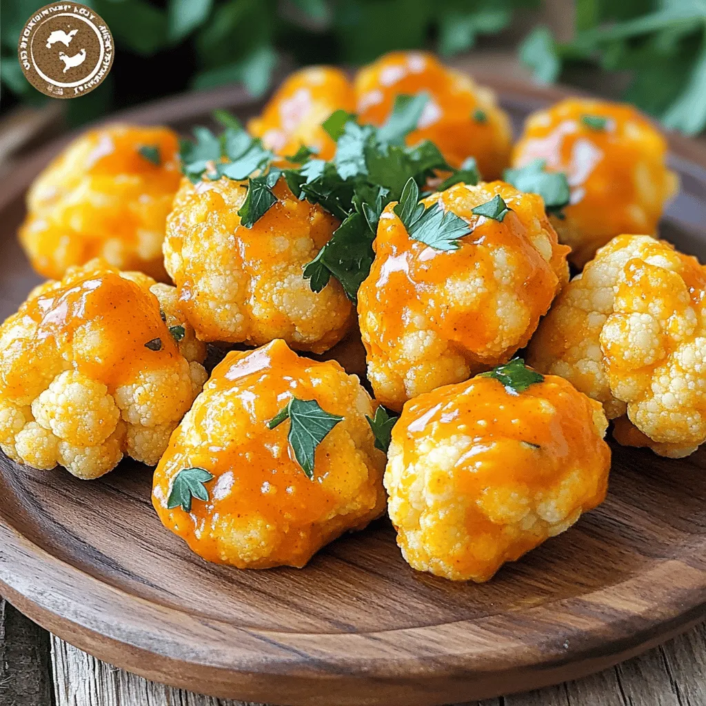 - 1 medium head of cauliflower, cut into bite-sized florets - 1 cup all-purpose flour - 1 cup water - 1 teaspoon garlic powder - 1 teaspoon onion powder - 1 teaspoon smoked paprika - 1/2 teaspoon salt - 1/2 teaspoon black pepper - 1 teaspoon cayenne pepper (adjust to taste) - 1/2 cup buffalo sauce - 1 tablespoon olive oil - Fresh parsley, chopped (for garnish) Gather these ingredients before you start. The cauliflower gives a great base for this fun snack. The flour and water mix creates a smooth batter that coats the florets well. The seasonings add a burst of flavor, making each bite delicious. Adjust the cayenne pepper if you want more or less heat. The buffalo sauce brings that classic kick and tang. Finally, a sprinkle of fresh parsley makes your dish pop with color. You can find the full recipe in the article above. - In a mixing bowl, whisk together the flour, water, garlic powder, onion powder, smoked paprika, salt, black pepper, and cayenne pepper until smooth. This mixture will coat the cauliflower well and give it flavor. - Next, take your cauliflower florets and dip them into the batter. Make sure each piece is well coated. Shake off any extra batter to avoid sogginess. - Preheat your air fryer to 400°F (200°C). This step helps in achieving that perfect crunch. - Arrange the coated cauliflower bites in the air fryer basket. Lay them in a single layer, so they cook evenly. If needed, cook in batches. - Air fry the cauliflower for 12-15 minutes. Don’t forget to shake the basket halfway through to ensure even cooking. You want them to be golden and crispy. - After frying, place the crispy bites in a large mixing bowl. Pour in the buffalo sauce and toss until every bite is coated. This adds that fiery kick we all love. - Return the coated cauliflower bites to the air fryer. Cook for an additional 5 minutes. This step helps set the buffalo sauce, giving you an extra burst of flavor. Now you’re ready to enjoy your Air Fryer Cauliflower Buffalo Bites! For the complete recipe, check out the Full Recipe. - Use a non-stick spray to help the bites cook evenly. - Shake the basket halfway through cooking to ensure even crispiness. Getting that perfect crunch is key. By using non-stick spray, you prevent sticking and burning. Shaking the basket halfway helps all sides cook well, giving you a nice crisp. - Adjust cayenne pepper to control the heat level. - Let the bites rest a few minutes after cooking for extra crunch. The spice level can change the whole dish. If you love heat, add more cayenne. If not, use less. After cooking, resting the bites lets them firm up, making them even crunchier. - Serve with fresh celery sticks for a cool crunch. - Pair with ranch or blue cheese dressing for dipping. These bites are great on their own, but pairing them with celery adds freshness. Dipping in ranch or blue cheese dressing brings a creamy contrast that elevates the flavors. For the full recipe, check out the complete guide. {{image_2}} You can switch up the sauce. Try barbecue sauce for a sweet twist. It adds a fun flavor to your bites. You might also want to use a vegan-friendly hot sauce. This option keeps the dish plant-based while still being spicy. Feel free to get creative with spices! You can add cumin or chili powder for a different taste. These spices bring warmth and depth. If you love cheese, mix some into the batter. This will give you a cheesy version that is just as tasty. If you prefer baking, it’s easy to adapt. Preheat your oven to 425°F (220°C). Place the coated cauliflower on a baking sheet lined with parchment paper. Bake for about 25-30 minutes, flipping halfway through. This will help achieve a similar crispiness to the air fryer method. For the best results, keep an eye on them to avoid overcooking. To store your leftover cauliflower buffalo bites, let them cool fully. Place them in an airtight container. This keeps them fresh. They stay good in the fridge for about 3 to 4 days. Enjoy them later as a tasty snack or meal addition! Want to save some for later? You can freeze these bites! First, let them cool completely. Then, place them in a single layer on a baking sheet. Freeze until solid, about 1 hour. Once frozen, transfer them to a freezer-safe bag. They will stay fresh for about 2 to 3 months. When you're ready to eat, reheating is key. For the best crispiness, use your air fryer. Preheat it to 400°F (200°C). Cook the bites for about 5 to 7 minutes. They will come out hot and crispy! If you use a microwave, they may get soggy. The microwave is faster but not as crispy. So, stick with the air fryer for that perfect crunch. Yes, you can make these bites gluten-free! Instead of all-purpose flour, use gluten-free flour like almond flour or chickpea flour. These options will still give you a great texture. Just mix the gluten-free flour with the same amount of water and seasoning as the original recipe. You can also try using cornstarch for an extra crispy bite! To adjust the spice level, you can change the amount of cayenne pepper in the batter. If you want it spicier, add more cayenne. For a milder taste, reduce the cayenne or leave it out entirely. Another option is to use a different hot sauce for the coating. Some sauces are milder, which can help you create your perfect balance of heat. Yes, you can prep these bites ahead of time! Cut the cauliflower and coat it with the batter. Then, place them in a single layer on a baking sheet. Cover and store them in the fridge for up to a day. When you're ready to cook, just air fry them straight from the fridge. This method saves time and makes for a quick snack! This recipe gives you a tasty, spicy treat that you can easily make at home. You learned how to air fry cauliflower bites and coat them in buffalo sauce. Adjust the spice level to your taste and experiment with different sauces for new flavors. Whether you enjoy them right away or save them for later, these bites are sure to please. Use the tips shared to achieve the best results every time. Get ready to enjoy a fun snack that's both crispy and full of flavor!