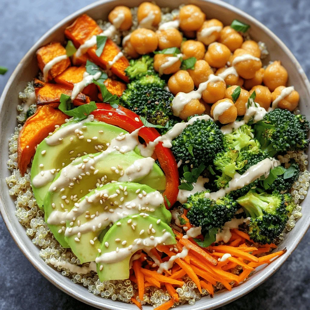 To make a tasty Vegan Buddha Bowl, gather these fresh ingredients: - 1 cup quinoa, rinsed - 2 cups vegetable broth - 1 cup chickpeas, cooked or canned - 1 cup sweet potato, diced - 1 cup broccoli florets - 1 avocado, sliced - 1 red bell pepper, thinly sliced - ½ cup shredded carrots - ¼ cup tahini - 2 tablespoons lemon juice - 1 tablespoon maple syrup - 1 tablespoon olive oil - 1 teaspoon garlic powder - Salt and pepper to taste - Fresh herbs (like cilantro or parsley) for garnish You can use fresh or canned chickpeas in this dish. Fresh chickpeas take longer to cook. If you choose canned ones, rinse them well. This helps reduce sodium and improves taste. Canned options save time and are often just as nutritious. Both choices provide protein and fiber, making them great for your bowl. The ingredients in this Vegan Buddha Bowl offer many health benefits: - Quinoa is a complete protein, meaning it has all essential amino acids. - Sweet potatoes provide vitamin A and fiber for good digestion. - Broccoli is rich in vitamins C and K, boosting your immune system. - Avocado adds healthy fats that keep you full longer. - Tahini is a good source of calcium and magnesium, supporting bone health. This dish is not just colorful; it's also packed with nutrients to keep you energized! For the full recipe, check the main text above. To make a Vegan Buddha Bowl, follow these easy steps. You will have a tasty and colorful meal. Start by rinsing 1 cup of quinoa. Place the quinoa in a medium pot. Add 2 cups of vegetable broth. Bring it to a boil over high heat. Once it boils, lower the heat and cover the pot. Let it simmer for about 15 minutes. The quinoa will be fluffy when done. Remove it from the heat and let it sit for a few minutes before fluffing it with a fork. Next, let's roast the veggies. Preheat your oven to 400°F (200°C). Line a baking sheet with parchment paper. Dice 1 cup of sweet potato and toss it with 1 tablespoon of olive oil, 1 teaspoon of garlic powder, salt, and pepper. Spread the sweet potatoes on the baking sheet. Roast them in the oven for 15 minutes. After 15 minutes, add 1 cup of broccoli florets to the baking sheet. Continue roasting for another 10 minutes. The veggies should be tender and slightly caramelized. This step brings out their natural sweetness. Now it's time to assemble your Buddha bowl! Divide the cooked quinoa among serving bowls. Next, arrange the roasted sweet potatoes, broccoli, 1 cup of chickpeas, sliced avocado, red bell pepper, and shredded carrots in sections over the quinoa. Drizzle the tahini dressing, made from ¼ cup of tahini, 2 tablespoons of lemon juice, and 1 tablespoon of maple syrup, over the top. For a beautiful finish, garnish with fresh herbs like cilantro or parsley. Use wide, shallow bowls to show off the colorful toppings. You can also sprinkle some sesame seeds for extra crunch. This recipe, found in the Full Recipe section, is quick and easy, making it perfect for any meal! To make a smooth tahini dressing, start with good tahini. Mix it in a bowl. Add lemon juice and maple syrup. Then, slowly add water a little at a time. Stir until it gets creamy. If it’s too thick, add more water. If it’s too thin, add more tahini. This balance makes your dressing just right for drizzling. Store your Buddha bowl leftovers in an airtight container. Keep the tahini dressing separate to avoid sogginess. The quinoa and veggies stay fresh for up to three days in the fridge. If you want to save the avocado, add it fresh when you serve the bowl again. This keeps it green and tasty. Cook quinoa and roast veggies ahead of time. You can make a big batch and store them. This way, you can easily mix and match for quick meals. Also, prep your tahini dressing and store it in the fridge. This makes it easy to grab when you need it. Just shake or stir before using! For more great ideas, check out the Full Recipe. {{image_2}} If you want a gluten-free Vegan Buddha Bowl, quinoa is a great choice. It's naturally gluten-free and packed with protein. Instead of quinoa, you can use brown rice or millet. Both options work well. For the dressing, use a gluten-free soy sauce if you prefer a different flavor. To boost protein in your bowl, add more chickpeas or use lentils. Tofu is another excellent choice. You can bake or sauté it for extra flavor. Tempeh also adds protein and a nutty taste. Consider using edamame for a fresh twist. Seasonal ingredients can change your Buddha bowl's flavor. In spring, add asparagus or peas for a fresh touch. In summer, use ripe tomatoes or zucchini. Fall is perfect for roasted root veggies like carrots or beets. In winter, kale and Brussels sprouts shine. Always use fresh, local produce when possible for the best taste. For a complete guide, refer to the Full Recipe. After enjoying your Vegan Buddha Bowl, store any leftovers in airtight containers. This keeps your food fresh and tasty. Let the dish cool before sealing it up. You can also separate the dressing to keep flavors bright. Most ingredients in your bowl will last well in the fridge. Here’s a quick guide: - Cooked quinoa: 3-5 days - Roasted sweet potatoes and broccoli: 3-5 days - Chickpeas: 3-5 days if cooked; longer if canned - Fresh avocado: 1-2 days, best eaten fresh - Tahini dressing: 1 week in the fridge When reheating, do it gently to keep flavors and textures intact. Use a stovetop or microwave. For best results: - Quinoa and vegetables: Add a splash of water or broth before reheating. - Chickpeas: Heat them in a pan to keep some crunch. - Tahini dressing: Stir in a bit of water to thin it if needed before drizzling it back on your bowl. You can find the full recipe to make this delightful dish from scratch. You can use almond butter or sunflower seed butter instead of tahini. Both options give a creamy texture. If you want a nut-free choice, try using yogurt made from coconut. These substitutes will change the flavor a bit, but they work well. Yes, you can make this bowl ahead of time! Cook the quinoa and roast the veggies. Store them in separate containers. You can keep them in the fridge for about five days. Just assemble the bowl when you're ready to eat. This makes meal prep quick and easy. Absolutely! You can add or swap any toppings you like. Try adding kale, spinach, or your favorite nuts. You can also use different beans, like black beans or lentils. The more colorful and varied, the better! To boost protein, add more chickpeas or include tofu or tempeh. You can also sprinkle some hemp seeds or chia seeds on top. These options will help you feel full and satisfied. Enjoy experimenting with different combinations! For the full recipe, check out the complete steps in my Vegan Buddha Bowl guide! This blog post shared how to make a delicious Vegan Buddha Bowl. We explored key ingredients, cooking steps, and tips for the best results. Nutrition and storage advice added extra value. You can have fun with variations and personalize your bowl to match your tastes. Remember to enjoy your meal prep and try new combinations. A nutritious, flavorful dish is now within your reach. Dive in, create your bowl, and nourish your body!