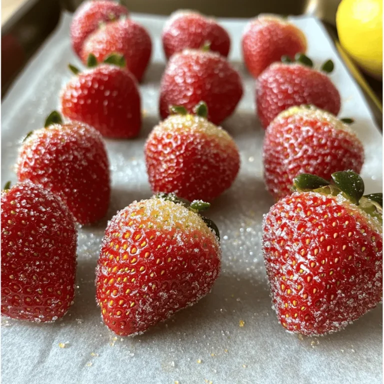 To make candied strawberries, you need a few key items: - 1 pound fresh strawberries, hulled and washed - 1 cup granulated sugar - 1/2 cup water - 1 tablespoon lemon juice - 1/2 teaspoon vanilla extract - Pinch of salt These ingredients create a sweet syrup that coats the strawberries. Fresh strawberries work best because they are juicy and bright. You can add some fun flavors or colors to your strawberries. Here are a few ideas: - Food coloring for a vibrant look - Different extracts like almond or orange - Sprinkles for extra fun These additions can make your candied strawberries even more special. Choosing the right strawberries is key. Here are some tips: - Look for bright red, shiny berries. - Avoid any that are dull or have dark spots. - Check for firmness; they should feel solid, not mushy. - Smell them; fresh strawberries have a sweet scent. Using ripe, fresh strawberries makes your candied strawberries taste even better. For the full recipe, refer to the earlier section. Start by washing 1 pound of fresh strawberries. Make sure to hull them first. After washing, dry them well on a clean towel. This step is key. If the strawberries are wet, the sugar won’t stick. Set them aside while you prepare the sugar syrup. In a medium saucepan, add 1 cup of granulated sugar and 1/2 cup of water. Pour in 1 tablespoon of lemon juice and a pinch of salt. Place the pan over medium heat. Stir the mixture until the sugar fully dissolves. Then, stop stirring and let it boil. Keep an eye on it and use a candy thermometer. You want the syrup to reach 230°F (110°C). This is known as the soft-ball stage. When it reaches this point, remove it from the heat. Stir in 1/2 teaspoon of vanilla extract for extra flavor. Now, it’s time to coat the strawberries. Dip each one into the hot syrup. Let any excess syrup drip back into the pot. Place the coated strawberries on a parchment-lined baking sheet. Allow them to cool at room temperature for about 15-20 minutes. This lets the coating harden nicely. Enjoy your sweet treat! You can find the Full Recipe for more details. To get that shiny, hard coating, start with dry strawberries. Use a towel to remove any water. Next, heat the sugar syrup until it reaches 230°F. This is the soft-ball stage. Dip each strawberry quickly into the syrup. Allow excess syrup to drip off before placing them on parchment paper. This step makes a big difference in the final look. One common mistake is not drying the strawberries well. If they are wet, the syrup won't stick. Another mistake is stirring the syrup once it starts to boil. This can cause crystallization. Always use a candy thermometer to check the temperature. Do not skip this step, or you may end up with a syrup that won't harden properly. To add more flavor, try infusing the syrup. You can add herbs like mint or basil while heating. Just remove them before dipping the strawberries. Adding a splash of lemon juice gives a nice tang. You can also mix in flavored extracts, like almond or orange, to make the taste unique. This way, each batch of candied strawberries can be a new experience! {{image_2}} You can make chocolate-covered candied strawberries for a sweet twist. After you dip the strawberries in syrup, let them set for a few minutes. Then, melt dark, milk, or white chocolate. Dip each strawberry into the melted chocolate, letting any extra drip off. Place them on parchment paper to cool. The chocolate adds a rich flavor that pairs well with the sweetness of the candy. If you want to change the flavor, try adding different extracts to the syrup. Almond extract brings a nutty taste, while orange or lemon zest adds a citrus kick. You can also try spices like cinnamon or nutmeg for a warm touch. These flavors can make your candied strawberries unique and delightful. For added texture, consider using nuts or coconut as coatings. After dipping in syrup, roll the strawberries in chopped nuts, like almonds or pecans. Shredded coconut also works well for a tropical vibe. These coatings not only look pretty but also give a nice crunch to each bite. You can mix and match to create your own special treat. To store candied strawberries, you need an airtight container. Place the strawberries in a single layer. If you stack them, the coating may stick together. Cover the container tightly to keep air out. This helps maintain their crunchy texture. For the best freshness, keep candied strawberries at room temperature. Avoid the fridge, as moisture can ruin the coating. If you need to store them longer, use wax paper between layers. This prevents sticking and keeps them looking great. Candied strawberries can last about 3 to 5 days. After this, they may lose their crispness. If you see any signs of moisture, eat them right away. It's best to enjoy them fresh for the ultimate taste experience. For the full recipe, check out the Sweet Strawberry Bliss section! You know the syrup is ready when it reaches 230°F (110°C). This is called the soft-ball stage. You can check this with a candy thermometer. The syrup should look thick and syrupy. If it is too runny, it needs more time. I recommend using fresh strawberries for the best results. Frozen strawberries can be mushy and may not hold their shape. If you only have frozen ones, let them thaw completely. Pat them dry before using them. This will help with the sugar coating. Candied strawberries can last up to three days at room temperature. Store them in a cool, dry place. It is best to keep them covered lightly with a cloth. If you put them in the fridge, they may lose their crunch. Yes, you can easily make a larger batch! Just double or triple the ingredients. Make sure to have enough space on your baking sheet. Coat each strawberry well so that they all get a nice layer of syrup. Follow the same steps from the Full Recipe for best results. In this post, we covered how to make delicious candied strawberries. You learned about key ingredients, preparation steps, and useful tips for the best results. We explored yummy variations and how to store your treats for lasting enjoyment. Remember, using fresh strawberries and avoiding common mistakes can make a big difference. Enjoy making these sweet snacks, and don’t be afraid to experiment with flavors and coatings. They are fun to share and easy to love!