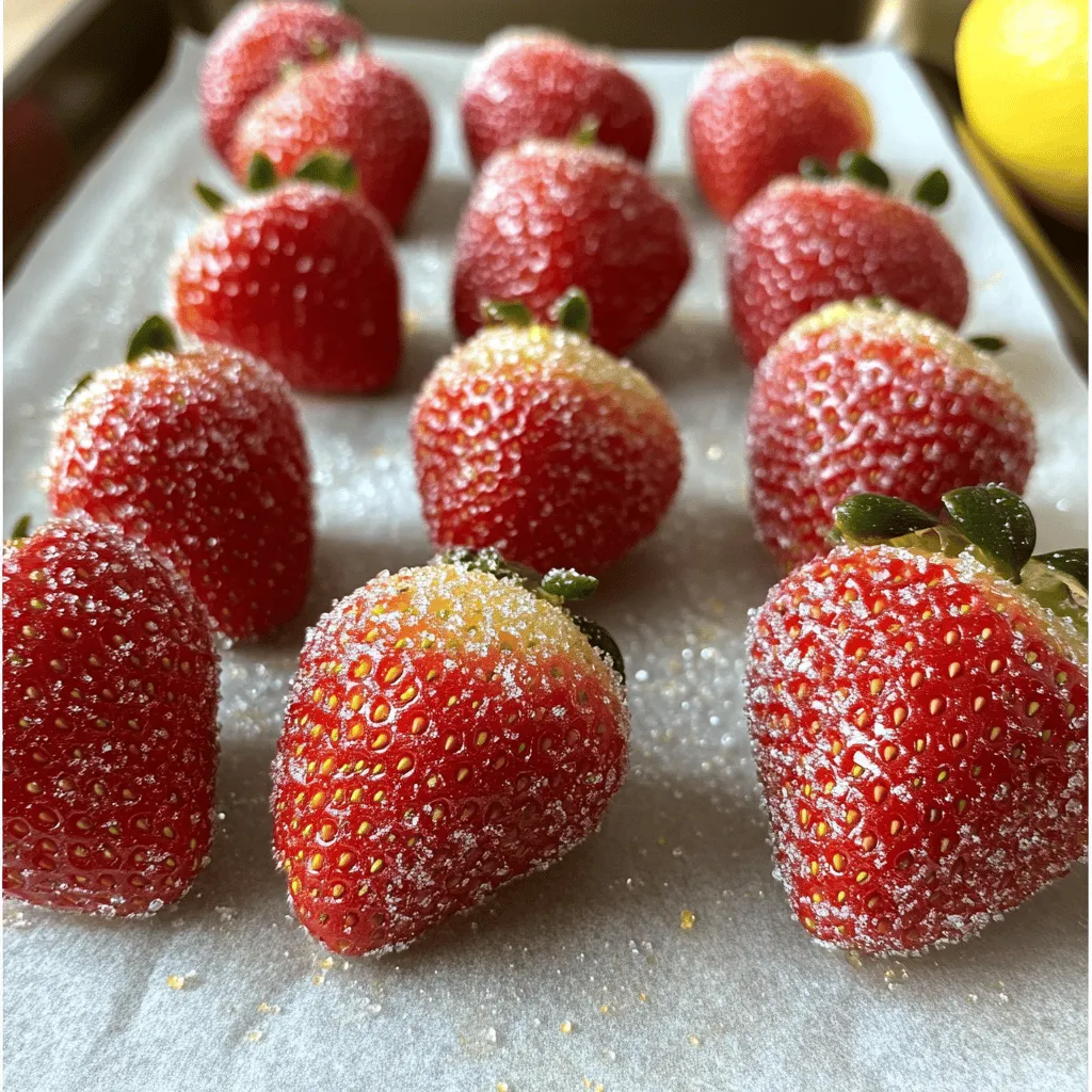 To make candied strawberries, you need a few key items: - 1 pound fresh strawberries, hulled and washed - 1 cup granulated sugar - 1/2 cup water - 1 tablespoon lemon juice - 1/2 teaspoon vanilla extract - Pinch of salt These ingredients create a sweet syrup that coats the strawberries. Fresh strawberries work best because they are juicy and bright. You can add some fun flavors or colors to your strawberries. Here are a few ideas: - Food coloring for a vibrant look - Different extracts like almond or orange - Sprinkles for extra fun These additions can make your candied strawberries even more special. Choosing the right strawberries is key. Here are some tips: - Look for bright red, shiny berries. - Avoid any that are dull or have dark spots. - Check for firmness; they should feel solid, not mushy. - Smell them; fresh strawberries have a sweet scent. Using ripe, fresh strawberries makes your candied strawberries taste even better. For the full recipe, refer to the earlier section. Start by washing 1 pound of fresh strawberries. Make sure to hull them first. After washing, dry them well on a clean towel. This step is key. If the strawberries are wet, the sugar won’t stick. Set them aside while you prepare the sugar syrup. In a medium saucepan, add 1 cup of granulated sugar and 1/2 cup of water. Pour in 1 tablespoon of lemon juice and a pinch of salt. Place the pan over medium heat. Stir the mixture until the sugar fully dissolves. Then, stop stirring and let it boil. Keep an eye on it and use a candy thermometer. You want the syrup to reach 230°F (110°C). This is known as the soft-ball stage. When it reaches this point, remove it from the heat. Stir in 1/2 teaspoon of vanilla extract for extra flavor. Now, it’s time to coat the strawberries. Dip each one into the hot syrup. Let any excess syrup drip back into the pot. Place the coated strawberries on a parchment-lined baking sheet. Allow them to cool at room temperature for about 15-20 minutes. This lets the coating harden nicely. Enjoy your sweet treat! You can find the Full Recipe for more details. To get that shiny, hard coating, start with dry strawberries. Use a towel to remove any water. Next, heat the sugar syrup until it reaches 230°F. This is the soft-ball stage. Dip each strawberry quickly into the syrup. Allow excess syrup to drip off before placing them on parchment paper. This step makes a big difference in the final look. One common mistake is not drying the strawberries well. If they are wet, the syrup won't stick. Another mistake is stirring the syrup once it starts to boil. This can cause crystallization. Always use a candy thermometer to check the temperature. Do not skip this step, or you may end up with a syrup that won't harden properly. To add more flavor, try infusing the syrup. You can add herbs like mint or basil while heating. Just remove them before dipping the strawberries. Adding a splash of lemon juice gives a nice tang. You can also mix in flavored extracts, like almond or orange, to make the taste unique. This way, each batch of candied strawberries can be a new experience! {{image_2}} You can make chocolate-covered candied strawberries for a sweet twist. After you dip the strawberries in syrup, let them set for a few minutes. Then, melt dark, milk, or white chocolate. Dip each strawberry into the melted chocolate, letting any extra drip off. Place them on parchment paper to cool. The chocolate adds a rich flavor that pairs well with the sweetness of the candy. If you want to change the flavor, try adding different extracts to the syrup. Almond extract brings a nutty taste, while orange or lemon zest adds a citrus kick. You can also try spices like cinnamon or nutmeg for a warm touch. These flavors can make your candied strawberries unique and delightful. For added texture, consider using nuts or coconut as coatings. After dipping in syrup, roll the strawberries in chopped nuts, like almonds or pecans. Shredded coconut also works well for a tropical vibe. These coatings not only look pretty but also give a nice crunch to each bite. You can mix and match to create your own special treat. To store candied strawberries, you need an airtight container. Place the strawberries in a single layer. If you stack them, the coating may stick together. Cover the container tightly to keep air out. This helps maintain their crunchy texture. For the best freshness, keep candied strawberries at room temperature. Avoid the fridge, as moisture can ruin the coating. If you need to store them longer, use wax paper between layers. This prevents sticking and keeps them looking great. Candied strawberries can last about 3 to 5 days. After this, they may lose their crispness. If you see any signs of moisture, eat them right away. It's best to enjoy them fresh for the ultimate taste experience. For the full recipe, check out the Sweet Strawberry Bliss section! You know the syrup is ready when it reaches 230°F (110°C). This is called the soft-ball stage. You can check this with a candy thermometer. The syrup should look thick and syrupy. If it is too runny, it needs more time. I recommend using fresh strawberries for the best results. Frozen strawberries can be mushy and may not hold their shape. If you only have frozen ones, let them thaw completely. Pat them dry before using them. This will help with the sugar coating. Candied strawberries can last up to three days at room temperature. Store them in a cool, dry place. It is best to keep them covered lightly with a cloth. If you put them in the fridge, they may lose their crunch. Yes, you can easily make a larger batch! Just double or triple the ingredients. Make sure to have enough space on your baking sheet. Coat each strawberry well so that they all get a nice layer of syrup. Follow the same steps from the Full Recipe for best results. In this post, we covered how to make delicious candied strawberries. You learned about key ingredients, preparation steps, and useful tips for the best results. We explored yummy variations and how to store your treats for lasting enjoyment. Remember, using fresh strawberries and avoiding common mistakes can make a big difference. Enjoy making these sweet snacks, and don’t be afraid to experiment with flavors and coatings. They are fun to share and easy to love!