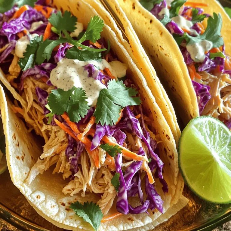 To make pulled chicken tacos, you will need: - 2 large chicken breasts - 1 tablespoon olive oil - 1 teaspoon smoked paprika - 1 teaspoon cumin - 1 teaspoon garlic powder - 1 teaspoon onion powder - Salt and pepper to taste - 1 cup chicken broth - 8 small corn tortillas - 1 cup purple cabbage, finely shredded - 1 medium carrot, grated - 1/4 cup cilantro, chopped - 1 lime, juiced - 2 tablespoons mayonnaise - 1 teaspoon apple cider vinegar - Sliced jalapeños (optional, for topping) You can add more fun with these extras: - Avocado slices for creaminess - Fresh radishes for crunch - A drizzle of hot sauce for spice - Crumbled queso cheese for richness Each serving of these tacos offers: - Calories: 320 - Protein: 25g - Carbohydrates: 30g - Fat: 12g - Fiber: 4g - Sugars: 3g This recipe gives you a balanced meal. It's tasty and healthy! You can find the full recipe above. To start, you need to season the chicken breasts. Use olive oil, smoked paprika, cumin, garlic powder, onion powder, salt, and pepper. Rub these spices all over the chicken. Next, place the chicken in a slow cooker. Pour the chicken broth on top. Cover the slow cooker and choose a cooking time. Cook on low for 6-8 hours or on high for 3-4 hours. You want the chicken to be tender and easy to shred. Once cooked, use two forks to shred the chicken inside the slow cooker. Mix the meat with the broth for extra flavor. Set the shredded chicken aside for later. Now, let’s make the crunchy slaw. In a mixing bowl, combine the shredded purple cabbage, grated carrot, and chopped cilantro. Squeeze in the lime juice. Add mayonnaise and apple cider vinegar. Sprinkle in a pinch of salt. Toss everything together until the slaw is well coated. This slaw will add a nice crunch and bright flavor to your tacos. It’s time to put the tacos together! First, heat the corn tortillas in a dry skillet. Do this over medium heat for about 30 seconds on each side. You want them warm and soft. Once the tortillas are ready, place a generous amount of pulled chicken on each one. Then, add a handful of the crunchy slaw on top. If you like some spice, feel free to add sliced jalapeños as a topping. You can find the full recipe for these delicious pulled chicken tacos with slaw above. Enjoy your tasty meal! For juicy pulled chicken, I recommend using skinless chicken breasts. Season them well with olive oil and spices. Smoked paprika, cumin, garlic powder, and onion powder add great flavor. Always check the internal temperature; it should reach 165°F. Slow cooking works best for tenderness. Cooking on low for 6-8 hours guarantees juicy results. If you're short on time, cook on high for 3-4 hours. After cooking, shred the chicken in the broth for extra flavor. Warm tortillas are key to great tacos. To warm corn tortillas, heat a dry skillet over medium heat. Place the tortillas in the skillet for about 30 seconds on each side. This method makes them soft and pliable. You can also wrap them in a clean kitchen towel and microwave them for 20-30 seconds. Keep them warm in a tortilla warmer or covered with a towel until ready to serve. To elevate your tacos, consider adding fresh ingredients. Lime wedges add zest and brightness. Sliced jalapeños provide a spicy kick. You can also try adding avocado or guacamole for creaminess. For a refreshing twist, add mango or pineapple salsa. These toppings complement the pulled chicken and slaw perfectly. If you're feeling adventurous, a drizzle of hot sauce can add an extra layer of flavor. Enjoy creating your own unique combinations! Don't forget to check out the Full Recipe for more details. {{image_2}} You can make pulled tacos without meat. Use jackfruit instead. It has a similar texture. Drain and rinse canned jackfruit. Sauté it in a pan with olive oil. Add smoked paprika and cumin for flavor. Shred the jackfruit with two forks. Mix it with your slaw. You can enjoy a tasty meal this way. If you love heat, add more spices! Mix cayenne pepper into your spice blend. Use chipotle peppers in adobo sauce for a smoky flavor. Add sliced jalapeños to the tacos for extra kick. You can also drizzle hot sauce on top. Adjust the heat to match your taste. Slaw can be fun and creative! Swap purple cabbage for green cabbage or kale. Try adding diced apples or mango for a sweet twist. You can include radishes for a crunchy bite. A touch of honey in the dressing adds sweetness too. Get creative with colors and flavors in your slaw. For the full recipe, check out Pulled Chicken Tacos with Crunchy Slaw. To store leftover pulled chicken, let it cool first. Place it in an airtight container. Keep the chicken in the fridge for up to four days. If you want to save it longer, freeze it. In the freezer, it lasts for up to three months. When you need it, just thaw it in the fridge overnight. To keep slaw fresh, store it separately from the chicken. Use a sealed container to prevent air from getting in. Slaw can stay fresh in the fridge for about two days. If it gets too soggy, add a little fresh lime juice and mix it again. This helps restore some crunch. To reheat pulled chicken, place it in a skillet over medium heat. Add a splash of chicken broth to keep it moist. Stir it often until it is hot. You can also use the microwave for quick reheating. Place the chicken in a microwave-safe bowl, cover it, and heat in short bursts. Stir between each burst until it is warm. Enjoy your tasty tacos again! For the complete recipe, check the Full Recipe section. You can use chicken breasts or thighs for these tacos. Thighs have more fat, making them juicy. Breasts are leaner but still work well. Both options shred easily after cooking. Choose what you like best for flavor and texture. Yes, you can prepare the pulled chicken ahead of time. Cook it in the slow cooker and store it in the fridge. You can also make the slaw in advance. Just keep it in a sealed container. Assemble your tacos right before serving for the best taste. Toppings can add fun and flavor. Here are some ideas to try: - Sliced jalapeños for spice - Diced avocado for creaminess - Fresh cilantro for brightness - Crumbled queso for a salty kick - Sour cream for richness These simple toppings can elevate your tacos. Enjoy experimenting with your favorites! For the full recipe, check the section above. This blog post covers how to make delicious pulled chicken tacos. We discussed all the essential ingredients and offered tips for extra flavor. The step-by-step instructions made it easy to prepare the chicken and crunchy slaw, ensuring tasty tacos. Remember to store leftovers properly for later enjoyment. I hope you feel ready to try these ideas at home. With practice, you will create amazing tacos that friends and family will love. Enjoy your cooking adventure!