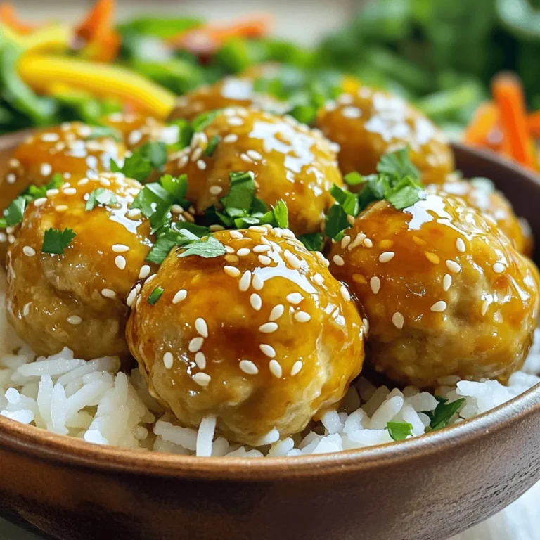 For delicious honey garlic chicken meatballs, you will need: - 1 lb ground chicken - 1/2 cup breadcrumbs (preferably panko) - 3 cloves garlic, minced - 1 large egg - 1 teaspoon salt - 1/2 teaspoon black pepper - 1 teaspoon ginger powder (or freshly grated ginger) These main ingredients create a tasty base for your meatballs. Ground chicken gives a lean, juicy texture, while breadcrumbs keep them light. Garlic adds flavor that pairs well with honey. To enhance your meatballs, consider these optional ingredients: - 1/4 cup grated Parmesan cheese - 1/4 cup chopped fresh parsley - 2 tablespoons sesame seeds (for garnish) Parmesan adds a savory kick. Fresh parsley brightens the dish with color and taste. Sesame seeds are great for a crunchy finish. You will also need these cooking essentials: - 2 tablespoons olive oil (for cooking) - 2 tablespoons honey - 1 tablespoon soy sauce Olive oil helps cook the meatballs evenly. Honey brings sweetness, while soy sauce adds depth to the flavor. These ingredients work together to create a rich glaze. For the full recipe, check out the section above. First, gather your ingredients. You need ground chicken, breadcrumbs, Parmesan cheese, parsley, egg, garlic, honey, soy sauce, black pepper, salt, and ginger powder. In a large bowl, mix them all together. Use your hands to combine until it feels smooth. This step is key to great flavor. Next, preheat your oven to 400°F (200°C). This ensures your meatballs cook evenly. Line a baking sheet with parchment paper to help with easy cleanup later. Now it's time to shape your meatballs. Scoop about 1.5 tablespoons of the mixture and roll it into a ball. Place each meatball on the baking sheet. Make sure they have space in between, so they bake well. Bake the meatballs for 20 minutes. Look for a golden color and make sure they are cooked through. You can use a meat thermometer to check if they hit 165°F (74°C). While your meatballs bake, heat olive oil in a large skillet over medium heat. Once it's hot, carefully add your baked meatballs. Pour in any leftover honey and soy sauce mix. This adds a nice glaze. Sauté the meatballs for 3-4 minutes. Gently shake the skillet to coat the meatballs in the honey garlic glaze. This step makes them stickier and full of flavor. When done, remove them from heat. Garnish with sesame seeds before serving. For more detailed instructions, check the Full Recipe. Enjoy your delicious honey garlic chicken meatballs! To make juicy meatballs, keep a few things in mind. First, don’t overmix the meat. Mix until just combined. This keeps the texture light. Second, add moisture with breadcrumbs and egg. They help hold the meat together. If you want even juicier meatballs, you can mix in some grated zucchini or carrot. They add moisture without changing the flavor. Prevent sticking by using parchment paper on your baking sheet. This helps meatballs lift easily. You can also lightly grease the paper with olive oil. Another trick is to wet your hands before rolling meatballs. This prevents the mixture from sticking to your hands. For a fun presentation, serve meatballs on skewers with toothpicks. Drizzle extra honey glaze over them for shine. You can also arrange them in a bowl, topped with sesame seeds and chopped parsley. This makes them look great on any table! As for sides, honey garlic chicken meatballs pair well with steamed rice or stir-fried veggies. Try serving them with a simple green salad for a fresh touch. You could also make them a part of a larger meal with noodles or quinoa. If you want a low-carb option, swap breadcrumbs with almond flour or crushed pork rinds. These alternatives work well and keep the meatballs tasty. For vegan or vegetarian choices, use plant-based ground meat. You can also mash chickpeas and mix them with the other ingredients. This gives a similar texture while keeping it plant-based. Adding flaxseed meal instead of egg helps bind everything together. Check the Full Recipe for more tips and ingredient details! {{image_2}} You can spice up your honey garlic chicken meatballs with simple changes. For a spicy kick, add red pepper flakes or sriracha to the mix. Start with a teaspoon and adjust to your taste. This will give your meatballs a warm, zesty flavor. You can also try herb-infused variations. Fresh herbs like basil, cilantro, or thyme can add depth. Just chop them finely and mix them in with the other ingredients. These herbs can brighten the dish and make it even more delicious. There are many ways to cook these meatballs. If you prefer a slow cooker, place the shaped meatballs in the cooker. Pour the honey garlic sauce over them. Cook on low for 4 to 6 hours. This method makes the meatballs very tender. If you have an air fryer, use it for a quick option. Preheat the air fryer to 380°F (193°C). Arrange the meatballs in a single layer. Cook for 12-15 minutes, shaking the basket halfway through. This will give you crispy meatballs with less oil. You can easily make this recipe gluten-free. Use gluten-free breadcrumbs instead of regular ones. This small change keeps the meatballs tasty without gluten. You can also change the type of meat you use. Ground turkey or pork works well in this recipe. Each type gives a different flavor and texture. Just make sure to adjust cooking times as needed. For the full recipe, check out the detailed steps. Enjoy your cooking! After you make Honey Garlic Chicken Meatballs, store any leftovers in an airtight container. This keeps them fresh and tasty. You can put them in the fridge right after they cool down. They will stay good for about 3 to 4 days. If you want to keep them longer, consider freezing them instead. To freeze meatballs, let them cool completely first. Then, place them in a single layer on a baking sheet. Freeze them for about 1 to 2 hours until firm. After that, transfer the meatballs to a freezer-safe bag. They can last up to 3 months in the freezer. When you want to eat them, thaw them in the fridge overnight. This keeps them safe and helps maintain their flavor. When it's time to reheat your meatballs, the best method is using the oven. Preheat it to 350°F (175°C). Place the meatballs on a baking sheet and cover them with foil. Bake for about 10 to 15 minutes until they are warm. You can also reheat them in a skillet over medium heat. Add a splash of water or broth to keep them moist. This way, you ensure that the honey garlic flavor stays strong and delicious. For a quick option, you can use the microwave, but be careful not to overheat. To make honey garlic chicken meatballs, start with a big bowl. Mix ground chicken, breadcrumbs, and grated Parmesan cheese. Add chopped parsley, a large egg, minced garlic, honey, soy sauce, black pepper, salt, and ginger powder. Mix well until it’s smooth. Next, preheat your oven to 400°F (200°C). Line a baking sheet with parchment paper. Scoop about 1.5 tablespoons of the mixture and roll it into balls. Place them on the sheet. Bake for 20 minutes until they turn golden and are cooked through. While baking, heat olive oil in a skillet. Add the cooked meatballs into the hot skillet. Pour any leftover honey and soy sauce mix over them. Sauté for 3-4 minutes. This helps coat them in the glaze. Yes, you can use chicken thighs. Just make sure to chop them finely or grind them. Thighs have more fat, which makes meatballs juicier. If you choose thighs, keep the same recipe. The flavor will be rich and delicious. You can serve them in many ways! Try skewering them with toothpicks for a fun appetizer. Place them in a bowl, drizzled with extra honey glaze. You can also serve them over steamed rice or stir-fried vegetables. Garnish with parsley and sesame seeds for a nice touch. Honey garlic chicken meatballs last for about 3-4 days in the fridge. Store them in an airtight container. For longer storage, freeze them. They can last up to 3 months in the freezer. Just make sure to thaw them before reheating. Enjoy them fresh for the best taste! In this post, we explored how to make delicious honey garlic chicken meatballs. We covered key ingredients like ground chicken and garlic, as well as optional treats like parmesan. You learned step-by-step instructions for preparing and cooking, plus tips for juicy meatballs. Remember, you can customize this dish with various flavors and cooking methods. Whether you stick to the basics or get creative, these meatballs can fit any meal or occasion. Enjoy your cooking!