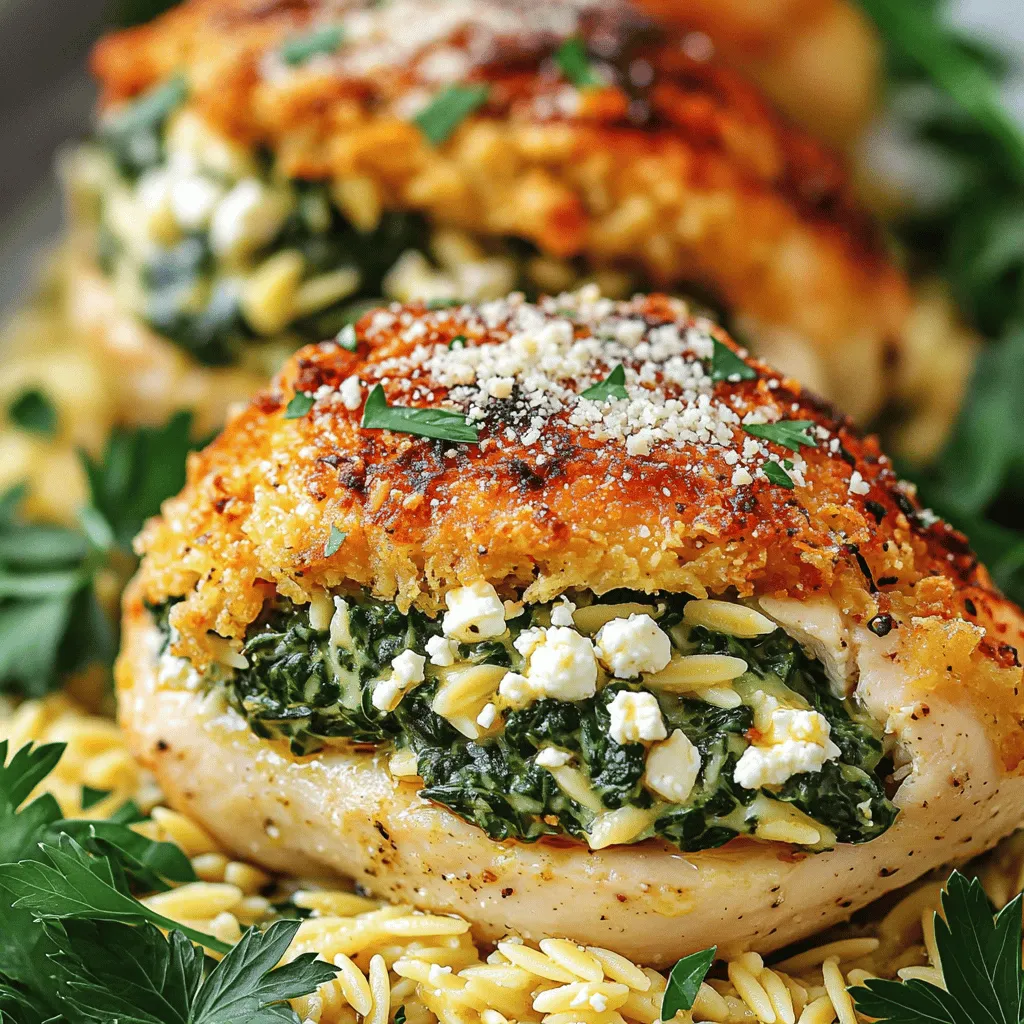 - 4 boneless, skinless chicken breasts - 2 cups fresh spinach, chopped - 1 cup feta cheese, crumbled - 1/2 cup cream cheese, softened - 2 cloves garlic, minced - 1 teaspoon lemon juice - 1 teaspoon dried oregano - Salt and pepper to taste - 2 tablespoons olive oil - 1/4 cup grated Parmesan cheese (for topping) To make this dish shine, I focus on the quality of the ingredients. Fresh spinach adds a bright flavor and a lovely green color. Feta cheese gives a salty, tangy punch that pairs perfectly with the creamy cream cheese. If you can't find feta cheese, try goat cheese or ricotta. For cream cheese, low-fat options work well without losing taste. If fresh spinach is out of season, frozen spinach is a great substitute. Just make sure to thaw and drain it well. This recipe serves four, with each serving around 350 calories. You get a healthy dose of protein from the chicken. The spinach adds iron and vitamins A and C. Feta cheese brings calcium, while olive oil provides healthy fats. To start, you need to make pockets in the chicken breasts. Place each breast flat on a cutting board. With a sharp knife, slice sideways, creating a pocket, but don't cut all the way through. This step helps hold the filling. Next, proper seasoning is key. Sprinkle salt and pepper inside and outside the chicken. This enhances the flavor of your dish. You can also add a pinch of dried oregano for extra taste. Now it's time to cook the spinach and garlic. In a skillet, heat one tablespoon of olive oil over medium heat. Add minced garlic and sauté for about one minute. Then, add the chopped spinach and cook until it wilts, about three to four minutes. Stir in lemon juice, then remove from heat to cool. After the spinach cools, combine it with the cheese ingredients. In a mixing bowl, add the cooked spinach mixture, crumbled feta, and softened cream cheese. Mix well until combined. Season with oregano, salt, and pepper to taste. For optimal flavor, sear the chicken before baking. Heat one tablespoon of olive oil in an oven-safe skillet over medium-high heat. Sear the stuffed chicken breasts for four to five minutes on each side until they turn golden brown. Next, bake the chicken to finish cooking. Preheat your oven to 375°F (190°C). Once seared, sprinkle grated Parmesan cheese on top of each breast. Then, transfer the skillet to the oven. Bake for 20 to 25 minutes, or until the chicken reaches an internal temperature of 165°F (75°C). This ensures the chicken is cooked thoroughly and flavorful. - To keep chicken juicy, use a meat thermometer. Aim for 165°F (75°C). - Avoid overstuffing the chicken. This can lead to spills and uneven cooking. - Sear the chicken before baking. This adds flavor and helps lock in moisture. - Use fresh herbs for more flavor. Fresh oregano can make a big difference. - Pair the chicken with a side of orzo or couscous. These grains complement the dish well. - Serve with a fresh salad for a light contrast. A simple vinaigrette adds brightness. - Garnish with fresh parsley or a squeeze of lemon for color and zest. - Consider adding roasted veggies for a hearty meal. - Store leftovers in an airtight container in the fridge. They last up to 3 days. - To reheat, place chicken in a skillet over low heat. This keeps it moist. - You can also microwave it briefly. Cover with a damp paper towel to prevent drying. - If freezing, wrap tightly in foil or plastic. It can last up to 3 months. For full details, check the full recipe for Spinach Feta Stuffed Chicken Breast. {{image_2}} You can change the taste of your spinach feta stuffed chicken in fun ways. Adding herbs or spices can really make a difference. Try mixing in basil or thyme for a fresh twist. You can also sprinkle in some red pepper flakes for a little heat. Mixing in other vegetables works well too. Consider adding chopped sun-dried tomatoes or mushrooms. These add rich flavors and textures. Not only do they enhance the meal, but they also make it colorful and exciting. If you need gluten-free options, you’re in luck. This recipe is already gluten-free since it has no breading. Just make sure all your spices and cheese are gluten-free. You can still enjoy this meal without any worries. For vegetarian alternatives, swap out the chicken for large portobello mushrooms or zucchini boats. Just stuff them with the spinach and cheese mix. Bake them until soft for a delicious veggie dish that everyone will love. Freezing is a great way to save time later. You can prepare the stuffed chicken ahead of time and freeze it before baking. Wrap each piece tightly in plastic wrap, then put them in a freezer bag. When you’re ready to cook, just thaw in the fridge overnight. If you want to substitute ingredients for meal prep, consider using low-fat cream cheese or reduced-fat feta. These changes keep the dish lighter but still tasty. You can also prepare a double batch of filling for quick meals during the week. For the full recipe, refer back to the top of the article. To make Spinach Feta Stuffed Chicken Breast, follow these steps: 1. Preheat your oven to 375°F (190°C). 2. Sauté garlic in olive oil. 3. Add chopped spinach and cook until wilted. 4. Mix spinach with feta and cream cheese. 5. Cut pockets in chicken breasts for stuffing. 6. Fill each pocket with the spinach mixture. 7. Sear the stuffed chicken in a skillet. 8. Top with Parmesan cheese and bake. 9. Let it rest before serving. This simple process gives you a delicious meal. You can check each step with pictures for better clarity if you need visual help. Cooking chicken well is key. If your chicken is undercooked, check the temperature with a meat thermometer. It should reach 165°F (75°C). If it’s not done, return it to the oven for a few more minutes. Sometimes, the filling may come out watery. To fix this, make sure to drain excess moisture from the spinach before mixing. This keeps the stuffing thick and flavorful. For this recipe, you will need: - Sharp knife for cutting chicken - Mixing bowl for the filling - Skillet for searing - Oven-safe skillet for baking Using the right tools can make cooking easier and more enjoyable. These items help achieve the best results for your stuffed chicken. You cook Spinach Feta Stuffed Chicken Breast for about 20 to 25 minutes. Preheat your oven to 375°F (190°C). After searing the chicken for 4 to 5 minutes on each side, transfer it to the oven. Use this cooking time to let the flavors meld and the chicken cook evenly. Aim for the chicken to reach an internal temperature of 165°F (75°C). This ensures the chicken is safe to eat and perfectly juicy. Yes, you can prepare this recipe ahead of time. Stuff the chicken breasts and store them in the fridge for up to 24 hours. This helps the flavors develop even more. When ready to cook, take them out of the fridge, let them sit for 15 minutes, and then proceed with searing and baking. This method saves time on busy days and still delivers a tasty meal. The best way to check if chicken is done is by using a meat thermometer. Insert the thermometer into the thickest part of the chicken breast. You want it to read 165°F (75°C). If you don’t have a thermometer, cut into the chicken. The juices should run clear, and the meat should no longer be pink. This method ensures you serve perfectly cooked chicken every time. This blog post covers how to make Spinach Feta Stuffed Chicken Breast. You learned what ingredients to use, how to prepare each part, and tips for perfect cooking. You can adapt the recipe to fit your diet or flavor preferences. Remember, whether you aim to impress at dinner or meal prep for the week, this dish shines. Enjoy your cooking, and make it uniquely yours!
