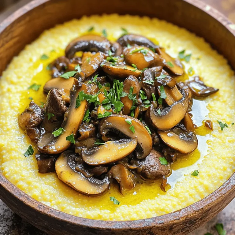 - 1 cup polenta (cornmeal) - 4 cups vegetable broth - 1 cup heavy cream - 8 oz mixed mushrooms (such as cremini, shiitake, and oyster), sliced - 1 onion, finely chopped - 3 cloves garlic, minced - 2 tablespoons olive oil - 1 teaspoon dried thyme - Salt and pepper to taste - Fresh parsley, chopped (for garnish) In this dish, polenta serves as a warm and creamy base. For the best result, use high-quality polenta. Vegetable broth adds depth and flavor. Heavy cream brings a rich texture that makes the polenta irresistible. The mushroom ragu is the star here. I love using a mix of mushrooms for diverse flavors. Choose any mushrooms you enjoy. The onion and garlic give a sweet aroma, enhancing the ragu. Olive oil is essential for sautéing, while thyme adds an earthy note. Don’t forget to season with salt and pepper for balance. For the full recipe, refer to the cooking instructions. Enjoy the process and the delicious meal you will create! First, I boil the vegetable broth in a medium saucepan. You want it to be hot but not boiling over. Once it bubbles, I gradually whisk in the polenta. Stir continuously to keep it smooth. This step helps prevent lumps from forming. After adding the polenta, I lower the heat to a simmer. I keep stirring until it thickens and pulls from the pot's sides, about 20 to 25 minutes. Next, I mix in the heavy cream, butter, and grated Parmesan cheese. This makes the polenta rich and creamy. I season it with salt and pepper to taste. While the polenta cooks, I start on the mushroom ragu. First, I heat olive oil in a large skillet over medium heat. I add the chopped onion and sauté it until it turns translucent, which takes about 5 minutes. Then, I toss in the minced garlic and sliced mushrooms. I cook them until the mushrooms are tender and golden brown, about 8 to 10 minutes. This step adds a nice depth of flavor. After that, I stir in dried thyme, salt, and pepper. I let it cook for another 2 minutes to blend the flavors. Once both the creamy polenta and mushroom ragu are ready, I serve the polenta in bowls. I top it with the warm ragu and garnish with fresh parsley. This dish brings warmth and comfort to any table. You can find the full recipe for this delicious meal below. - Stirring techniques: Stir the polenta slowly and steadily. This helps avoid lumps. Use a whisk for smooth results. Keep mixing as it cooks. - Cooking time adjustments: Cook polenta on low heat for about 20-25 minutes. The time may vary based on the brand. Check the package for specific times. - Choosing the right polenta: Use coarse or medium-ground polenta for a hearty texture. Instant polenta cooks faster but may lack depth. - Recommended herbs and spices: Add dried thyme for earthiness. Fresh herbs like basil or parsley can brighten the dish. Experiment with flavors to find what you like best. - Quality of ingredients matters: Use high-quality broth and mushrooms for richer taste. Fresh ingredients boost the overall flavor. Don't skimp on quality, as it makes a big difference. - Suggestions for creaminess: For extra creaminess, add more heavy cream or butter. You can also mix in cream cheese for a unique twist. This adds a rich texture you will love. For more details, refer to the Full Recipe. {{image_2}} You can easily adjust this recipe to fit your needs. - Vegan-friendly options: Replace the heavy cream with coconut milk or cashew cream. Use olive oil instead of butter. For cheese, try a vegan option or skip it entirely. - Gluten-free suggestions: Polenta is naturally gluten-free, but always check if the broth is certified gluten-free. - Low-fat alternatives: Use low-fat milk instead of heavy cream. You can also reduce the amount of cheese or use a lighter cheese. Adding extra ingredients can make your dish unique and exciting. - Adding proteins like chicken or sausage: Cook diced chicken or sausage in the skillet before adding onions. This adds depth to your ragu. - Utilizing different vegetables: Try adding spinach, bell peppers, or zucchini. These can boost nutrition and flavor. - Experimenting with cheese varieties: Instead of Parmesan, try feta or goat cheese for a different taste. Mix in blue cheese for a bold flavor twist. Feel free to get creative with these variations. You can find the full recipe above to explore all its delicious possibilities! To store leftover polenta, let it cool completely. Then, place it in an airtight container. Polenta can last in the fridge for about three days. You might notice it hardens when cold. To revive it, add a splash of broth or cream when reheating. For mushroom ragu, allow it to cool as well. Transfer it to a separate airtight container. This ragu stays fresh for around four days in the fridge. Always check for any signs of spoilage before using. The best way to reheat polenta is on the stove. Place it in a saucepan over low heat. Add a little broth or cream to keep it creamy. Stir often to avoid burning. For the mushroom ragu, you can also use the stovetop. Heat it gently in a skillet. Stir occasionally until it’s warmed through. This keeps the texture smooth and the flavors bright. When you reheat, be careful not to cook it too long. Overheating can make both the polenta and ragu dry. Enjoy your creamy polenta with mushroom ragu warm and fresh. For the full recipe, check out the detailed instructions above. How to avoid lumps in polenta? To avoid lumps, whisk the polenta slowly into boiling broth. Stir constantly as you add it. This helps keep the polenta smooth. If lumps form, use a whisk to break them up. Can I make polenta ahead of time? Yes, you can make polenta ahead of time. Cook it, let it cool, and store it in the fridge. Reheat it with a splash of broth or cream before serving. What mushrooms are best for ragu? A mix of mushrooms works best for ragu. I love using cremini, shiitake, and oyster mushrooms. Each type adds its own flavor and texture. How to add more flavor to the mushroom ragu? To boost flavor, try adding fresh herbs like thyme or rosemary. A splash of wine can also enhance taste. Sautéing the mushrooms until golden brown deepens the flavor too. Is this recipe suitable for meal prep? Absolutely! Creamy polenta and mushroom ragu store well. You can make them in advance and reheat when ready to serve. How to serve creamy polenta and ragu? Serve creamy polenta in bowls topped with warm mushroom ragu. Garnish with fresh parsley for a bright touch. This dish looks and tastes amazing! For the full recipe, check out the recipe section above. To wrap up, making creamy polenta with mushroom ragu is simple and fun. We explored key ingredients, step-by-step cooking, and tips to perfect your dish. Don't forget about variations and storage tips for leftovers. This dish offers warmth and delicious flavor. You can easily adapt it to fit your needs. Enjoy a tasty meal that's perfect for any occasion. I'm excited for you to try this recipe!