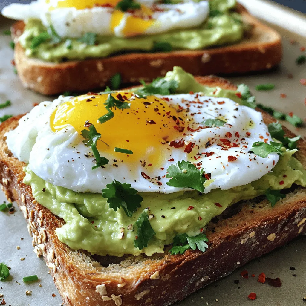 To make the perfect avocado toast with poached egg, gather these simple ingredients: - Whole-grain bread - Ripe avocado - Large egg - Olive oil - Lemon juice - Salt and pepper - Red pepper flakes (optional) - Fresh herbs for garnish Using fresh and quality ingredients makes a big difference. Whole-grain bread gives a hearty base, while ripe avocado ensures a creamy spread. Opt for a large egg to get that delicious poached effect. A splash of olive oil and lemon juice adds flavor and brightness. Don’t forget the salt and pepper for seasoning. If you like a little heat, red pepper flakes can spice things up. Fresh herbs will not only enhance the taste but also make your dish look beautiful. For the full details, check out the Full Recipe. To begin, toast your whole-grain bread. Set your toaster to medium heat. Toast your bread for about 3-4 minutes until it is golden brown and crispy. This creates a strong base for your toppings. If you want a change, consider using sourdough or rye bread. Both options add unique flavors. Next, let’s prepare the avocado spread. Cut the ripe avocado in half and remove the pit. Scoop out the flesh into a bowl. Using a fork, mash the avocado to your desired smoothness. You can leave it chunky or make it creamy. Add one tablespoon of olive oil, half a teaspoon of lemon juice, and a pinch of salt and pepper to enhance the flavor. For a kick, try mixing in red pepper flakes. Now it’s time to poach the egg. In a small saucepan, bring water to a gentle simmer over medium heat. If you want, add a splash of vinegar to help the egg set. Use a spoon to stir the water, creating a whirlpool. Crack the egg into a small cup and gently slide it into the center. Let it poach for about 3-4 minutes, until the white is set but the yolk is still runny. Avoid stirring the water after adding the egg to keep the shape intact. Once the bread is toasted, it’s time to assemble your toast. Spread a generous layer of the avocado mixture on each slice. Carefully place the poached egg on top of each slice. For the finishing touch, sprinkle with extra salt, pepper, and red pepper flakes if you like spice. Add fresh herbs, like cilantro or chives, for a pop of color and flavor. This step makes your dish visually appealing and tasty. You can find the full recipe for this dish to enjoy at home. To get the best poached egg, focus on water temperature and timing. Use a medium heat to bring water to a gentle simmer. If boiling too hard, the egg whites will spread. Aim for 3-4 minutes for a runny yolk. Adding vinegar can help the egg white set faster. It keeps the egg's shape. But, use just a splash. Too much vinegar can change the taste. Experiment to find what you like best. You can add extra toppings to your avocado toast for more flavor. Try crumbled feta cheese or sliced tomatoes. Both add creaminess and freshness. Herbs like cilantro or chives can also elevate the dish. Pairing flavors is key. A sprinkle of red pepper flakes adds heat. A squeeze of lemon brings brightness. These small changes can make a big difference. Serve your avocado toast with a side for a full meal. Fresh fruit or a green salad works well. They add color and variety to your plate. For extra protein, add a slice of smoked salmon or turkey. This not only boosts nutrition but makes it more filling. You can also serve it with Greek yogurt for a creamy touch. For the full recipe, check out the Avocado Delight Toast with Poached Egg details above. Enjoy your cooking! {{image_2}} You can use many bread types for your avocado toast. Whole-grain bread is a classic choice, but there are more options. Try sourdough for a tangy flavor. For a lighter bite, use ciabatta or baguette. If you need gluten-free, look for options made from almond or coconut flour. These will still give you that crunchy texture while being gluten-free. Avocado toast is a blank canvas. You can mix flavors to suit your taste. For a sweet twist, add sliced strawberries or honey. For savory, top with crumbled feta or cherry tomatoes. A unique option is smoked salmon. It adds richness and pairs well with the creamy avocado. Don't forget about spices! A sprinkle of everything bagel seasoning can elevate your dish. Make your avocado toast shine with seasonal toppings. In spring, add fresh radishes or peas for a pop of color. Summer is great for juicy tomatoes or basil. In fall, consider roasted pumpkin seeds or apple slices. For winter holidays, use pomegranate seeds or a dash of cinnamon. Each season can bring new life to your avocado toast. For the detailed recipe, check out the Full Recipe. To keep your leftover avocado fresh, store it in an airtight container. You can also sprinkle some lemon juice on it. This helps slow down browning. For eggs, keep them in their original carton in the fridge. They stay fresh longer this way. For bread, place it in a paper bag at room temperature. This helps maintain texture. If you want to keep it for a longer time, freeze the slices. Just wrap them in plastic wrap first, then place them in a freezer bag. When reheating toast, the oven is best for keeping it crispy. Preheat your oven to 350°F (175°C). Place the toast directly on the rack for about 5-7 minutes. This makes it nice and crunchy again. If you use a microwave, the toast will become soft. Place a paper towel under the toast to absorb moisture. Heat for about 15-20 seconds. But remember, the toast won’t be as crispy. To save time, you can prep ingredients in advance. Mash the avocado and keep it in the fridge for up to one day. Store it in an airtight container with lemon juice to keep it fresh. For eggs, you can poach them in advance too. Just cool them in cold water, then store them in the fridge in a covered container. Use within 2 days for best taste. Whole-grain bread can last in the fridge for a week. However, if you freeze it, it can last up to 3 months. Always check for any off smells or mold before use. For the full recipe, see the detailed instructions above. You can use many gluten-free or low-carb substitutes for bread. Try using: - Cauliflower rice cakes - Sweet potato slices - Zucchini rounds - Portobello mushrooms These options give you the same tasty base. They also add unique flavors and textures to your dish. To get that perfect runny yolk, focus on timing and temperature. Here are key techniques: - Use fresh eggs for better shape and texture. - Keep the water at a gentle simmer, not a rolling boil. - Add a splash of vinegar to help the egg white set quickly. - Cook the egg for 3-4 minutes. This lets the white firm up while keeping the yolk runny. Timing is vital. A minute too long can turn your yolk solid. You can prep some parts ahead of time, but be careful. Here are a few tips: - Toast the bread fresh to keep it crispy. - You can mash the avocado and store it in an airtight container. Add lemon juice to slow browning. - Poach your egg right before serving for the best texture. Meal prepping can save time, but fresh is always best for taste! For the full recipe, check here. This blog post covered how to make perfect avocado toast. We explored ingredients, like whole-grain bread and ripe avocado, and detailed step-by-step instructions for toasting bread, preparing the spread, and poaching eggs. I shared tips for perfecting the dish, variations to keep it fresh, and storage information for leftovers. Overall, avocado toast is versatile and easy to enjoy. With a few simple tweaks, you can make it your own. So grab your ingredients and get creative with this tasty dish!