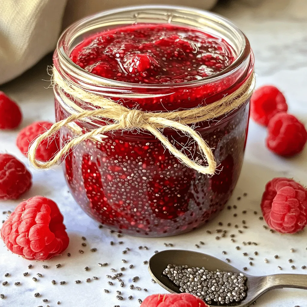 - 2 cups fresh raspberries - 2 tablespoons chia seeds - 1/4 cup honey or maple syrup - 1 tablespoon lemon juice - A pinch of salt When you make raspberry chia seed jam, fresh raspberries are key. Look for bright, plump berries. They should smell sweet and fragrant. Avoid any that are mushy or have mold. For sweetening, you can use honey or maple syrup. Honey adds a rich flavor while maple syrup gives a unique taste. Adjust the amount based on how sweet you want your jam. Chia seeds are special. They expand and thicken the jam. This gives it a nice texture. The lemon juice adds brightness and balance to the sweetness. A pinch of salt enhances all the flavors. With these simple ingredients, you can create a jam that is both delicious and nutritious. Check out the [Full Recipe] for more details! - Choose berries that are firm and bright. - Smell them; they should have a sweet scent. - Avoid any that are soft or have dark spots. If you want to change the sweetness, you can try agave nectar. It's a vegan option with a mild taste. You can also use stevia for a low-calorie choice. Just remember to adjust the amount, as these sweeteners can be stronger. Start by gathering all your ingredients. You need fresh raspberries, chia seeds, honey (or maple syrup), lemon juice, and a pinch of salt. Measure everything out to make cooking easier. This jam takes about 10 minutes to prep. It’s quick and fun! In a medium saucepan, combine the fresh raspberries and honey over low heat. Stir gently as the raspberries heat up. After about 5 minutes, they will start to break down. Use a fork or potato masher to mash the berries to your liking. You can keep it smooth or leave some chunks. Next, add the chia seeds, lemon juice, and salt to the mashed berries. Mix everything well. Remove the pan from heat and let it sit for 5 minutes. This is when the chia seeds will expand and thicken the jam. If it’s too thick after 5 minutes, add a little water. Stir again, then transfer the jam to a clean jar. Allow it to cool before refrigerating. This jam will thicken more as it cools. You can find the full recipe in the earlier section. Enjoy your homemade raspberry chia seed jam! To get the best texture for your raspberry chia seed jam, you must mash the raspberries well. Use a fork or potato masher. This helps break them down and release their juices. If you like a smooth jam, mash more. If you want some chunks, mash less. After mixing in the chia seeds, let the jam sit for five minutes. This allows the seeds to soak in liquid and thicken the jam. If it seems too thick, add a little water to reach your perfect texture. Store your jam in a clean, airtight jar. This will keep it fresh longer. Always let the jam cool to room temperature before sealing the jar. Once sealed, put it in the fridge. It can last up to two weeks. For longer storage, consider freezing it. Use freezer-safe containers and leave some space at the top for expansion. Your jam can last for up to six months in the freezer. There are many fun ways to enjoy your raspberry chia seed jam. Spread it on warm toast or bagels for breakfast. Mix it into your morning yogurt or oatmeal for added flavor. Use it as a topping for pancakes or waffles. You can even swirl it into desserts like cheesecake or brownies. The possibilities are endless! For a charming touch, serve it in a small jar with twine around the neck. Enjoy your creation! {{image_2}} You can change the fruit in this recipe to make your jam unique. Try strawberries, blueberries, or peaches. Each fruit brings a new flavor. Use the same amount of fruit as the raspberries. Just follow the same steps in the recipe. Mixing fruits can also be fun. A berry mix can add depth to your jam. Sweetness is key in jam. You can adjust it easily. If you like it sweeter, add more honey or syrup. If you want it less sweet, use less. You can also use stevia or agave nectar for a lighter option. Taste as you go to find your perfect balance. This recipe fits many diets. It’s already vegan if you use maple syrup. For a sugar-free option, try a sugar substitute. Make sure to check the conversion rates. You can also make it low-carb by using berries with lower sugar content. This jam can fit into many healthy eating plans. To keep your Raspberry Chia Seed Jam fresh, store it in a clean jar. Use a jar with a tight lid to seal in flavor. Place the jar in the fridge as soon as it cools. This helps keep the jam safe and tasty. When stored properly, your jam will last about two weeks in the refrigerator. After two weeks, check for any changes in smell or color. If it looks or smells off, it’s best to toss it. You can freeze Raspberry Chia Seed Jam for longer storage. Use freezer-safe jars and leave some space at the top. The jam can last for up to six months in the freezer. When ready to use, just thaw it in the fridge overnight. Enjoy this sweet treat any time! Chia seeds are tiny but packed with nutrients. They are rich in fiber, which helps digestion. These seeds also have protein, making them a great snack. Chia seeds have omega-3 fatty acids, good for heart health. Plus, they can help you feel full longer. This can aid in weight loss. They also contain antioxidants, which protect your body from damage. Overall, chia seeds are a smart addition to your diet. Yes, you can use frozen raspberries! They work well in this recipe. Just remember to thaw them first. This helps them break down easier when you cook them. The flavor may be slightly different, but still delicious. Using frozen raspberries is a great way to enjoy this jam year-round. To check if your jam is set, spoon a bit onto a plate. Let it sit for a moment, then run your finger through it. If it holds its shape, it's ready! If it’s too runny, let it cook a bit longer. The chia seeds help thicken the jam, so don’t rush this step. Trust your taste buds, and adjust as needed! In this blog post, we explored how to make Raspberry Chia Seed Jam. We covered ingredients, tips for picking raspberries, and alternatives to sweeteners. I provided step-by-step instructions for perfecting your jam, as well as tips on texture and storage. You learned about flavor variations and health benefits, too. Making your own jam is fun and rewarding. Enjoy this simple recipe and get creative!