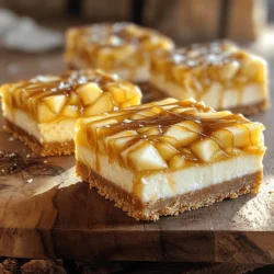 - 1 ½ cups graham cracker crumbs - ½ cup unsalted butter, melted - ¼ cup brown sugar - 1 teaspoon cinnamon - 16 oz cream cheese, softened - ½ cup granulated sugar - 2 large eggs - 1 teaspoon vanilla extract - 1 cup sour cream - 2 medium apples, peeled, cored, and diced (Granny Smith or Honeycrisp work well) - 2 tablespoons lemon juice - ½ teaspoon cinnamon - ¼ cup granulated sugar - ½ cup caramel sauce (store-bought or homemade) - Sea salt, for garnish (optional) Each ingredient plays an important role in making these bars shine. The graham cracker crumbs give a nice crunch to the crust. The melted butter binds the crumbs together, while brown sugar adds sweetness. Cinnamon adds warmth to the crust, making it comforting. For the cheesecake layer, the cream cheese is the star. It brings a creamy texture that melts in your mouth. Granulated sugar adds sweetness, while eggs give the layer its structure. Vanilla extract enhances the flavor, and sour cream adds a bit of tang. In the apple layer, fresh apples add moisture and flavor. I love using Granny Smith or Honeycrisp for their balance of sweet and tart. Lemon juice keeps the apples bright and fresh. Cinnamon and sugar round out the flavor, making it extra delicious. Lastly, the caramel topping is the finishing touch. It adds a rich, sweet layer on top of the cheesecake. A sprinkle of sea salt gives a nice contrast, making each bite even better. You can find the full recipe for these delicious caramel apple cheesecake bars in the article. Enjoy! - Preheat the oven to 350°F (175°C). - Line an 8x8 inch baking dish with parchment paper. This helps with easy removal later. - In a mixing bowl, combine the crust ingredients: graham cracker crumbs, melted butter, brown sugar, and cinnamon. - Mix until it looks like wet sand. - Press this mixture firmly into the bottom of the baking dish. - Bake for 10 minutes until set and lightly golden. - In a large bowl, beat the cream cheese and sugar until smooth. - Add the eggs one by one. Mix well after each addition. - Stir in the vanilla and sour cream until fully combined. - Toss the diced apples with lemon juice, sugar, and cinnamon in a separate bowl. - Make sure they are evenly coated. Set aside to let them soak up the flavors. - Pour the cheesecake mixture over the cooled crust. Spread it evenly. - Gently fold in the apple mixture, distributing the apples throughout. - Bake for 30-35 minutes until the center is set but still slightly jiggly. - Once cooled, drizzle caramel sauce over the top. - If you like, sprinkle a pinch of sea salt for extra flavor. - Chill in the fridge for at least 3 hours before slicing. For the full recipe, you can refer back to the ingredients and steps listed above. Enjoy your delicious creation! The best apples for baking are Granny Smith and Honeycrisp. They balance sweet and tart flavors well. Granny Smith adds a nice tang, while Honeycrisp brings sweetness and crunch. To keep your apples firm during baking, avoid overcooking. Toss the diced apples with lemon juice right after cutting. This helps prevent browning and keeps them fresh. For a smooth cheesecake, mix cream cheese until it is soft. Start with room temperature cream cheese for the best results. Add sugar slowly and mix until there are no lumps. To avoid cracks in your cheesecake, bake at a low temperature. Bake the bars until they are just set in the center. Remember, a slight jiggle is okay! You can use store-bought caramel sauce for ease. However, making your own caramel sauce is simple and delicious. Combine sugar and water in a pan, heat until golden, and add butter and cream. When making caramel, watch it closely. It can burn quickly. If you want a richer flavor, consider adding a pinch of sea salt. For the complete process and more details, check the Full Recipe. {{image_2}} You can add nuts for a nice crunch. Walnuts or pecans work great in this recipe. Chop them into small pieces and mix them into the crust. This change adds texture and flavor. You can also sprinkle some on top before serving. This gives a nice look and extra crunch. Looking for something different? Try a chocolate twist! Instead of caramel, use chocolate ganache. To make the ganache, melt chocolate with cream until smooth. Pour it over the cooled cheesecake bars. This change makes the dessert rich and sweet. It pairs well with apples and cream cheese. You can enhance the flavor with different spices. Try nutmeg or ginger for warmth. A pinch of allspice can add depth to the taste. You can also switch apples for pears or peaches for a seasonal touch. These tweaks keep the dessert fresh and exciting. Explore these flavors to find your favorite mix! To keep your caramel apple cheesecake bars fresh, store them in the fridge. Use an airtight container to seal them well. This will help prevent the bars from drying out. If you want to keep them even fresher, place a piece of plastic wrap over the surface before sealing the container. This extra layer traps moisture, keeping the bars soft and tasty for longer. Want to save some for later? You can freeze these cheesecake bars! First, let them cool completely after baking. Then, cut the bars into squares and wrap each one tightly in plastic wrap. Place the wrapped bars in a freezer bag or container. When you're ready to enjoy them again, thaw in the fridge overnight. To serve, you can reheat them in the microwave for about 15 seconds. This will warm them up nicely without losing texture. These delicious bars last about 5 to 7 days in the fridge. Keep an eye on their appearance and smell. If you notice any off smells or changes in color, it’s best to throw them away. Fresh bars will have a creamy look and a sweet scent. Enjoy them while they are still at their best! For the full recipe, check out the details above. Yes, you can use low-fat cream cheese. It may change the taste and texture. The bars might not be as rich or creamy. This can still work if you want a lighter dessert. Just ensure it is softened well for easy mixing. No graham crackers? No problem! You can use crushed vanilla wafers or digestive biscuits. Both can make a tasty crust. Just use the same amount as the graham cracker crumbs in the recipe. Yes, you can make these bars ahead of time. Just bake and chill them the day before serving. This allows the flavors to blend well. You can also cut and store them in the fridge for quick serving. When serving, cut them into even squares. You can place them on a nice platter. Drizzle extra caramel on top for a beautiful look. Adding a sprinkle of sea salt can also enhance the flavor. Enjoy these treats with family or friends! For the complete process, refer to the [Full Recipe]. In this blog post, we explored how to create delicious apple cheesecake bars. We covered ingredients for the crust, cheesecake layer, and apple topping. I shared step-by-step instructions and helpful tips for achieving the best texture. You learned storage tips and tasty variations to try. Enjoying this dessert can be a fun experience. Making these bars lets you be creative and try new flavors too. With some practice, you will master this treat. It's a recipe worth making time and again.