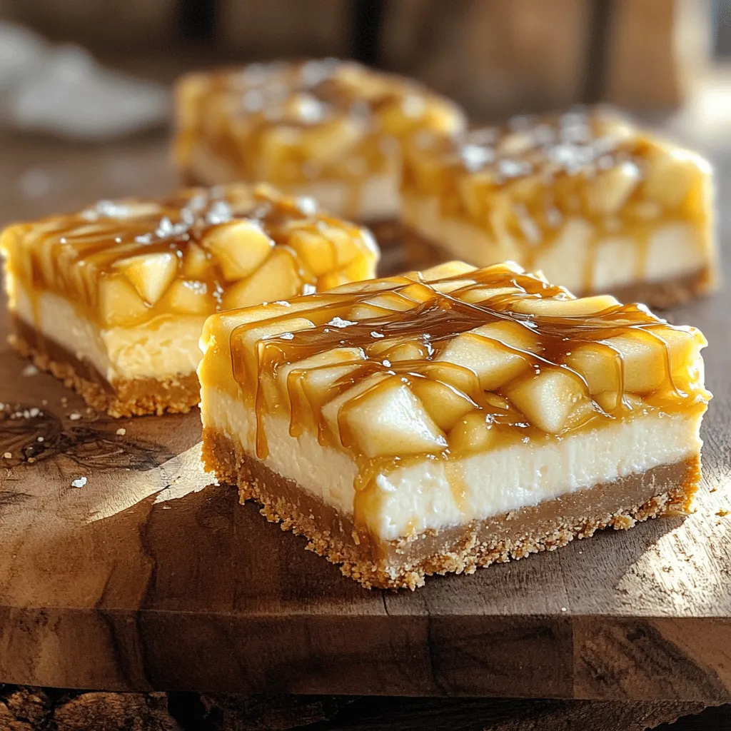 - 1 ½ cups graham cracker crumbs - ½ cup unsalted butter, melted - ¼ cup brown sugar - 1 teaspoon cinnamon - 16 oz cream cheese, softened - ½ cup granulated sugar - 2 large eggs - 1 teaspoon vanilla extract - 1 cup sour cream - 2 medium apples, peeled, cored, and diced (Granny Smith or Honeycrisp work well) - 2 tablespoons lemon juice - ½ teaspoon cinnamon - ¼ cup granulated sugar - ½ cup caramel sauce (store-bought or homemade) - Sea salt, for garnish (optional) Each ingredient plays an important role in making these bars shine. The graham cracker crumbs give a nice crunch to the crust. The melted butter binds the crumbs together, while brown sugar adds sweetness. Cinnamon adds warmth to the crust, making it comforting. For the cheesecake layer, the cream cheese is the star. It brings a creamy texture that melts in your mouth. Granulated sugar adds sweetness, while eggs give the layer its structure. Vanilla extract enhances the flavor, and sour cream adds a bit of tang. In the apple layer, fresh apples add moisture and flavor. I love using Granny Smith or Honeycrisp for their balance of sweet and tart. Lemon juice keeps the apples bright and fresh. Cinnamon and sugar round out the flavor, making it extra delicious. Lastly, the caramel topping is the finishing touch. It adds a rich, sweet layer on top of the cheesecake. A sprinkle of sea salt gives a nice contrast, making each bite even better. You can find the full recipe for these delicious caramel apple cheesecake bars in the article. Enjoy! - Preheat the oven to 350°F (175°C). - Line an 8x8 inch baking dish with parchment paper. This helps with easy removal later. - In a mixing bowl, combine the crust ingredients: graham cracker crumbs, melted butter, brown sugar, and cinnamon. - Mix until it looks like wet sand. - Press this mixture firmly into the bottom of the baking dish. - Bake for 10 minutes until set and lightly golden. - In a large bowl, beat the cream cheese and sugar until smooth. - Add the eggs one by one. Mix well after each addition. - Stir in the vanilla and sour cream until fully combined. - Toss the diced apples with lemon juice, sugar, and cinnamon in a separate bowl. - Make sure they are evenly coated. Set aside to let them soak up the flavors. - Pour the cheesecake mixture over the cooled crust. Spread it evenly. - Gently fold in the apple mixture, distributing the apples throughout. - Bake for 30-35 minutes until the center is set but still slightly jiggly. - Once cooled, drizzle caramel sauce over the top. - If you like, sprinkle a pinch of sea salt for extra flavor. - Chill in the fridge for at least 3 hours before slicing. For the full recipe, you can refer back to the ingredients and steps listed above. Enjoy your delicious creation! The best apples for baking are Granny Smith and Honeycrisp. They balance sweet and tart flavors well. Granny Smith adds a nice tang, while Honeycrisp brings sweetness and crunch. To keep your apples firm during baking, avoid overcooking. Toss the diced apples with lemon juice right after cutting. This helps prevent browning and keeps them fresh. For a smooth cheesecake, mix cream cheese until it is soft. Start with room temperature cream cheese for the best results. Add sugar slowly and mix until there are no lumps. To avoid cracks in your cheesecake, bake at a low temperature. Bake the bars until they are just set in the center. Remember, a slight jiggle is okay! You can use store-bought caramel sauce for ease. However, making your own caramel sauce is simple and delicious. Combine sugar and water in a pan, heat until golden, and add butter and cream. When making caramel, watch it closely. It can burn quickly. If you want a richer flavor, consider adding a pinch of sea salt. For the complete process and more details, check the Full Recipe. {{image_2}} You can add nuts for a nice crunch. Walnuts or pecans work great in this recipe. Chop them into small pieces and mix them into the crust. This change adds texture and flavor. You can also sprinkle some on top before serving. This gives a nice look and extra crunch. Looking for something different? Try a chocolate twist! Instead of caramel, use chocolate ganache. To make the ganache, melt chocolate with cream until smooth. Pour it over the cooled cheesecake bars. This change makes the dessert rich and sweet. It pairs well with apples and cream cheese. You can enhance the flavor with different spices. Try nutmeg or ginger for warmth. A pinch of allspice can add depth to the taste. You can also switch apples for pears or peaches for a seasonal touch. These tweaks keep the dessert fresh and exciting. Explore these flavors to find your favorite mix! To keep your caramel apple cheesecake bars fresh, store them in the fridge. Use an airtight container to seal them well. This will help prevent the bars from drying out. If you want to keep them even fresher, place a piece of plastic wrap over the surface before sealing the container. This extra layer traps moisture, keeping the bars soft and tasty for longer. Want to save some for later? You can freeze these cheesecake bars! First, let them cool completely after baking. Then, cut the bars into squares and wrap each one tightly in plastic wrap. Place the wrapped bars in a freezer bag or container. When you're ready to enjoy them again, thaw in the fridge overnight. To serve, you can reheat them in the microwave for about 15 seconds. This will warm them up nicely without losing texture. These delicious bars last about 5 to 7 days in the fridge. Keep an eye on their appearance and smell. If you notice any off smells or changes in color, it’s best to throw them away. Fresh bars will have a creamy look and a sweet scent. Enjoy them while they are still at their best! For the full recipe, check out the details above. Yes, you can use low-fat cream cheese. It may change the taste and texture. The bars might not be as rich or creamy. This can still work if you want a lighter dessert. Just ensure it is softened well for easy mixing. No graham crackers? No problem! You can use crushed vanilla wafers or digestive biscuits. Both can make a tasty crust. Just use the same amount as the graham cracker crumbs in the recipe. Yes, you can make these bars ahead of time. Just bake and chill them the day before serving. This allows the flavors to blend well. You can also cut and store them in the fridge for quick serving. When serving, cut them into even squares. You can place them on a nice platter. Drizzle extra caramel on top for a beautiful look. Adding a sprinkle of sea salt can also enhance the flavor. Enjoy these treats with family or friends! For the complete process, refer to the [Full Recipe]. In this blog post, we explored how to create delicious apple cheesecake bars. We covered ingredients for the crust, cheesecake layer, and apple topping. I shared step-by-step instructions and helpful tips for achieving the best texture. You learned storage tips and tasty variations to try. Enjoying this dessert can be a fun experience. Making these bars lets you be creative and try new flavors too. With some practice, you will master this treat. It's a recipe worth making time and again.
