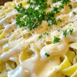 - 1 cup heavy cream - 1/2 cup unsalted butter - 3 cloves garlic, minced - 1 cup grated Parmesan cheese - 1/2 teaspoon salt - 1/4 teaspoon black pepper - 1/4 teaspoon nutmeg - Fresh parsley, chopped (for garnish) You can swap heavy cream for half-and-half or whole milk. This will make the sauce lighter. For a vegan twist, use coconut cream instead. You can also try vegan butter and nutritional yeast in place of cheese. Fresh garlic has a strong flavor. It makes your sauce taste great. I recommend using whole cloves instead of pre-minced garlic. Always choose good Parmesan cheese. A block of cheese is best, as it melts smoothly. Melting the butter Start by placing a medium saucepan over medium heat. Add 1/2 cup of unsalted butter. As it melts, keep an eye on it. You want it to melt fully but not brown. This step gives the sauce a rich base. Sautéing garlic Once the butter is melted, add 3 minced garlic cloves. Stir them in the butter for about 1-2 minutes. You want the garlic to become fragrant, but be careful. If it browns, it will taste bitter. Adding and simmering the cream Now, pour in 1 cup of heavy cream. Stir the mixture and bring it to a gentle simmer. This should only take a couple of minutes. Keep stirring occasionally to prevent the cream from sticking to the bottom. Incorporating Parmesan cheese After the cream simmers, reduce the heat to low. Slowly whisk in 1 cup of grated Parmesan cheese. Keep whisking until the cheese melts completely. The sauce should become smooth and creamy. Seasoning the sauce Now it’s time to add flavor. Season the sauce with 1/2 teaspoon of salt, 1/4 teaspoon of black pepper, and 1/4 teaspoon of nutmeg. Stir well to combine everything. This will enhance the taste of the sauce. Adjusting consistency Let the sauce thicken for a few more minutes. If it’s too thick, add a little more cream. If it’s too thin, let it simmer longer. Taste the sauce and adjust the seasoning if needed. Your creamy garlic Alfredo sauce is ready to enjoy! To thicken your creamy garlic Alfredo sauce, you can use a few easy tricks. First, allow the sauce to simmer longer. This helps it reduce and thicken. If you want a thicker sauce, add more cheese. Parmesan melts nicely and will enhance the flavor. If you want a creamier sauce, use more heavy cream. You can also mix in a bit of cream cheese. This adds richness without changing the flavor too much. Want to boost the taste? Try adding a pinch of red pepper flakes. This gives a nice kick. You can also mix in fresh herbs like basil or thyme for freshness. When it comes to pasta, fettuccine is a classic choice. Its wide noodles hold the sauce well. You could also use linguine or even penne. Each type of pasta brings a unique texture. The best pasta to use is long and flat, like fettuccine. This allows the sauce to cling to each bite. You can also serve it over short pasta like penne for a fun twist. Pair your creamy garlic Alfredo with proteins like grilled chicken or shrimp. Both options work well. You can also add veggies like broccoli or peas for added color and nutrients. For the full recipe, check out the detailed instructions above. {{image_2}} You can make your creamy garlic Alfredo sauce even better with simple changes. Adding fresh herbs like basil or thyme can enhance the flavor. Chop them finely and stir them in at the end. You can also try using different cheeses. Pecorino Romano brings a sharp taste that mixes well with the cream. Just replace some of the Parmesan cheese with it for a unique twist. If you need a gluten-free Alfredo sauce, just use gluten-free pasta. The sauce itself is already gluten-free. For those on a low-carb or keto diet, you can swap the heavy cream for a low-carb cream. Use a keto-friendly pasta or even zucchini noodles to keep it healthy. Don't just use this sauce for pasta. You can make Alfredo pizza! Spread the sauce over pizza dough as a base. Top it with your favorite veggies or meats, and bake until golden. Another fun idea is to turn it into a creamy garlic Alfredo dip. Serve it with fresh veggies or breadsticks. Just heat the sauce and enjoy it as a tasty appetizer. For the full recipe, check the complete instructions and ingredients. To keep your creamy garlic Alfredo sauce fresh, store it in an airtight container. This helps prevent it from absorbing other flavors in the fridge. Place the sauce in the refrigerator as soon as it cools. It can last for about three to four days. If you see any signs of spoilage, like a change in color or smell, it's best to discard it. When you reheat the sauce, do it gently. Use low heat on the stovetop for the best results. Stir it often to keep it smooth. If you use a microwave, heat it in short bursts. Stir after each burst to avoid hot spots that can cause separation. Both methods work, but stovetop gives you more control. You can freeze creamy garlic Alfredo sauce if you want to save some for later. Pour it into a freezer-safe container and leave some space at the top. The sauce will expand as it freezes. It can last for up to three months in the freezer. When you’re ready to use it, thaw it in the fridge overnight. Avoid thawing in the microwave, as it may change the texture. After thawing, reheat it gently on the stovetop, stirring well to bring it back to life. How to make Alfredo sauce without garlic? You can make Alfredo sauce without garlic by skipping it entirely. Use butter, heavy cream, and Parmesan cheese. This will still give you a rich and creamy sauce. Can I use milk instead of heavy cream? Yes, you can use milk, but the sauce will be thinner. To make it creamier, add some flour or cornstarch to thicken it. Why is my Alfredo sauce grainy? Grainy sauce often happens when cheese is added too quickly. Ensure the heat is low when adding cheese. Stir slowly and let it melt fully for a smooth texture. How can I fix a sauce that is too thin? If your sauce is too thin, mix a little cornstarch with cold water. Stir this mix into the sauce and heat until it thickens. What goes well with creamy garlic Alfredo sauce? This sauce pairs well with fettuccine or linguine. You can also serve it with roasted veggies or garlic bread for a tasty meal. Can I add protein to the sauce? Yes! You can add grilled chicken, shrimp, or even sautéed mushrooms. This adds flavor and makes the dish more filling. Where to find the Full Recipe? You can find the Full Recipe for creamy garlic Alfredo sauce in the earlier section of this article. This blog post shared a simple way to make creamy garlic Alfredo sauce. We covered key ingredients, cooking steps, and tips for perfect flavor and texture. You learned about ingredient swaps and variations to fit different diets. Storing and reheating tips ensure you enjoy every last bite. With this knowledge, you can now create a delicious sauce for pasta or other dishes. Enjoy experimenting with flavors and recipes!