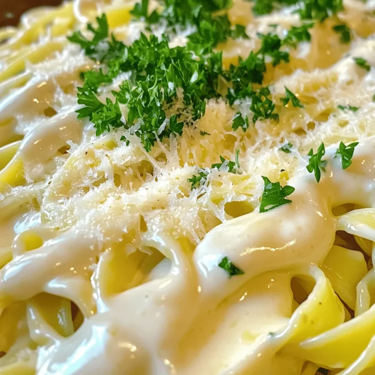 - 1 cup heavy cream - 1/2 cup unsalted butter - 3 cloves garlic, minced - 1 cup grated Parmesan cheese - 1/2 teaspoon salt - 1/4 teaspoon black pepper - 1/4 teaspoon nutmeg - Fresh parsley, chopped (for garnish) You can swap heavy cream for half-and-half or whole milk. This will make the sauce lighter. For a vegan twist, use coconut cream instead. You can also try vegan butter and nutritional yeast in place of cheese. Fresh garlic has a strong flavor. It makes your sauce taste great. I recommend using whole cloves instead of pre-minced garlic. Always choose good Parmesan cheese. A block of cheese is best, as it melts smoothly. Melting the butter Start by placing a medium saucepan over medium heat. Add 1/2 cup of unsalted butter. As it melts, keep an eye on it. You want it to melt fully but not brown. This step gives the sauce a rich base. Sautéing garlic Once the butter is melted, add 3 minced garlic cloves. Stir them in the butter for about 1-2 minutes. You want the garlic to become fragrant, but be careful. If it browns, it will taste bitter. Adding and simmering the cream Now, pour in 1 cup of heavy cream. Stir the mixture and bring it to a gentle simmer. This should only take a couple of minutes. Keep stirring occasionally to prevent the cream from sticking to the bottom. Incorporating Parmesan cheese After the cream simmers, reduce the heat to low. Slowly whisk in 1 cup of grated Parmesan cheese. Keep whisking until the cheese melts completely. The sauce should become smooth and creamy. Seasoning the sauce Now it’s time to add flavor. Season the sauce with 1/2 teaspoon of salt, 1/4 teaspoon of black pepper, and 1/4 teaspoon of nutmeg. Stir well to combine everything. This will enhance the taste of the sauce. Adjusting consistency Let the sauce thicken for a few more minutes. If it’s too thick, add a little more cream. If it’s too thin, let it simmer longer. Taste the sauce and adjust the seasoning if needed. Your creamy garlic Alfredo sauce is ready to enjoy! To thicken your creamy garlic Alfredo sauce, you can use a few easy tricks. First, allow the sauce to simmer longer. This helps it reduce and thicken. If you want a thicker sauce, add more cheese. Parmesan melts nicely and will enhance the flavor. If you want a creamier sauce, use more heavy cream. You can also mix in a bit of cream cheese. This adds richness without changing the flavor too much. Want to boost the taste? Try adding a pinch of red pepper flakes. This gives a nice kick. You can also mix in fresh herbs like basil or thyme for freshness. When it comes to pasta, fettuccine is a classic choice. Its wide noodles hold the sauce well. You could also use linguine or even penne. Each type of pasta brings a unique texture. The best pasta to use is long and flat, like fettuccine. This allows the sauce to cling to each bite. You can also serve it over short pasta like penne for a fun twist. Pair your creamy garlic Alfredo with proteins like grilled chicken or shrimp. Both options work well. You can also add veggies like broccoli or peas for added color and nutrients. For the full recipe, check out the detailed instructions above. {{image_2}} You can make your creamy garlic Alfredo sauce even better with simple changes. Adding fresh herbs like basil or thyme can enhance the flavor. Chop them finely and stir them in at the end. You can also try using different cheeses. Pecorino Romano brings a sharp taste that mixes well with the cream. Just replace some of the Parmesan cheese with it for a unique twist. If you need a gluten-free Alfredo sauce, just use gluten-free pasta. The sauce itself is already gluten-free. For those on a low-carb or keto diet, you can swap the heavy cream for a low-carb cream. Use a keto-friendly pasta or even zucchini noodles to keep it healthy. Don't just use this sauce for pasta. You can make Alfredo pizza! Spread the sauce over pizza dough as a base. Top it with your favorite veggies or meats, and bake until golden. Another fun idea is to turn it into a creamy garlic Alfredo dip. Serve it with fresh veggies or breadsticks. Just heat the sauce and enjoy it as a tasty appetizer. For the full recipe, check the complete instructions and ingredients. To keep your creamy garlic Alfredo sauce fresh, store it in an airtight container. This helps prevent it from absorbing other flavors in the fridge. Place the sauce in the refrigerator as soon as it cools. It can last for about three to four days. If you see any signs of spoilage, like a change in color or smell, it's best to discard it. When you reheat the sauce, do it gently. Use low heat on the stovetop for the best results. Stir it often to keep it smooth. If you use a microwave, heat it in short bursts. Stir after each burst to avoid hot spots that can cause separation. Both methods work, but stovetop gives you more control. You can freeze creamy garlic Alfredo sauce if you want to save some for later. Pour it into a freezer-safe container and leave some space at the top. The sauce will expand as it freezes. It can last for up to three months in the freezer. When you’re ready to use it, thaw it in the fridge overnight. Avoid thawing in the microwave, as it may change the texture. After thawing, reheat it gently on the stovetop, stirring well to bring it back to life. How to make Alfredo sauce without garlic? You can make Alfredo sauce without garlic by skipping it entirely. Use butter, heavy cream, and Parmesan cheese. This will still give you a rich and creamy sauce. Can I use milk instead of heavy cream? Yes, you can use milk, but the sauce will be thinner. To make it creamier, add some flour or cornstarch to thicken it. Why is my Alfredo sauce grainy? Grainy sauce often happens when cheese is added too quickly. Ensure the heat is low when adding cheese. Stir slowly and let it melt fully for a smooth texture. How can I fix a sauce that is too thin? If your sauce is too thin, mix a little cornstarch with cold water. Stir this mix into the sauce and heat until it thickens. What goes well with creamy garlic Alfredo sauce? This sauce pairs well with fettuccine or linguine. You can also serve it with roasted veggies or garlic bread for a tasty meal. Can I add protein to the sauce? Yes! You can add grilled chicken, shrimp, or even sautéed mushrooms. This adds flavor and makes the dish more filling. Where to find the Full Recipe? You can find the Full Recipe for creamy garlic Alfredo sauce in the earlier section of this article. This blog post shared a simple way to make creamy garlic Alfredo sauce. We covered key ingredients, cooking steps, and tips for perfect flavor and texture. You learned about ingredient swaps and variations to fit different diets. Storing and reheating tips ensure you enjoy every last bite. With this knowledge, you can now create a delicious sauce for pasta or other dishes. Enjoy experimenting with flavors and recipes!