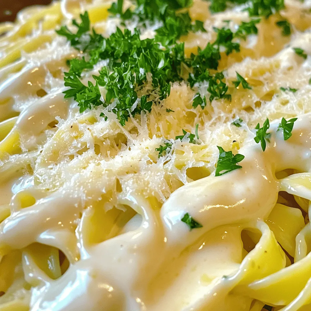 - 1 cup heavy cream - 1/2 cup unsalted butter - 3 cloves garlic, minced - 1 cup grated Parmesan cheese - 1/2 teaspoon salt - 1/4 teaspoon black pepper - 1/4 teaspoon nutmeg - Fresh parsley, chopped (for garnish) You can swap heavy cream for half-and-half or whole milk. This will make the sauce lighter. For a vegan twist, use coconut cream instead. You can also try vegan butter and nutritional yeast in place of cheese. Fresh garlic has a strong flavor. It makes your sauce taste great. I recommend using whole cloves instead of pre-minced garlic. Always choose good Parmesan cheese. A block of cheese is best, as it melts smoothly. Melting the butter Start by placing a medium saucepan over medium heat. Add 1/2 cup of unsalted butter. As it melts, keep an eye on it. You want it to melt fully but not brown. This step gives the sauce a rich base. Sautéing garlic Once the butter is melted, add 3 minced garlic cloves. Stir them in the butter for about 1-2 minutes. You want the garlic to become fragrant, but be careful. If it browns, it will taste bitter. Adding and simmering the cream Now, pour in 1 cup of heavy cream. Stir the mixture and bring it to a gentle simmer. This should only take a couple of minutes. Keep stirring occasionally to prevent the cream from sticking to the bottom. Incorporating Parmesan cheese After the cream simmers, reduce the heat to low. Slowly whisk in 1 cup of grated Parmesan cheese. Keep whisking until the cheese melts completely. The sauce should become smooth and creamy. Seasoning the sauce Now it’s time to add flavor. Season the sauce with 1/2 teaspoon of salt, 1/4 teaspoon of black pepper, and 1/4 teaspoon of nutmeg. Stir well to combine everything. This will enhance the taste of the sauce. Adjusting consistency Let the sauce thicken for a few more minutes. If it’s too thick, add a little more cream. If it’s too thin, let it simmer longer. Taste the sauce and adjust the seasoning if needed. Your creamy garlic Alfredo sauce is ready to enjoy! To thicken your creamy garlic Alfredo sauce, you can use a few easy tricks. First, allow the sauce to simmer longer. This helps it reduce and thicken. If you want a thicker sauce, add more cheese. Parmesan melts nicely and will enhance the flavor. If you want a creamier sauce, use more heavy cream. You can also mix in a bit of cream cheese. This adds richness without changing the flavor too much. Want to boost the taste? Try adding a pinch of red pepper flakes. This gives a nice kick. You can also mix in fresh herbs like basil or thyme for freshness. When it comes to pasta, fettuccine is a classic choice. Its wide noodles hold the sauce well. You could also use linguine or even penne. Each type of pasta brings a unique texture. The best pasta to use is long and flat, like fettuccine. This allows the sauce to cling to each bite. You can also serve it over short pasta like penne for a fun twist. Pair your creamy garlic Alfredo with proteins like grilled chicken or shrimp. Both options work well. You can also add veggies like broccoli or peas for added color and nutrients. For the full recipe, check out the detailed instructions above. {{image_2}} You can make your creamy garlic Alfredo sauce even better with simple changes. Adding fresh herbs like basil or thyme can enhance the flavor. Chop them finely and stir them in at the end. You can also try using different cheeses. Pecorino Romano brings a sharp taste that mixes well with the cream. Just replace some of the Parmesan cheese with it for a unique twist. If you need a gluten-free Alfredo sauce, just use gluten-free pasta. The sauce itself is already gluten-free. For those on a low-carb or keto diet, you can swap the heavy cream for a low-carb cream. Use a keto-friendly pasta or even zucchini noodles to keep it healthy. Don't just use this sauce for pasta. You can make Alfredo pizza! Spread the sauce over pizza dough as a base. Top it with your favorite veggies or meats, and bake until golden. Another fun idea is to turn it into a creamy garlic Alfredo dip. Serve it with fresh veggies or breadsticks. Just heat the sauce and enjoy it as a tasty appetizer. For the full recipe, check the complete instructions and ingredients. To keep your creamy garlic Alfredo sauce fresh, store it in an airtight container. This helps prevent it from absorbing other flavors in the fridge. Place the sauce in the refrigerator as soon as it cools. It can last for about three to four days. If you see any signs of spoilage, like a change in color or smell, it's best to discard it. When you reheat the sauce, do it gently. Use low heat on the stovetop for the best results. Stir it often to keep it smooth. If you use a microwave, heat it in short bursts. Stir after each burst to avoid hot spots that can cause separation. Both methods work, but stovetop gives you more control. You can freeze creamy garlic Alfredo sauce if you want to save some for later. Pour it into a freezer-safe container and leave some space at the top. The sauce will expand as it freezes. It can last for up to three months in the freezer. When you’re ready to use it, thaw it in the fridge overnight. Avoid thawing in the microwave, as it may change the texture. After thawing, reheat it gently on the stovetop, stirring well to bring it back to life. How to make Alfredo sauce without garlic? You can make Alfredo sauce without garlic by skipping it entirely. Use butter, heavy cream, and Parmesan cheese. This will still give you a rich and creamy sauce. Can I use milk instead of heavy cream? Yes, you can use milk, but the sauce will be thinner. To make it creamier, add some flour or cornstarch to thicken it. Why is my Alfredo sauce grainy? Grainy sauce often happens when cheese is added too quickly. Ensure the heat is low when adding cheese. Stir slowly and let it melt fully for a smooth texture. How can I fix a sauce that is too thin? If your sauce is too thin, mix a little cornstarch with cold water. Stir this mix into the sauce and heat until it thickens. What goes well with creamy garlic Alfredo sauce? This sauce pairs well with fettuccine or linguine. You can also serve it with roasted veggies or garlic bread for a tasty meal. Can I add protein to the sauce? Yes! You can add grilled chicken, shrimp, or even sautéed mushrooms. This adds flavor and makes the dish more filling. Where to find the Full Recipe? You can find the Full Recipe for creamy garlic Alfredo sauce in the earlier section of this article. This blog post shared a simple way to make creamy garlic Alfredo sauce. We covered key ingredients, cooking steps, and tips for perfect flavor and texture. You learned about ingredient swaps and variations to fit different diets. Storing and reheating tips ensure you enjoy every last bite. With this knowledge, you can now create a delicious sauce for pasta or other dishes. Enjoy experimenting with flavors and recipes!