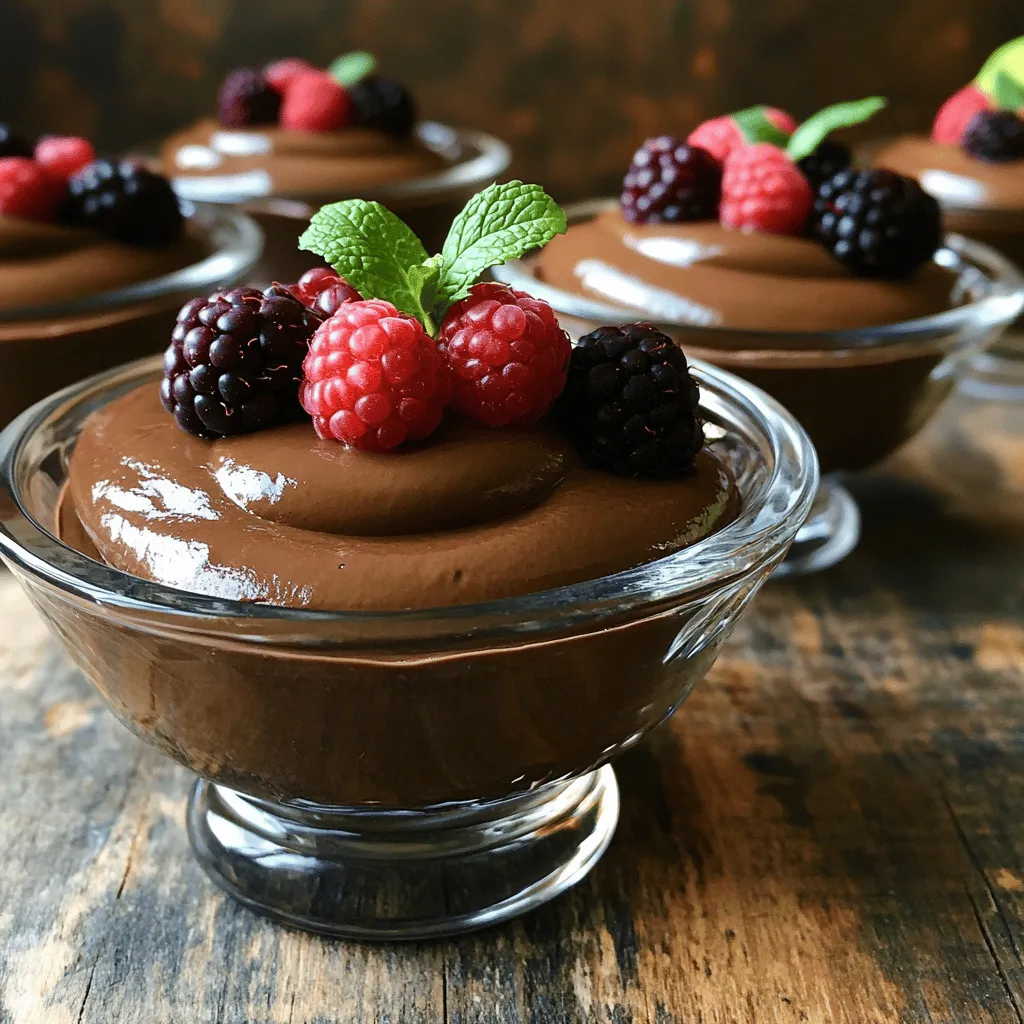 - Ripe avocados - Unsweetened cocoa powder - Maple syrup - Vanilla extract - Almond milk - Sea salt - Optional garnishes In this vegan chocolate avocado mousse, each ingredient plays a key role. Ripe avocados give the mousse its rich and creamy base. They provide healthy fats and a smooth texture. Unsweetened cocoa powder adds a deep chocolate flavor without extra sugar. Maple syrup sweetens the mousse naturally and balances the cocoa’s bitterness. Vanilla extract enhances the overall taste, adding warmth and depth. Almond milk keeps the mousse silky and light. A pinch of sea salt lifts all the flavors, making them pop. Optional garnishes like fresh berries or mint leaves add color and freshness. You can use the Full Recipe to create this tasty treat. This mousse is not only delicious but also healthy. A typical serving has around 200 calories. It contains about 12g of fat, mainly from avocados. The carbs are roughly 20g, mostly from maple syrup. You also get about 3g of protein per serving. Avocados are a superfood. They provide fiber, vitamins, and minerals. They can help lower bad cholesterol and support heart health. This mousse allows you to enjoy dessert while still eating well. To start, you need a few tools. Grab a food processor and measuring cups. These will help you mix everything well. First, take your ripe avocados. Peel and pit them, then add them to the food processor. Next, measure out the cocoa powder, maple syrup, vanilla extract, almond milk, and sea salt. Add these ingredients to the processor as well. Now, blend the mixture on high speed. This step is key to a smooth mousse. If you see ingredients stuck to the sides, stop the machine and scrape them down. Use a spatula to ensure all the mix gets blended well. You want a creamy texture, so blend until it looks silky and smooth. Taste the mousse. If you want it sweeter, add more maple syrup and blend briefly again. Chilling the mousse is very important. It helps the flavors blend and makes it firmer. Once blended, transfer the mousse to serving bowls. Cover them with plastic wrap. Refrigerate for at least 30 minutes. When ready to serve, garnish with fresh berries and mint leaves. This adds a nice touch and makes it look beautiful. For the full recipe, check out the complete guide. To get a creamy mousse, start with ripe avocados. If they are too firm, your mousse may not blend well. Add more almond milk to thin it out if needed. If it turns out too thin, add more cocoa powder or avocado. Avoid these common mistakes: - Using unripe avocados: They will not blend smoothly. - Not blending long enough: Make sure to blend until smooth. You can make the mousse even better! Try adding a pinch of cinnamon or a drop of peppermint extract. This gives it an exciting twist. For sweetness, taste your mousse and adjust with more maple syrup if you like it sweeter. Balance is key. Too much cocoa can make it bitter. Use just enough maple syrup to suit your taste. Pair your mousse with fresh fruits like strawberries or bananas. Nuts like walnuts or almonds add crunch and flavor. You can also use the mousse in other desserts. Try it as a filling for vegan cakes or as a topping for pancakes. The options are endless! For the full recipe, check out the recipe section above. {{image_2}} You can switch up the taste of your vegan chocolate avocado mousse in fun ways. - Mint chocolate mousse: Add 1 teaspoon of peppermint extract. Blend it in for a fresh twist. - Espresso-infused mousse: Mix in 1 tablespoon of instant espresso powder. This adds a rich coffee flavor. If you want to change some ingredients, here are some great swaps. - Alternative sweeteners: Use agave syrup or honey instead of maple syrup. Adjust the amount based on your taste. - Different plant-based milks: Try coconut milk or cashew milk for a different flavor and creaminess. Get creative with how you serve your mousse! - Mixing with other desserts: Layer it with vegan cake or parfaits for a fun treat. - Creative serving containers: Serve in mason jars, shot glasses, or coconut shells. This adds a special touch to your dessert. For the full recipe, check out the Decadent Vegan Chocolate Avocado Mousse. Enjoy your cooking adventures! To keep your vegan chocolate avocado mousse fresh, use airtight containers. Glass or plastic containers work well. Make sure to cover them tightly to prevent air from getting in. This mousse lasts about 3-5 days in the fridge. Always check for changes in smell or texture before eating. Yes, you can freeze vegan chocolate mousse. This is a great way to save extra portions. To freeze, place the mousse in a freezer-safe container. Leave some space at the top because it will expand when frozen. Seal it tightly. It can last up to two months in the freezer. When you thaw the mousse, do it slowly in the fridge. This helps maintain the texture. If it seems too thick after thawing, you can stir in a little almond milk. You can use thawed mousse as a filling for cakes or spread it on toast for a sweet treat. Yes, you can make this mousse nut-free! Instead of almond milk, use oat milk or coconut milk. Both options give a nice texture and taste without nuts. These milks are creamy and blend well with the mousse. If you want a sweeter mousse, add more maple syrup. Start with one tablespoon and blend it in. Taste it again. If you need more sweetness, keep adding small amounts until it's just right. You can also try using agave syrup for a different flavor. Yes, this mousse is great for kids! It has healthy ingredients, like avocados, which provide good fats. Avocados help kids grow strong. You can serve it in fun cups or top it with fresh berries. Kids will love the chocolate flavor! The mousse stays fresh for about three days in the fridge. Store it in an airtight container to keep it from drying out. If you want it to last longer, cover it well with plastic wrap. Enjoy it chilled for the best taste! This blog post shows how to make a delicious vegan chocolate mousse. You learned about the key ingredients, like ripe avocados and cocoa powder. I shared tips for blending and achieving the perfect texture. Flavor variations add fun, and I discussed how to store leftovers correctly. In closing, this mousse is easy to make and enjoy. Feel free to get creative with flavors and toppings. It’s a tasty treat that everyone can love. Dive in and enjoy your culinary creation!