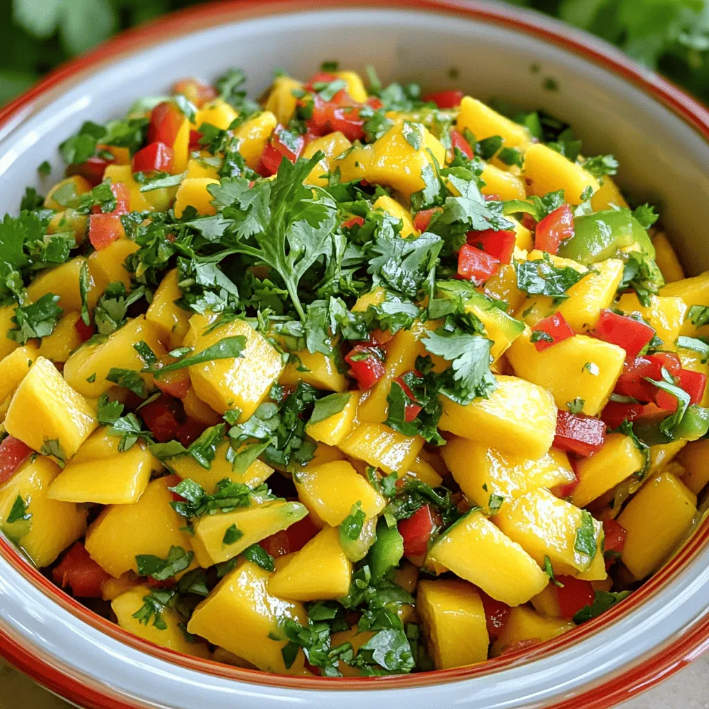 - 2 ripe mangoes, diced - 1 small red bell pepper, finely chopped - 1/2 red onion, finely chopped - 1 jalapeño, seeded and minced - 2 tablespoons fresh cilantro, chopped - Juice of 2 limes - Salt to taste - Zest of 1 lime (for an extra zing) To make a great Tropical Mango Salsa, start with ripe mangoes. The sweetness of the mango makes all the difference. You want to choose mangoes that are slightly soft when you press them. They should have a nice, fruity aroma. The best varieties for salsa include Haden and Tommy Atkins. Both types are sweet and juicy. They add a lovely flavor to your dish. Next, gather your kitchen tools. You will need a cutting board and a sharp knife. A mixing bowl is essential for combining everything. With the right ingredients and tools, you can create a salsa that bursts with flavor. Use the full recipe to guide you through the steps. Enjoy your cooking! First, gather your ingredients. Peel the mangoes, then dice them into small cubes. This step is key for a good texture. Next, chop the red bell pepper and onion finely. Aim for small pieces so they mix well. Now, take the jalapeño. Seed and mince it, adjusting for heat based on your taste. In a large mixing bowl, combine the diced mango, bell pepper, onion, and jalapeño. Gently stir to keep the mango pieces intact. Add the chopped cilantro and squeeze in the lime juice. Don’t forget the lime zest! This extra touch adds a burst of flavor. Letting your salsa sit is vital for flavor. Cover the bowl with plastic wrap and let it rest for at least 30 minutes. This time allows the ingredients to blend well. Enjoy the wait; your taste buds will thank you! To balance flavors in your Tropical Mango Salsa, you can add sweetness or heat. If you want it sweeter, add honey or more mango. For heat, add more jalapeño or a dash of hot sauce. Always taste as you go. This way, you can find the flavor balance that you love. When it comes to seasoning, use salt sparingly. Start small and add more if needed. Lime juice brings acidity, so it’s key for bright flavor. A pinch of black pepper can enhance the taste too. Tropical Mango Salsa pairs well with many dishes. It’s perfect with grilled chicken, fish, or shrimp. You can also serve it with tortilla chips for a tasty dip. Get creative! Try it on tacos or in wraps. It also makes a great topping for salads. You can even use it as a condiment for burgers. The options are endless! To boost freshness, consider adding other fresh ingredients. Chopped avocado or diced cucumber can add creaminess and crunch. Fresh mint or basil can also add a unique twist. To keep the salsa fresh longer, store it in an airtight container. Place it in the fridge right after making it. The salsa will stay good for about 2-3 days. If you notice any browning, squeeze more lime juice over it to brighten the color. For the full recipe, check out the Tropical Mango Salsa recipe above. Enjoy the freshness! {{image_2}} To spice things up, you can add more jalapeño. If you like it hot, try a serrano pepper. You can also mix in chopped habanero for a fiery kick. Remember to taste as you go. This way, you control the heat level. Adding more chili brings a bold flavor. Your guests will love the extra heat! You can make your salsa even more exciting by adding other fruits. Pineapple adds a sweet and tangy twist. Kiwi introduces a unique flavor and bright color. Try mixing diced strawberries for a fresh touch. Combine these fruits with mango for a tropical explosion. The blend of flavors makes every bite refreshing. If you prefer a milder salsa, remove the jalapeño seeds. You can also skip the jalapeño altogether. Adding more mango will balance the heat and enhance sweetness. For a hotter version, add diced chili peppers. Adjust to your taste, so it’s just right for you. This allows everyone to enjoy the salsa, no matter their spice preference. To keep your tropical mango salsa fresh, use an airtight container. Glass containers work best. They keep flavors intact and don’t stain. If you don’t have glass, plastic containers are fine too. Before sealing, make sure to remove any air. This helps keep the salsa crisp. Place your container in the fridge. It stays fresh when chilled. How long can it last in the fridge? If stored well, tropical mango salsa can last up to five days in the fridge. After that, its flavors may fade. Signs of spoilage to watch for include a sour smell or a change in color. If you see mold or the salsa looks watery, it’s time to toss it. Can you freeze salsa? Yes, you can freeze tropical mango salsa. However, the texture may change. To freeze, use an airtight container. Leave some space at the top for expansion. Tips for thawing and serving include moving the salsa to the fridge overnight. Once thawed, stir gently and taste. You may want to add fresh lime juice for extra zing. For the full recipe, visit the Tropical Mango Salsa section. Enjoy your fresh and flavorful delight! It takes about 15 minutes to prep your ingredients. After that, let it sit for 30 minutes. This brings all the flavors together. The total time is around 45 minutes. You will enjoy a fresh, tasty salsa in no time! You can serve Tropical Mango Salsa with many things. Here are some fun ideas: - Tortilla chips for dipping - Grilled chicken or fish as a topping - Tacos to add a tropical twist - Salad for extra flavor - Rice or quinoa for a colorful side Yes, you can use frozen mango. It may save you time, but there are a few things to think about. Fresh mango has a better texture and taste. Frozen mango can be mushy when thawed. If you use frozen, let it thaw and drain excess water. You want your salsa to stay fresh and crunchy! In this blog post, we explored how to make Tropical Mango Salsa. We discussed the right ingredients, which include ripe mangoes, bell peppers, and lime juice. I shared tips for selecting the best mangoes and the tools needed for preparation. You can enjoy this salsa with various dishes or as a refreshing dip. Remember, letting the flavors meld improves the taste. Now, get creative with variations or storage options to keep it fresh. Enjoy this vibrant dish on your next meal!