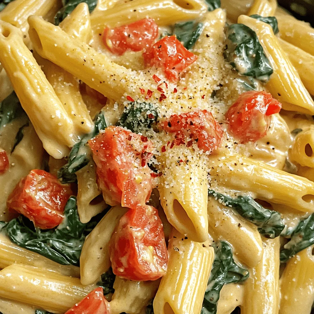 - 8 oz (225g) pasta (penne or fettuccine) - 1 tablespoon olive oil - 3 cloves garlic, minced - 1 can (14 oz) diced tomatoes, drained - 1 cup heavy cream - 2 cups fresh spinach, roughly chopped - Freshly grated Parmesan cheese for serving - 1 teaspoon dried Italian herbs (oregano, basil, thyme) - Salt and pepper to taste - Optional: Red pepper flakes for a kick Gather these ingredients before you start. This makes cooking smoother. I love using penne or fettuccine for this dish. Both hold the sauce well. The heavy cream is key for that rich, creamy texture. Fresh spinach adds a pop of color and nutrients. You can use other greens if you prefer, but spinach works best. Don’t skip the garlic! It enhances the dish's flavor. The dried Italian herbs bring warmth and depth. Adjust the salt and pepper to your taste. If you enjoy heat, sprinkle in some red pepper flakes. You can find the full recipe at the end of this section. Enjoy the process of cooking this simple, yet flavorful dish! Start by boiling a large pot of salted water. Add the pasta and cook it until it's al dente. This means it should be firm when you bite it. Once done, reserve about 1 cup of pasta water before draining it. This water will help adjust the sauce later. While the pasta cooks, heat one tablespoon of olive oil in the same pot over medium heat. Add three cloves of minced garlic and sauté them for about one minute. You want the garlic fragrant but not browned. Then, stir in one can of drained diced tomatoes. Cook this mixture for two to three minutes to let the flavors meld and heat through. Now, pour in one cup of heavy cream and stir well to combine. Bring the sauce to a gentle simmer and reduce the heat to low. Next, add two cups of roughly chopped spinach and one teaspoon of dried Italian herbs. Cook until the spinach wilts, which takes about two to three minutes. Finally, gently fold in the cooked pasta. If the sauce seems too thick, add some reserved pasta water until you reach your desired consistency. Enjoy your creamy tomato spinach pasta! For the full recipe, check the link. To avoid overcooking the pasta, cook it just until al dente. This means it should still have a bit of bite when you chew it. Always check the package for cooking time, and taste it a minute or two before time is up. Reserve some pasta water before draining. This starchy water helps to thicken your sauce later. To maximize flavor in the sauce, sauté the garlic until just fragrant. Don’t let it brown, as this can make it bitter. Add the tomatoes and let them cook for a few minutes. This helps blend their flavors before adding cream. Stir in the cream slowly, allowing it to heat gently. This keeps the sauce smooth. Pair your creamy tomato spinach pasta with garlic bread. The bread soaks up the sauce nicely. A fresh salad also works well. Try a simple mix of greens with a light vinaigrette. For garnishing, sprinkle fresh herbs like basil or parsley on top. A generous amount of freshly grated Parmesan cheese adds a rich finish. For best results, use a large pot for boiling pasta. A deep skillet or saucepan is ideal for making the sauce. A wooden spoon helps combine everything without scratching your cookware. Have a colander ready to drain the pasta. A good set of measuring spoons will help you keep track of ingredients. With these tips and equipment, your creamy tomato spinach pasta will shine. For the full recipe, you can refer to the earlier section. {{image_2}} You can easily make this dish vegetarian or vegan. For a vegetarian version, skip any meat and use vegetable broth instead of chicken broth. To make it vegan, replace heavy cream with coconut milk or a nut-based cream. You can also find vegan cheese to sprinkle on top. For gluten-free options, choose gluten-free pasta. Many brands offer great choices that taste wonderful. Look for options made from rice, corn, or lentils. They cook well and hold the sauce nicely. Want to change it up? Add proteins like chicken or shrimp. Cook them in the olive oil before adding garlic. This gives extra flavor to the dish. Chicken breast works well, while shrimp cooks quickly and adds a lovely taste. You can also explore different herbs and spices. Try adding fresh basil or parsley for a bright flavor. A pinch of smoked paprika can add a nice depth. Experiment with what you have at home to find your favorite blend. This creamy tomato spinach pasta tastes best hot. Serve it right away for the creamiest texture. If you want to serve it cold, let it cool down first. It makes a tasty pasta salad for lunch. For meal prep, make it ahead of time. Store it in the fridge for quick lunches or dinners. You can easily reheat it in the microwave. Just add a splash of water to keep it creamy. For the full recipe, check the link. To store your creamy tomato spinach pasta, let it cool first. Then, place it in an airtight container. This keeps it fresh and prevents odors. You can store it in the fridge for up to three days. After three days, the taste and texture may change. To freeze this dish, let it cool completely. Place it in a freezer-safe container. Make sure to leave some space for expansion. It can last in the freezer for up to three months. When you are ready to eat it, thaw it in the fridge overnight. Reheat it gently to keep the creamy texture. You can reheat this pasta in two ways: in the microwave or on the stovetop. For the microwave, place the pasta in a bowl and cover it. Heat it in short bursts, stirring in between. For the stovetop, add a splash of water or cream in a pan. Stir it over low heat until warm. This helps keep it creamy and delicious. Yes, you can! This dish works well with many pasta shapes. Some great options are: - Fusilli - Rotini - Bowtie - Spaghetti Each shape will hold the creamy sauce differently, so feel free to explore. If you want a lighter option, use these substitutes: - Milk and butter: Mix ¾ cup of milk with ¼ cup of melted butter. - Half-and-half: This gives a similar richness but with less fat. - Coconut milk: For a dairy-free choice, this option adds a nice flavor. These alternatives may change the taste slightly, but they still work well. Absolutely! To make it more appealing for kids, try these tips: - Add fun shapes of pasta. Kids love the surprise of different shapes. - Mix in some cooked chicken or meatballs for added protein. - Top with extra cheese or a sprinkle of herbs for flavor. - Serve with garlic bread or a side of crunchy veggies. These small steps can make mealtime more exciting for little ones. This blog post shared a simple recipe for pasta with a creamy sauce. We covered key ingredients, from pasta to fresh spinach. You learned step-by-step cooking methods and useful tips to make your dish shine. We explored variations, storage suggestions, and answers to common questions. Cooking can be easy and fun. Enjoy experimenting with flavors and ingredients. Trust your taste, and make this recipe your own. Happy cooking!