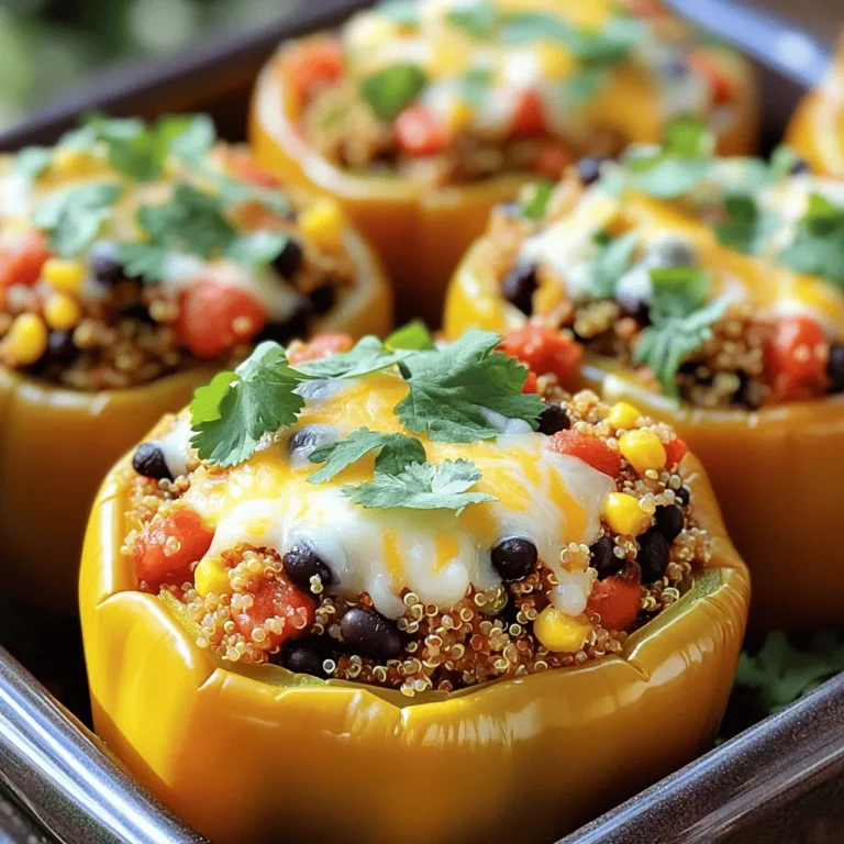 - 4 large bell peppers (any color) - 1 cup quinoa, rinsed - 2 cups vegetable broth or water - 1 can (15 oz) black beans, rinsed and drained - 1 cup corn (fresh, frozen, or canned) - 1 small onion, finely chopped - 2 cloves garlic, minced - 1 teaspoon cumin - 1 teaspoon smoked paprika - 1 teaspoon chili powder - Salt and pepper to taste - 1 cup diced tomatoes (fresh or canned) - 1 cup shredded cheese (cheddar, Monterey Jack, or a dairy-free alternative) - Fresh cilantro or parsley for garnish When you gather these ingredients, you set the stage for a hearty dish. Bell peppers bring color and crunch. Quinoa adds protein and fiber, making this meal both tasty and healthy. The black beans and corn add texture and sweetness. Flavor comes from the spices. Cumin gives a warm, earthy taste. Smoked paprika adds depth. Chili powder adds a bit of heat. Together, they create a balance that excites the palate. Don't forget the cheese! It melts beautifully, adding creaminess to each bite. The fresh herbs on top bring brightness and freshness. You can find the full recipe [here](#). - Preheat your oven to 375°F (190°C). - Cut the tops off the bell peppers and remove seeds and membranes. Place them upright in a baking dish. - Combine rinsed quinoa and vegetable broth in a saucepan. - Bring to a boil, then reduce heat and simmer until liquid is absorbed. This takes about 15 minutes. - Sauté chopped onion and minced garlic until softened, around 3-4 minutes. - Add black beans, corn, diced tomatoes, cumin, smoked paprika, chili powder, salt, and pepper to the skillet. Cook for another 5-6 minutes. - Mix the cooked quinoa with the filling ingredients. - Spoon the mixture into each pepper and top with shredded cheese. - Add a splash of water to the baking dish, cover with foil, and bake for 25-30 minutes. - Remove the foil and bake for an additional 5-7 minutes to brown the cheese. You can find the full recipe above. Enjoy the burst of flavors in each bite! To get the best quinoa, rinse it well. This step removes bitterness. After rinsing, cook it in vegetable broth for added flavor. Allow the cooked quinoa to cool a bit before mixing it with other ingredients. This keeps the filling fluffy and prevents sogginess. You can boost the taste of your stuffed peppers. Try adding spices like oregano or a pinch of cayenne pepper. These spices add warmth and depth. For a bright twist, squeeze some lime juice into the filling. This gives a fresh zest that enhances the dish. How you serve your stuffed peppers matters. I love to serve them with avocado or a crisp salad. This adds creaminess and freshness. Use colorful bell peppers for your dish. The mix of red, yellow, and green makes it eye-catching and fun. This vibrant look will impress your family and friends. {{image_2}} You can change up the protein in your stuffed peppers. One easy swap is to use brown rice or couscous instead of quinoa. Both add a hearty base. You can also add cooked ground turkey or chicken for extra protein. Lentils work well, too, if you prefer a plant-based option. Each choice brings a unique flavor and texture. If you want a vegan dish, just skip the cheese. You can also use a dairy-free cheese if you like. Adding more veggies boosts the flavor and nutrition. Try zucchini or fresh spinach for a colorful twist. These additions make the dish even more satisfying and healthy. Adjust the serving size to fit your needs. If you have a big crowd, simply scale the recipe up. You can also use mini bell peppers. These make great appetizers or snacks. They are fun to eat and perfect for parties. Each bite is packed with flavor, and they look cute on a platter. For the full recipe, check out the previous section. Store leftover stuffed peppers in an airtight container in the fridge. They can be kept for up to 3-4 days. This way, you can enjoy them again without losing flavor or texture. Just make sure the lid is on tight to keep them fresh! Freeze unbaked stuffed peppers for easy meal prep. This method makes cooking simple on busy days. You can also freeze fully cooked peppers, but they may have a softer texture when you reheat them. If you want to enjoy them later, just wrap them well before placing them in the freezer. Reheat in the oven at 350°F (175°C) until warmed through. This helps maintain the peppers' shape and flavor. For quick meals, microwave individual servings for about 1-2 minutes. Just keep an eye on them to avoid overheating. Enjoy your stuffed peppers fresh and warm! For the full recipe, check out the details above. Stuffed bell peppers typically take 25-30 minutes to cook. If you want the cheese to brown, add a few more minutes. Yes, you can prep stuffed peppers ahead of time. Just bake them right before serving for best taste. If you want a cheesy taste without dairy, use nutritional yeast. You can also skip cheese for a vegan dish. Absolutely! Stuffed bell peppers are full of protein, fiber, and nutrients. They make a great meal choice for health. Yes, feel free to swap bell peppers for poblano or jalapeño. Each type adds its own unique flavor. Stuffed bell peppers are a fun, healthy dish. We covered key ingredients, cooking steps, and tasty variations. Quinoa adds protein, while beans and veggies boost flavor. Feel free to customize with spices and protein choices that you enjoy. Don't forget to garnish for a colorful finish! With simple storage tips, these can easily become meal prep favorites. Enjoy making these tasty peppers your own!