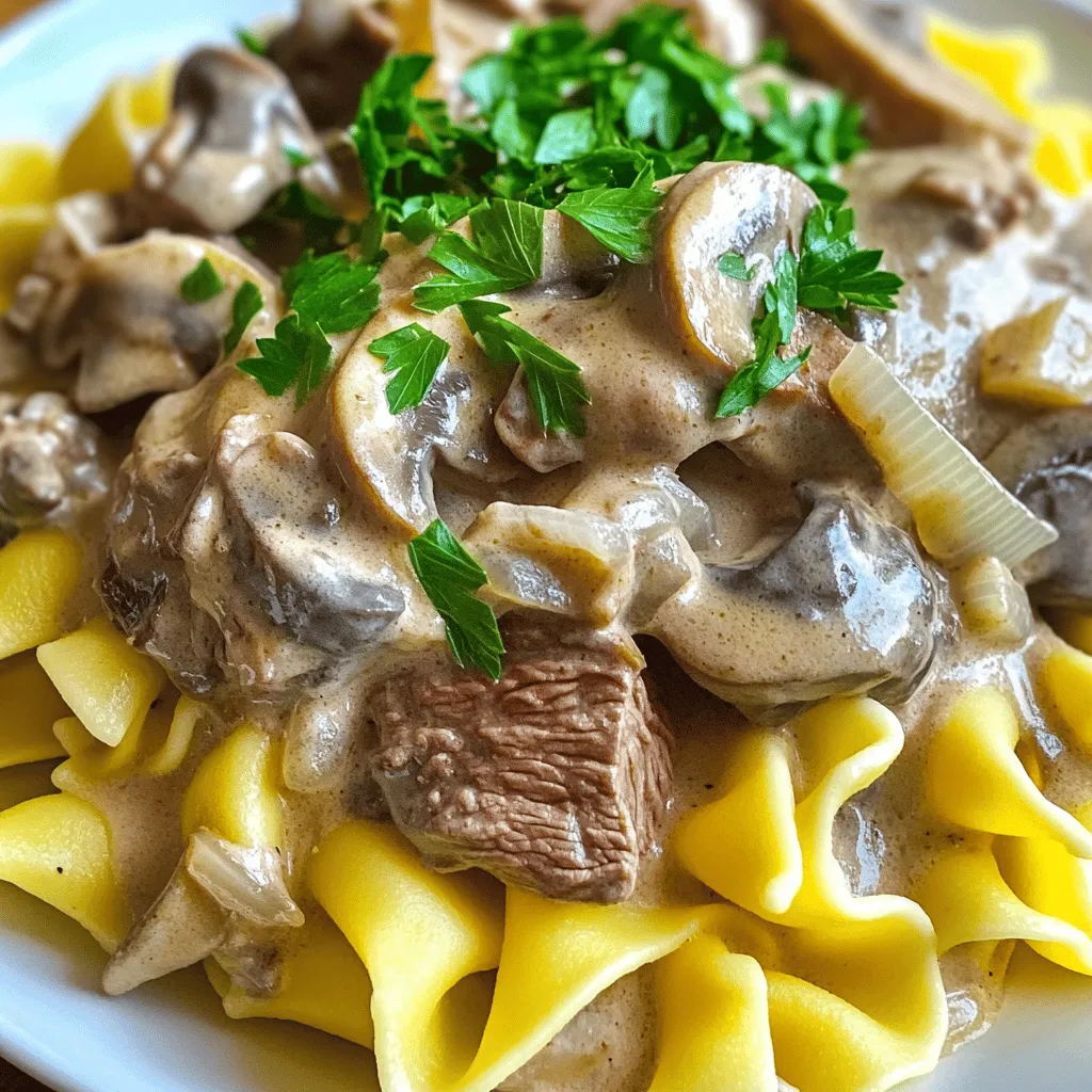 - 1 lb beef sirloin, sliced into thin strips - 2 tablespoons olive oil - 1 medium onion, diced - 2 cloves garlic, minced - 8 oz mushrooms, sliced (button or cremini) To make a great Beef Stroganoff, choose high-quality beef sirloin. This cut is tender and cooks well. Next, gather fresh mushrooms like button or cremini for a rich flavor. The onion and garlic add depth to the dish, so don’t skip these. - 1 cup beef broth - 1 tablespoon Dijon mustard - 1 teaspoon Worcestershire sauce - 1 cup sour cream - 2 tablespoons all-purpose flour - Salt and pepper to taste Beef broth forms the base of the sauce. It gives a hearty taste that pairs well with the beef. The Dijon mustard and Worcestershire sauce add a nice kick. Sour cream makes the dish creamy, so it’s a must-have. Use flour to thicken the sauce, and always season with salt and pepper for balance. - Fresh parsley, chopped (for garnish) - Cooked egg noodles or rice (for serving) For a beautiful presentation, top your Beef Stroganoff with fresh parsley. Pair it with cooked egg noodles or rice. These sides soak up the creamy sauce and elevate your meal. For the complete cooking method, check out the Full Recipe. - Heat olive oil in a skillet over medium-high heat. - Sear sliced beef sirloin until browned. This takes about 3 to 4 minutes. - Remove beef and set aside on a plate. - In the same skillet, cook diced onion until translucent. This takes around 2 to 3 minutes. - Add minced garlic and sliced mushrooms. Sauté until tender, which should be about 5 minutes. - Sprinkle flour over the mixture and stir well to combine. Cook for 1 minute to remove the raw flour taste. - Gradually pour in beef broth while stirring. This helps thicken the sauce. - Mix in Dijon mustard and Worcestershire sauce. Stir well to blend the flavors. - Stir in sour cream and return beef to skillet. Let it simmer for 5 minutes to heat through. This method ensures a creamy and savory dish. For the full experience, serve it over cooked egg noodles or rice. Enjoy the rich flavors! - Use high-quality beef sirloin for tender meat. This cut cooks well and stays juicy. - Sauté mushrooms well to enhance flavors. Cooking them until golden adds richness to your dish. - Add sour cream off the heat to prevent curdling. This helps keep the sauce smooth and velvety. - Adjust seasoning to taste for enhanced flavor. A pinch of salt or a dash of pepper can make a big difference. - Prepare ingredients in advance to streamline cooking. Chop onions, slice beef, and measure spices before you start. - Use pre-cooked egg noodles for a quicker meal. This cuts down on cooking time and makes serving easier. For the full experience, check the Full Recipe for detailed steps and proportions. {{image_2}} You can change the protein in beef stroganoff. Use chicken or turkey instead of beef. These options are lighter, but still tasty. If you want a healthier choice, try low-fat sour cream. It cuts calories while keeping the creaminess. To make a vegetarian version, swap out the beef for mushrooms or tofu. Mushrooms add a nice texture and flavor. Tofu is a good source of protein and absorbs flavors well. Instead of beef broth, use vegetable broth for a rich taste. Add a splash of red wine to your sauce for depth. It brings out the flavors and makes the dish more complex. You can also mix in herbs like thyme or rosemary. These herbs give an extra layer of flavor, making your stroganoff unique. For the full recipe, check out [Full Recipe]. Store any leftover beef stroganoff in an airtight container. It will stay fresh in the fridge for up to 3 days. Make sure to let it cool down before sealing. This helps keep the flavors intact. You can freeze beef stroganoff for later. Just divide it into portions. It can last in the freezer for up to 2 months. When you’re ready to eat, remember to reheat it carefully. This keeps the sauce creamy and delicious. To reheat, use low heat on the stovetop. Add a splash of broth if it seems too thick. Stir gently to keep the texture smooth. Alternatively, you can microwave it. Do this in short bursts and stir often. This prevents overheating and helps keep the dish tasty. Tender cuts such as sirloin or tenderloin work best. These cuts cook quickly and stay juicy. You want meat that is easy to chew. Searing enhances their flavor. Yes, it can be made a day ahead and reheated. This allows the flavors to blend. Store in the fridge in an airtight container. Reheat gently to keep it creamy. Use a mixture of flour and beef broth, or additional sour cream for thickness. The flour helps create a nice base. Stirring in sour cream adds extra creaminess. It's traditionally served with egg noodles or rice, but can also be paired with mashed potatoes or crusty bread. These sides soak up the rich sauce. Choose what you love most! Beef Stroganoff is a simple yet delicious dish. You can create it with tender beef, savory mushrooms, and a creamy sauce. Follow our steps for the best results, and don’t forget the tips. You can even try different proteins or make it vegetarian. Enjoy your meal and get creative with variations. This dish is perfect for weeknight dinners or special occasions. Now, you have all the tools to make a tasty Beef Stroganoff that your family will love. Happy cooking!