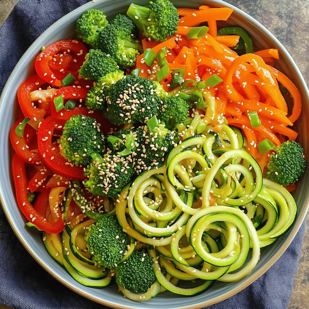 For a tasty zucchini noodle stir fry, you'll need fresh and vibrant ingredients. Here’s what you should gather: - Spiralized Zucchini Noodles - 2 medium zucchinis, spiralized into noodles - Vegetable Options for Stir Fry - 1 red bell pepper, sliced - 1 cup broccoli florets - 1 cup sugar snap peas - 1 carrot, julienned - Seasoning Essentials - 3 cloves garlic, minced - 1 tablespoon ginger, grated - 3 tablespoons soy sauce (or tamari for gluten-free) - 1 tablespoon sesame oil - 1 tablespoon olive oil - 2 green onions, sliced - Sesame seeds, for garnish - Salt and pepper, to taste These ingredients come together to create a quick and healthy meal. You’ll enjoy the crunch of fresh veggies and the flavor from the garlic and ginger. For the full recipe, refer back to the beginning. Spiralizing Zucchini To start, wash your zucchinis well. Use a spiralizer to turn them into noodles. This gives you fun and healthy "zoodles." If you don’t have a spiralizer, a vegetable peeler works too. Just slice the zucchini into thin strips. Chopping and Slicing Veggies Next, slice your red bell pepper into thin pieces. For the broccoli, chop it into small florets. Julienne the carrot by cutting it into thin matchstick shapes. Lastly, wash the sugar snap peas and set everything aside. Measuring Sauces Gather your sauces now. Measure out three tablespoons of soy sauce. If you need it gluten-free, swap it for tamari. Also, measure one tablespoon of sesame oil. Having these ready makes cooking faster. Heating the Oil and Aromatics Grab a large non-stick skillet or wok. Heat one tablespoon of olive oil over medium-high heat. When the oil is hot, add three minced garlic cloves and one tablespoon of grated ginger. Sauté them for about 30 seconds. This will make your kitchen smell amazing! Stir-Frying Vegetables Now, toss in the sliced bell pepper, chopped broccoli, sugar snap peas, and julienned carrot. Stir-fry these veggies for about 3 to 4 minutes. You want them tender but still crisp. This keeps the fresh taste and bright colors. Incorporating Zucchini Noodles Lower the heat to medium. Add your spiralized zucchini noodles to the pan. Pour the soy sauce and sesame oil over everything. Toss gently to combine all the flavors. Stir-fry for another 2 to 3 minutes. Be sure not to overcook the zucchini. You want them warm, not mushy. Seasoning the Dish Taste the stir fry and season it with salt and pepper to your liking. This is where you can adjust the flavors. Presentation Tips for Serving Serve your stir fry in a large bowl or plate. Arrange the zucchini noodles in a nest shape for a fun look. Finally, sprinkle some sliced green onions and sesame seeds on top. This makes the dish not only tasty but also pretty. For the full recipe, check the detailed instructions above. To get a great texture, focus on cooking times. Crisp vegetables taste best. Cook bell peppers and broccoli for about 3-4 minutes. They should be tender but still crunchy. Avoid mushy zucchini noodles by not overcooking them. After adding the zucchini, stir-fry for just 2-3 minutes. Remember, they only need to heat through. If they cook too long, they become soft and watery, which is not tasty. Adding spices can boost the dish's flavor. Try a pinch of red pepper flakes for heat. A dash of black pepper adds warmth, too. For fresh herbs, consider adding basil or cilantro at the end. They give a fresh taste to your dish. You can also sprinkle green onions for a mild onion flavor. Each of these tips makes your zucchini noodle stir fry even more delicious. If you want to explore more, check out the Full Recipe for additional tips and serving ideas. {{image_2}} Gluten-Free Options You can easily make this dish gluten-free. Just swap soy sauce for tamari. Tamari has the same rich flavor but is safe for those avoiding gluten. Always check labels to ensure they meet your dietary needs. Vegan Alternatives To make this stir fry vegan, replace any animal protein with tofu or tempeh. Tofu absorbs flavors well and adds protein. You can also skip any animal-based sauces. Use coconut aminos instead of soy sauce for a sweet, savory taste. Protein Additions Want to add protein? Try chicken, shrimp, or tofu. For chicken, use thin strips and cook them first. Shrimp cooks quickly and adds a sweet note. Tofu provides a great plant-based option. Press it to remove extra water for the best texture. Seasonal Vegetable Preferences Feel free to swap in your favorite veggies. Use bell peppers, carrots, or snap peas. Seasonal choices like asparagus or yellow squash also work well. Just make sure to adjust cooking times based on the veggies you choose. For the full recipe, check out the Zucchini Noodle Stir Fry. - Refrigeration Guidelines: Store any leftover zucchini noodle stir fry in an airtight container. Make sure to cool it to room temperature first. This dish stays fresh for up to three days in the fridge. The zucchini noodles may lose some crunch, but the flavors will still be great. - Freezing Instructions: If you want to keep it longer, freeze the stir fry. Place it in a freezer-safe container. It can last up to two months in the freezer. To avoid mushy noodles, consider freezing the veggies and sauce separately from the noodles. - Methods for Quick Reheating: To reheat, you can use a microwave or a skillet. In the microwave, heat for one to two minutes. Stir halfway for even heating. In a skillet, add a splash of water or oil. Warm over medium heat until heated through. - Maintaining Texture and Flavor: When reheating, avoid cooking too long. This keeps the veggies crisp and the noodles from turning mushy. If needed, add a little fresh soy sauce or sesame oil to boost the flavor. Enjoy your quick, tasty meal again! Can I use regular pasta instead of zucchini noodles? Yes, you can use regular pasta. However, zucchini noodles are low in carbs. They also bring a fresh taste. If you want to keep it healthy, stick to zucchini. How do I make zucchini noodles ahead of time? You can spiralize zucchini up to two days ahead. Store the noodles in a sealed bag in the fridge. This keeps them fresh and ready for your stir fry. What are the nutritional benefits of zucchini noodles? Zucchini noodles are low in calories and high in fiber. They provide vitamins A and C. They are also hydrating, as zucchini has high water content. How long does cooked zucchini noodle stir fry last in the fridge? Cooked zucchini noodle stir fry lasts about three to four days in the fridge. Store it in an airtight container. Reheat it gently to keep the noodles from getting mushy. You can find the full recipe [here](Full Recipe). We covered how to create a tasty zucchini noodle stir fry. You learned about the key ingredients, like spiralized zucchini and fresh veggies. I walked you through easy steps for prep and cooking. We also explored tips for perfect texture and flavor. You can even adjust the dish to fit dietary needs. Always remember to store it properly for later. Zucchini noodles are a fun and healthy choice! Enjoy your cooking journey!