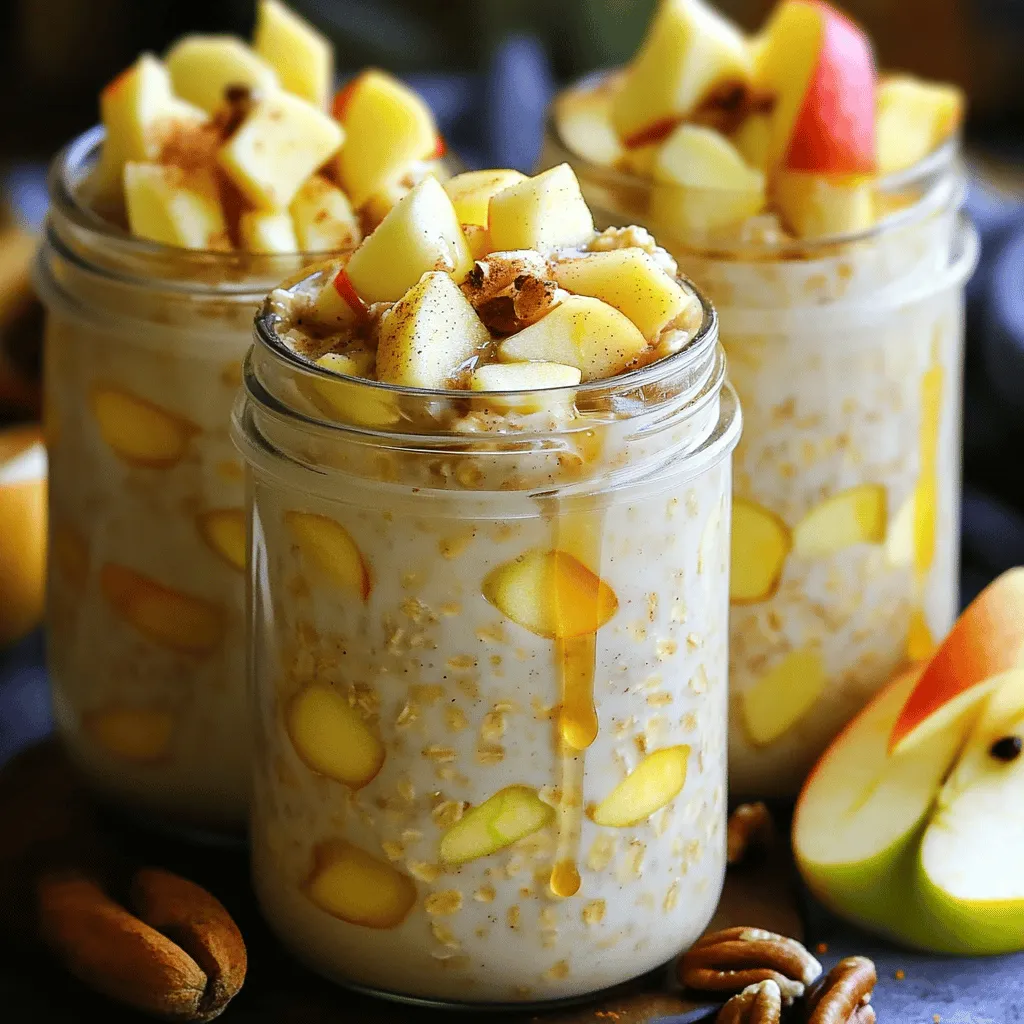- 1 cup rolled oats - 1 ½ cups almond milk (or any milk of your choice) - 1 medium apple, diced - 1 tablespoon chia seeds - 1 tablespoon maple syrup (or honey) - ½ teaspoon cinnamon - ¼ teaspoon vanilla extract - A pinch of salt When making apple cinnamon overnight oats, all you need are these simple ingredients. Rolled oats form the base. They soak up the milk and become creamy. I like almond milk, but any milk works. Diced apples add sweetness and crunch. Chia seeds help thicken the oats. Maple syrup or honey gives a nice touch of sweetness. Cinnamon provides that warm, cozy flavor. A little vanilla and salt enhance all the tastes. - Nuts (almonds, walnuts) - Raisins or other dried fruit - Additional apple slices for topping You can easily customize your overnight oats. Add nuts for extra crunch and protein. Raisins or dried fruit can bring more sweetness. If you love apples, toss in more slices on top. These small changes make your oats unique and fun. You can mix and match to find your favorite combo. For the full recipe, follow the steps listed above. - In a large bowl, combine rolled oats, almond milk, chia seeds, maple syrup, cinnamon, vanilla, and salt. - Stir the mixture until everything is mixed well. - Gently fold in the diced apple, but save a few pieces for later. - Divide the oat mixture into jars or containers. - Seal the jars and place them in the fridge overnight. - The next morning, stir the oats well. If they seem thick, add a little more almond milk. - Before serving, top with the reserved apple pieces. - You can also add nuts or raisins for extra flavor. This method will give you a tasty and healthy breakfast. For more details, check the Full Recipe. - Use quality rolled oats for better texture. Quality oats soak up the liquid well, making your oats creamy and delicious. - Adjust sweetness to your preference. You can add more or less maple syrup or honey based on your taste. - Add milk gradually until you reach your desired thickness. If your oats seem too thick, just add a splash of milk. - Stir in toppings just before serving. This keeps them fresh and crunchy, adding great texture. - Experiment with spices like nutmeg or vanilla. A pinch of nutmeg can bring warmth, while vanilla adds a nice sweetness. - Use flavored almond milk for extra taste. Almond milk with hints of vanilla or chocolate can elevate the flavor immensely. {{image_2}} You can mix up your apple cinnamon overnight oats by adding peanut butter or almond butter. This makes the oats creamy and rich. A spoonful of nut butter adds protein and a nutty flavor that blends perfectly. You can also swap out the apple for other fruits. Bananas and berries work well. They add their own sweetness and color to your dish. If you follow a vegan diet, use plant-based milk like almond or oat milk. Chia seeds are naturally vegan, adding texture and nutrition. For gluten-free options, ensure your oats are labeled gluten-free. You can also lower the sugar by reducing maple syrup or using a sugar-free sweetener. This way, you can enjoy your oats without added sugars. Seasonal flavors can make your oats more exciting. In the fall, add pumpkin spice for a cozy taste. It pairs well with oats and gives a warm vibe. In the summer, try tropical fruits like mango or pineapple. These fruits add a refreshing twist to your breakfast. They will remind you of sunny days and beach vibes. To keep your apple cinnamon overnight oats fresh, store them in the fridge. Use airtight jars or containers. This helps to lock in moisture and flavor. Make sure the lids fit tightly. You want to avoid any air leaks. Glass jars work well, but plastic containers are fine too. Just ensure they are BPA-free. These oats taste best within three to five days. After that, the texture may change. If you have leftovers, try adding them to smoothie bowls. You can also mix them with yogurt for a quick snack. Another option is to warm them up for a cozy breakfast. Just add a splash of milk to loosen the oats. Enjoy experimenting with your leftovers! Yes, you can use instant oats. They cook faster but have a softer texture. Rolled oats give a chewier bite and are best for this recipe. Instant oats absorb liquid quickly, so adjust the almond milk if needed. These oats last about 3 to 5 days in the fridge. Store them in airtight containers. This way, your breakfast stays fresh and tasty all week. If you don’t have chia seeds, use ground flaxseeds or omit them. They add texture and nutrition but are not essential. You can also try hemp seeds for a similar effect. Absolutely! These oats are perfect for meal prep. Make a batch on Sunday, and you’ll have breakfast ready for the week. Just portion them into jars and store them in the fridge. Soaking overnight is best for flavor and texture. It allows the oats to absorb the liquid. If you’re short on time, let them soak for at least 4 hours. Eating them right away may result in a firmer texture. Apple cinnamon overnight oats are easy to make and tasty to eat. You only need simple ingredients like rolled oats, almond milk, and diced apples. Customize your oats with nuts or dried fruits for more flavor. Store them well, and they can last in your fridge for days. Remember, experimenting with different fruits and spices can bring new life to this dish. Enjoy your delicious creation for breakfast or a snack!