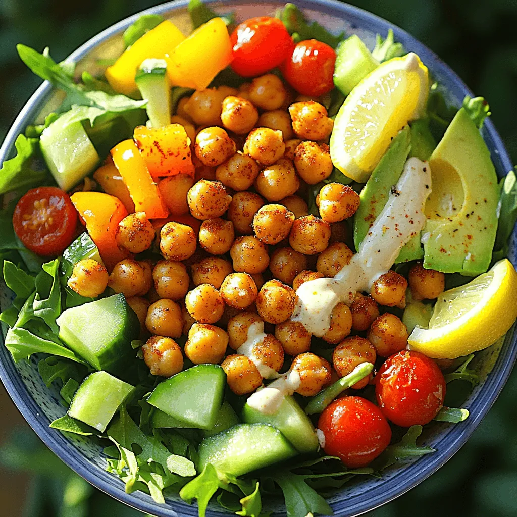 - 1 can (15 oz) chickpeas, drained and rinsed - 2 tablespoons olive oil - 1 teaspoon smoked paprika - 1 teaspoon garlic powder - Salt and pepper to taste - 1 cup cherry tomatoes, halved - 1 cucumber, diced - 1 bell pepper (any color), diced - ¼ red onion, finely chopped - 1 avocado, diced - 2 cups mixed greens (spinach, arugula, or lettuce) - 2 tablespoons fresh lemon juice - 2 tablespoons tahini - 1 tablespoon honey or maple syrup (for a vegan option) Chickpeas are the star of this salad. They provide protein and fiber. The olive oil adds healthy fat and helps the chickpeas crisp up. Smoked paprika gives a smoky flavor, while garlic powder boosts taste without fresh garlic. Fresh veggies like cherry tomatoes and cucumbers add crunch and freshness. Avocado offers creaminess, while mixed greens keep it light. The tahini dressing ties everything together, adding a nutty taste. If you want to swap chickpeas, try black beans or lentils. For oil, you can use avocado oil. Instead of smoked paprika, use regular paprika or cumin for a different flavor. You can add any favorite veggies, like carrots or radishes. For tahini, try almond butter or yogurt as a creamy alternative. Use lime juice instead of lemon for a twist. To start, grab a can of chickpeas. Drain and rinse them well under cold water. This helps remove excess salt and makes them clean. Then, preheat your oven to 400°F (200°C). In a mixing bowl, add the chickpeas, olive oil, smoked paprika, garlic powder, salt, and pepper. Stir until each chickpea is coated. This seasoning adds great flavor. Spread the seasoned chickpeas on a baking sheet in a single layer. This is key for even cooking. Roast them in the oven for 25-30 minutes. Halfway through, shake the pan to turn the chickpeas. This ensures they crisp up nicely. They should turn golden brown and crunchy. While the chickpeas roast, chop your salad ingredients. In a large bowl, mix halved cherry tomatoes, diced cucumber, bell pepper, finely chopped red onion, diced avocado, and mixed greens. This creates a colorful base. For the dressing, whisk together fresh lemon juice, tahini, honey, and a pinch of salt and pepper in a small bowl. If it seems thick, add a splash of water. Once the chickpeas are done and slightly cooled, add them to the salad. Drizzle with the tahini dressing and toss gently to combine. Enjoy your crispy chickpea salad fresh! For more details, check the Full Recipe. To get crispy chickpeas, start with dry chickpeas. Pat them dry before cooking. This helps them crisp up nicely. Toss them in olive oil and spices like smoked paprika and garlic powder. Make sure they are evenly coated. Spread them out on a baking sheet in a single layer. This allows air to circulate and cook them evenly. Roast them at 400°F for 25 to 30 minutes. Shake the pan halfway through for even browning. They should be golden and crunchy when done. You can boost the flavor of your salad easily. Try adding fresh herbs like cilantro or parsley. They add a nice green touch. Consider mixing in some feta cheese for a salty bite. If you like heat, sprinkle in some red pepper flakes. A squeeze of fresh lemon juice brightens the whole dish. You can also add nuts or seeds for a crunchy texture. These simple changes make the salad more exciting and tasty. To serve, place the salad in a large bowl. Make sure to layer the crispy chickpeas on top. This keeps them crunchy until you eat. You can also serve the salad in jars for a fun presentation. Add extra avocado slices or a sprinkle of seeds for a pretty look. Consider pairing the salad with pita bread or a light soup. This makes a complete meal full of flavors. For the full recipe, check the previous sections. Enjoy your healthy, crispy chickpea salad! {{image_2}} You can change up the salad to fit your taste. Here are some great swaps: - Chickpeas: Use black beans or lentils. - Greens: Try kale or romaine instead of mixed greens. - Veggies: Add shredded carrots or radishes for crunch. - Nuts: Toss in some walnuts or almonds for extra texture. These swaps keep the salad fresh and exciting! This salad is easy to make vegan and gluten-free. Here’s how: - Vegan: Use maple syrup instead of honey. - Gluten-Free: All the ingredients are gluten-free. Just check your tahini for any gluten. These simple changes keep the dish friendly for everyone! Dressing can change the whole salad vibe. Here are some tasty ideas: - Creamy Avocado Dressing: Blend avocado with lemon juice and a bit of water. - Balsamic Vinaigrette: Mix balsamic vinegar with olive oil for a tangy twist. - Yogurt-Based Dressing: Use dairy-free yogurt with herbs for a creamy finish. Feel free to experiment with these dressings to find your favorite! For the full recipe, check out the Crispy Chickpea Salad 🥗. To store your crispy chickpea salad, place it in an airtight container. Make sure to keep the salad and dressing separate. This helps keep the chickpeas crispy. You can store the salad in the fridge for up to three days. When reheating chickpeas, use the oven for the best results. Preheat your oven to 350°F (175°C). Spread the chickpeas on a baking sheet. Heat them for about 10-15 minutes. This will restore some of their crunch. Avoid the microwave, as it can make them soggy. Most of the salad ingredients have a good shelf life: - Chickpeas: Canned chickpeas last for years when unopened. Once opened, use within three days. - Vegetables: Cherry tomatoes and cucumbers stay fresh for about a week in the fridge. - Avocado: Once cut, eat it within a day or two. - Mixed greens: These last about three to five days. - Dressing: The tahini dressing lasts a week in the fridge. For the full recipe, check out the detailed steps to make this salad. Yes, you can use dried chickpeas. Start by soaking them overnight. This helps them cook faster. After soaking, boil them until soft, about 1 to 2 hours. Drain and let them cool. Then, follow the same steps for roasting in the recipe. Just remember, dried chickpeas take more time. You can prep the salad ahead of time. Chop your veggies and store them in the fridge. Keep the crispy chickpeas in a separate container to stay crunchy. Make the dressing and store it in a jar. When ready to eat, mix everything together. This keeps your salad fresh and tasty. One mistake is not drying the chickpeas before roasting. Wet chickpeas won’t get crispy. Another mistake is overcrowding the baking sheet. Spread them out for even roasting. Lastly, don’t skip the seasoning. It adds great flavor. Follow these tips for a delicious salad. In this blog post, we explored the Crispy Chickpea Salad in detail. We covered the essential ingredients, how to prepare and roast chickpeas, and tips for great flavor. You learned about variations and how to store leftovers properly. Crispy Chickpea Salad is easy to make and fun to customize. With each bite, you enjoy a mix of texture and taste. Now, you can create a salad that fits your style. Enjoy your cooking and make it yours!