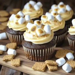 - 1 cup graham cracker crumbs - 1 cup all-purpose flour - 1 teaspoon baking powder - 1/2 teaspoon baking soda - 1/4 teaspoon salt - 1/2 cup unsweetened cocoa powder - 1/2 cup granulated sugar - 1/2 cup brown sugar, packed - 2 large eggs - 1/2 cup buttermilk - 1/4 cup vegetable oil - 1 teaspoon vanilla extract - 1/2 cup boiling water - 3 egg whites - 3/4 cup granulated sugar - 1/4 teaspoon cream of tartar - 1 teaspoon vanilla extract - 1 cup mini marshmallows for topping - Optional chocolate sauce for drizzling - Extra graham cracker crumbs - Chocolate shavings or mini chocolate chips When making these perfect s'mores cupcakes, gathering the right ingredients is key. The cupcake base uses simple items like graham cracker crumbs and cocoa powder to bring that classic s'mores flavor to life. The addition of buttermilk makes the cupcakes moist and rich. For the marshmallow frosting, egg whites and sugar create a fluffy texture. This frosting is like a sweet cloud on top of your cupcake. You can finish them off with mini marshmallows and a drizzle of chocolate sauce for a real treat. You can find the full recipe linked above to guide you through the steps. Be sure to have all these ingredients on hand for the best results. Enjoy your baking adventure! 1. Preheat the Oven: Set your oven to 350°F (175°C). Line a 12-cup muffin tin with cupcake liners. This step ensures the cupcakes bake evenly. 2. Mix Dry Ingredients: In a large bowl, combine 1 cup graham cracker crumbs, 1 cup all-purpose flour, 1 teaspoon baking powder, 1/2 teaspoon baking soda, 1/4 teaspoon salt, 1/2 cup cocoa powder, 1/2 cup granulated sugar, and 1/2 cup brown sugar. Whisk these together until they blend well. 3. Whisk Wet Ingredients: In another bowl, whisk together 2 large eggs, 1/2 cup buttermilk, 1/4 cup vegetable oil, and 1 teaspoon vanilla extract. Mix until smooth and set aside. 1. Gradually Combine Mixtures: Slowly add the wet ingredients to the dry mix. Stir gently until just combined. This helps keep the cupcakes light. 2. Stir in Boiling Water: Carefully add 1/2 cup boiling water to the batter. Stir until you have a smooth mixture. The hot water helps the cocoa bloom, enhancing the chocolate flavor. 1. Fill the Cupcake Liners: Pour the batter into the lined muffin tin. Fill each liner about two-thirds full. This gives the cupcakes room to rise. 2. Bake: Place the tin in the oven for 20-22 minutes. Check for doneness by inserting a toothpick into the center. If it comes out clean, they are ready. Remove from the oven and let them cool completely. 1. Prepare Frosting in a Double Boiler: In a heatproof bowl, combine 3 egg whites, 3/4 cup granulated sugar, and 1/4 teaspoon cream of tartar. Place the bowl over a pot of simmering water. Whisk constantly for about 5 minutes until the mixture is warm and the sugar dissolves. 2. Whip the Frosting: Transfer the mixture to a stand mixer. Whip on high speed for 7-10 minutes until stiff peaks form. Add 1 teaspoon vanilla extract and mix to combine. The frosting should be glossy and fluffy. 1. Frost Cooled Cupcakes Generously: Use a piping bag or spatula to spread the marshmallow frosting on each cooled cupcake. Go big; they deserve it! 2. Add Toppings: Top each cupcake with mini marshmallows, a sprinkle of graham cracker crumbs, and drizzles of optional chocolate sauce. For a fun touch, lightly toast the marshmallows with a kitchen torch for that campfire vibe! For a complete guide, check out the Full Recipe. Enjoy your delicious Perfect S’mores Cupcakes! To make the best cupcakes, you must measure ingredients with care. Accurate measuring helps keep the balance of flavors and texture. For light and fluffy cupcakes, sift your dry ingredients. This adds air and helps your cupcakes rise well. Using a piping bag makes frosting fun and easy. Choose your favorite tip for a beautiful design. For an extra touch, you can toast the marshmallows on top. A kitchen torch works great for this. It gives a nice golden color and adds flavor. Present cupcakes on a rustic wooden board or a tiered cake stand. This makes them look inviting. You can also pair them with milk or hot cocoa. A scoop of vanilla ice cream beside the cupcake adds a tasty twist. Enjoy your Perfect S’mores Cupcakes! For the full recipe, see above. {{image_2}} You can mix up the flavor of your cupcakes. Try using vanilla instead of chocolate for a lighter taste. You might also use lemon or orange zest to add a fresh twist. For the frosting, consider chocolate ganache. It adds rich flavor and pairs well with the graham cracker base. If you need gluten-free cupcakes, use almond flour or a gluten-free blend. For a vegan version, swap eggs with flaxseed meal and use plant-based milk. You can replace butter with coconut oil. Always check ingredient labels for allergens. This way, you can enjoy these cupcakes without worry. You can adapt these cupcakes for holidays. For fall, add pumpkin spice to the batter. During winter, try peppermint extract for a festive touch. Change the look by using colored liners or themed decorations. Seasonal sprinkles can also add a fun pop to your cupcakes. For more ideas and tips, check the Full Recipe. To keep your cupcakes fresh, store them at room temperature. Use an airtight container to prevent them from drying out. If it’s very hot, you can place them in the fridge. Just make sure they are covered well. This helps to keep the marshmallow frosting nice and fluffy. If you want to enjoy a warm cupcake, reheat it in the microwave. Heat for about 10-15 seconds. This warms the cupcake without making it dry. For best results, cover it with a damp paper towel. This keeps the moisture in and helps the cupcake stay soft. To freeze your cupcakes, first freeze them without frosting. Place them in a single layer on a baking sheet. After they are frozen solid, transfer them to a freezer bag. For the frosting, store it in a separate container. When you’re ready to serve, thaw the cupcakes in the fridge overnight. Frost them just before serving for the best taste. Enjoy these Perfect S’mores Cupcakes! For the full recipe, check the section above. These cupcakes stay fresh for about three days at room temperature. They can last up to a week in the fridge. Keep them in an airtight container to maintain moisture. Yes, you can make the frosting a day ahead. Store it in the fridge in an airtight container. Before using, let it sit at room temperature for about 30 minutes. Then, whip it briefly to restore its texture. To prevent sticking, use cupcake liners. You can also grease the muffin tin lightly before adding the liners. This ensures easy removal after baking. You can use milk with a splash of vinegar or lemon juice as a buttermilk substitute. Mix one tablespoon of vinegar or lemon juice into one cup of milk. Let it sit for five minutes before using it in the recipe. In this post, we covered the ingredients, steps, and tips for making delicious cupcakes. You learned how to mix batter, bake, and create a fluffy marshmallow frosting. We shared ways to store leftovers and even offered flavor variations to try. Now, it’s time to get in the kitchen and craft your treats. Enjoy sharing your tasty results with friends and family!