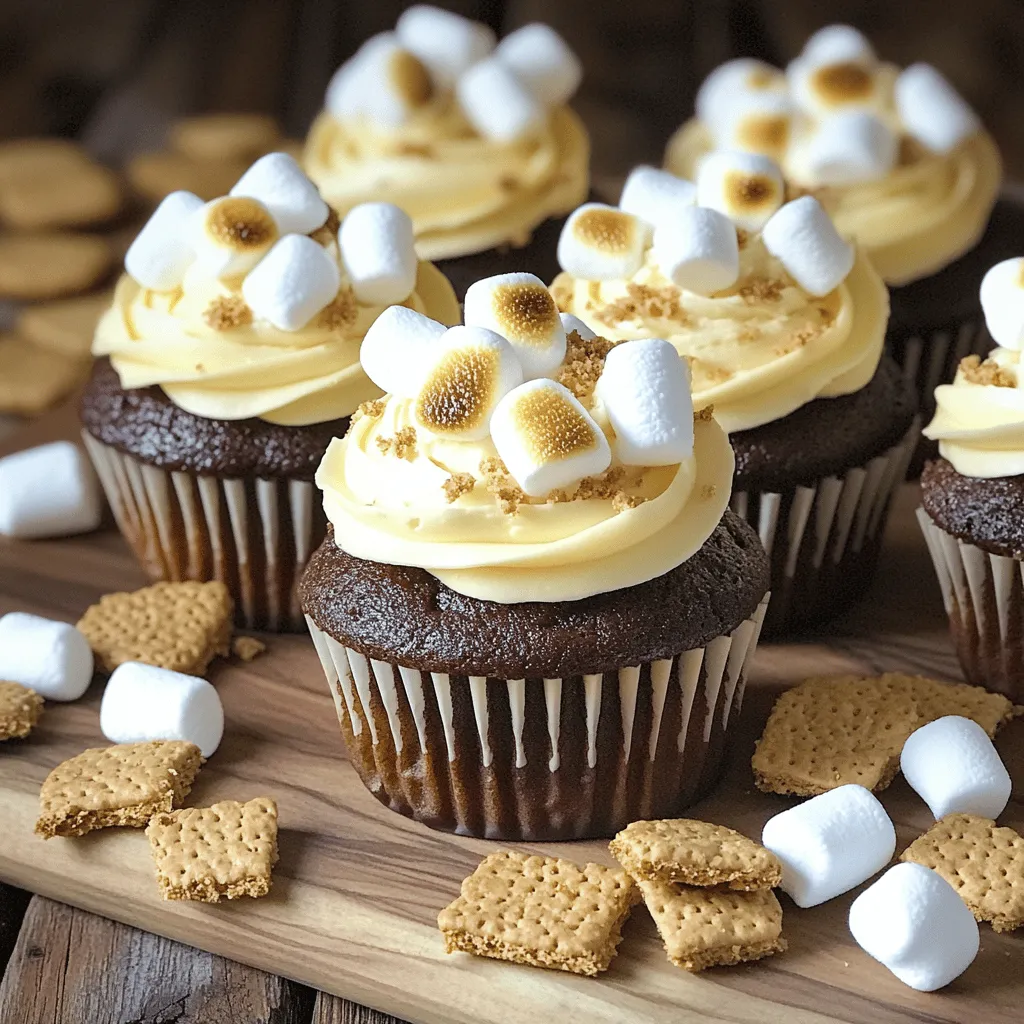 - 1 cup graham cracker crumbs - 1 cup all-purpose flour - 1 teaspoon baking powder - 1/2 teaspoon baking soda - 1/4 teaspoon salt - 1/2 cup unsweetened cocoa powder - 1/2 cup granulated sugar - 1/2 cup brown sugar, packed - 2 large eggs - 1/2 cup buttermilk - 1/4 cup vegetable oil - 1 teaspoon vanilla extract - 1/2 cup boiling water - 3 egg whites - 3/4 cup granulated sugar - 1/4 teaspoon cream of tartar - 1 teaspoon vanilla extract - 1 cup mini marshmallows for topping - Optional chocolate sauce for drizzling - Extra graham cracker crumbs - Chocolate shavings or mini chocolate chips When making these perfect s'mores cupcakes, gathering the right ingredients is key. The cupcake base uses simple items like graham cracker crumbs and cocoa powder to bring that classic s'mores flavor to life. The addition of buttermilk makes the cupcakes moist and rich. For the marshmallow frosting, egg whites and sugar create a fluffy texture. This frosting is like a sweet cloud on top of your cupcake. You can finish them off with mini marshmallows and a drizzle of chocolate sauce for a real treat. You can find the full recipe linked above to guide you through the steps. Be sure to have all these ingredients on hand for the best results. Enjoy your baking adventure! 1. Preheat the Oven: Set your oven to 350°F (175°C). Line a 12-cup muffin tin with cupcake liners. This step ensures the cupcakes bake evenly. 2. Mix Dry Ingredients: In a large bowl, combine 1 cup graham cracker crumbs, 1 cup all-purpose flour, 1 teaspoon baking powder, 1/2 teaspoon baking soda, 1/4 teaspoon salt, 1/2 cup cocoa powder, 1/2 cup granulated sugar, and 1/2 cup brown sugar. Whisk these together until they blend well. 3. Whisk Wet Ingredients: In another bowl, whisk together 2 large eggs, 1/2 cup buttermilk, 1/4 cup vegetable oil, and 1 teaspoon vanilla extract. Mix until smooth and set aside. 1. Gradually Combine Mixtures: Slowly add the wet ingredients to the dry mix. Stir gently until just combined. This helps keep the cupcakes light. 2. Stir in Boiling Water: Carefully add 1/2 cup boiling water to the batter. Stir until you have a smooth mixture. The hot water helps the cocoa bloom, enhancing the chocolate flavor. 1. Fill the Cupcake Liners: Pour the batter into the lined muffin tin. Fill each liner about two-thirds full. This gives the cupcakes room to rise. 2. Bake: Place the tin in the oven for 20-22 minutes. Check for doneness by inserting a toothpick into the center. If it comes out clean, they are ready. Remove from the oven and let them cool completely. 1. Prepare Frosting in a Double Boiler: In a heatproof bowl, combine 3 egg whites, 3/4 cup granulated sugar, and 1/4 teaspoon cream of tartar. Place the bowl over a pot of simmering water. Whisk constantly for about 5 minutes until the mixture is warm and the sugar dissolves. 2. Whip the Frosting: Transfer the mixture to a stand mixer. Whip on high speed for 7-10 minutes until stiff peaks form. Add 1 teaspoon vanilla extract and mix to combine. The frosting should be glossy and fluffy. 1. Frost Cooled Cupcakes Generously: Use a piping bag or spatula to spread the marshmallow frosting on each cooled cupcake. Go big; they deserve it! 2. Add Toppings: Top each cupcake with mini marshmallows, a sprinkle of graham cracker crumbs, and drizzles of optional chocolate sauce. For a fun touch, lightly toast the marshmallows with a kitchen torch for that campfire vibe! For a complete guide, check out the Full Recipe. Enjoy your delicious Perfect S’mores Cupcakes! To make the best cupcakes, you must measure ingredients with care. Accurate measuring helps keep the balance of flavors and texture. For light and fluffy cupcakes, sift your dry ingredients. This adds air and helps your cupcakes rise well. Using a piping bag makes frosting fun and easy. Choose your favorite tip for a beautiful design. For an extra touch, you can toast the marshmallows on top. A kitchen torch works great for this. It gives a nice golden color and adds flavor. Present cupcakes on a rustic wooden board or a tiered cake stand. This makes them look inviting. You can also pair them with milk or hot cocoa. A scoop of vanilla ice cream beside the cupcake adds a tasty twist. Enjoy your Perfect S’mores Cupcakes! For the full recipe, see above. {{image_2}} You can mix up the flavor of your cupcakes. Try using vanilla instead of chocolate for a lighter taste. You might also use lemon or orange zest to add a fresh twist. For the frosting, consider chocolate ganache. It adds rich flavor and pairs well with the graham cracker base. If you need gluten-free cupcakes, use almond flour or a gluten-free blend. For a vegan version, swap eggs with flaxseed meal and use plant-based milk. You can replace butter with coconut oil. Always check ingredient labels for allergens. This way, you can enjoy these cupcakes without worry. You can adapt these cupcakes for holidays. For fall, add pumpkin spice to the batter. During winter, try peppermint extract for a festive touch. Change the look by using colored liners or themed decorations. Seasonal sprinkles can also add a fun pop to your cupcakes. For more ideas and tips, check the Full Recipe. To keep your cupcakes fresh, store them at room temperature. Use an airtight container to prevent them from drying out. If it’s very hot, you can place them in the fridge. Just make sure they are covered well. This helps to keep the marshmallow frosting nice and fluffy. If you want to enjoy a warm cupcake, reheat it in the microwave. Heat for about 10-15 seconds. This warms the cupcake without making it dry. For best results, cover it with a damp paper towel. This keeps the moisture in and helps the cupcake stay soft. To freeze your cupcakes, first freeze them without frosting. Place them in a single layer on a baking sheet. After they are frozen solid, transfer them to a freezer bag. For the frosting, store it in a separate container. When you’re ready to serve, thaw the cupcakes in the fridge overnight. Frost them just before serving for the best taste. Enjoy these Perfect S’mores Cupcakes! For the full recipe, check the section above. These cupcakes stay fresh for about three days at room temperature. They can last up to a week in the fridge. Keep them in an airtight container to maintain moisture. Yes, you can make the frosting a day ahead. Store it in the fridge in an airtight container. Before using, let it sit at room temperature for about 30 minutes. Then, whip it briefly to restore its texture. To prevent sticking, use cupcake liners. You can also grease the muffin tin lightly before adding the liners. This ensures easy removal after baking. You can use milk with a splash of vinegar or lemon juice as a buttermilk substitute. Mix one tablespoon of vinegar or lemon juice into one cup of milk. Let it sit for five minutes before using it in the recipe. In this post, we covered the ingredients, steps, and tips for making delicious cupcakes. You learned how to mix batter, bake, and create a fluffy marshmallow frosting. We shared ways to store leftovers and even offered flavor variations to try. Now, it’s time to get in the kitchen and craft your treats. Enjoy sharing your tasty results with friends and family!