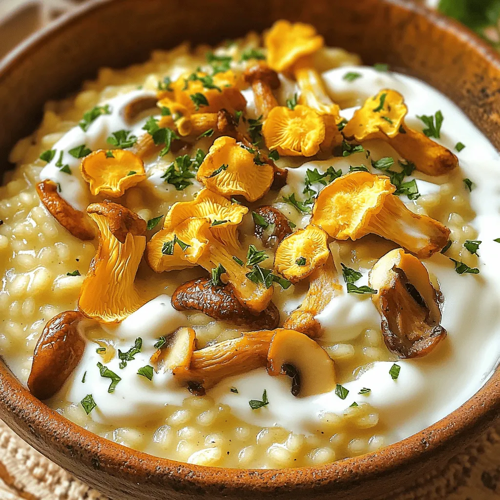 To make a creamy mushroom risotto, you need some fresh and simple ingredients. Each one plays a key role in creating the rich and satisfying dish you crave. Here’s what you’ll need: - 1 cup Arborio rice - 4 cups vegetable broth - 1 medium onion, finely chopped - 2 cloves garlic, minced - 2 cups mixed mushrooms (cremini, shiitake, and button), sliced - 1/2 cup heavy cream - 1/2 cup grated Parmesan cheese - 3 tablespoons olive oil - 1 tablespoon butter - Salt and pepper to taste - Fresh parsley, chopped (for garnish) Arborio rice is special because it absorbs liquid well and becomes creamy. You will cook it slowly to release its starches. Vegetable broth adds flavor and depth. Onions and garlic give a nice base, while mixed mushrooms add texture and earthiness. Heavy cream and Parmesan cheese create a rich and creamy finish. Olive oil and butter provide a smooth base for cooking. Finally, salt and pepper enhance all the flavors, and parsley makes a lovely garnish. For the full recipe, check out the link provided. 1. Heating the broth Start by pouring the vegetable broth into a saucepan. Heat it over low heat. Keep it warm but do not boil. This helps the rice cook evenly. 2. Sautéing onions and garlic In a large skillet, add 2 tablespoons of olive oil. Heat it over medium heat. Then, add the finely chopped onion and minced garlic. Cook this mix until the onion turns soft and clear. This should take about 5 minutes. 3. Cooking the mushrooms Next, add the sliced mushrooms into the skillet. Stir and cook them until they turn golden and soft. This takes about 8-10 minutes. Season with salt and pepper. Remember to save half of the mushrooms for later. 4. Toasting the rice Add 1 cup of Arborio rice to the skillet. Stir it for about 2 minutes. This toasts the rice and coats it with oil. It gives the risotto a rich flavor. 5. Gradually adding the broth Now, take a ladle of warm broth and pour it into the rice. Stir constantly. Wait until the rice absorbs the liquid before adding more. Repeat this for about 18-20 minutes. The rice should be creamy and slightly firm (al dente). 6. Finishing with cream and cheese Once the rice is cooked, mix in 1/2 cup of heavy cream, 1 tablespoon of butter, and 1/2 cup of grated Parmesan cheese. Stir until everything is smooth and creamy. Taste and adjust the salt and pepper if needed. 7. Serve Remove the skillet from heat. Let it sit for a couple of minutes. This helps the flavors mix well. Serve hot, topping it with the reserved mushrooms and fresh parsley. For the complete recipe, check the [Full Recipe]. To get that dreamy, creamy texture in your risotto, you must stir often. This constant stirring helps release the starch from the Arborio rice. The starch makes the dish smooth and rich. Next, keep your broth warm. If you add cold broth, it will cool down the cooking rice. This will change the cooking time and texture. Warm broth helps the rice cook evenly. Finally, always choose Arborio rice. This rice has the right starch needed for creamy risotto. Other types of rice may not give you the same great results. One big mistake is overcooking the rice. You want it creamy but still slightly firm, or "al dente." If you cook it too long, it will turn mushy. Another common error is skipping the toasting step. Toasting the rice for a few minutes adds flavor. It also helps the rice absorb the broth better. Don’t forget to season your risotto! Adding salt and pepper at each step boosts flavor. Taste as you go to find the right balance. For the full recipe, check out the complete directions above. {{image_2}} To make this creamy mushroom risotto even better, consider these fun swaps: - Replacing heavy cream: You can use coconut cream or cashew cream for a lighter touch. These options add a nice flavor without dairy. - Adding seasonal vegetables: Think about mixing in fresh peas, spinach, or asparagus. These veggies add color and nutrients. You can toss them in during the last few minutes of cooking. Want to amp up the taste? Here are some great ideas: - Herbs, spices, and alliums: Fresh thyme, rosemary, or sage work wonders in risotto. Just add them when you sauté the onions for a fragrant kick. A pinch of red pepper flakes can also give it a nice heat. - Incorporating proteins like chicken or shrimp: If you want to make it a meal, add cooked chicken or shrimp. Sauté them with the mushrooms for extra flavor. They make the dish heartier and more satisfying. These variations keep your creamy mushroom risotto exciting and delicious. For the full recipe, check the earlier sections! To keep your creamy mushroom risotto fresh, store it in the fridge. Use an airtight container to avoid moisture loss. It can last for about 3 to 4 days. Make sure to cool the risotto first before sealing it up. For longer storage, consider freezing the risotto. Portion it into smaller containers for easy use. It can stay good in the freezer for up to 2 months. Just remember to label the containers with the date. You have two great options for reheating: stovetop or microwave. If you choose the stovetop, place the risotto in a skillet with a splash of broth or water. Heat it over low heat, stirring often. This method keeps the texture creamy. If you prefer the microwave, place the risotto in a bowl. Add a little broth or water and cover it loosely. Microwave on medium power, checking every minute to stir. Adjust the consistency as needed, adding more liquid if it looks dry. Enjoy your risotto just like it was made fresh! You can find the full recipe above. You can serve creamy mushroom risotto with many tasty options. Grilled chicken or shrimp pairs well. A simple green salad adds freshness. Garlic bread makes a great side too. You could also enjoy it with steamed vegetables for a light meal. To make risotto gluten-free, use gluten-free vegetable broth. Always check the labels on your broth and cheese. Arborio rice is naturally gluten-free, so you’re in luck there. This way, you can enjoy creamy mushroom risotto without worry. While Arborio rice is best for risotto, you can try Carnaroli or Vialone Nano. These types also create that creamy texture. If you use other rice, the dish may not be as creamy. Stick to these options for the best results. Risotto is done when the rice is creamy and tender. It should have a slight bite, or al dente. Taste a spoonful to check. If it’s too hard, add more broth and cook a little longer. Risotto is unique because it needs constant stirring. This helps release the rice's starch. Other rice dishes often boil rice in water without stirring. Risotto has a creamy texture, while other rice dishes can be dry. You can find the full recipe for creamy mushroom risotto in the article. This includes all the ingredients and step-by-step instructions to make this delightful dish. This blog post explored making creamy mushroom risotto, starting with key ingredients like Arborio rice and broth. We covered simple steps, from sautéing onions to finishing with cream and cheese. I shared tips on achieving a perfect creamy texture and common mistakes to avoid. You learned about vegetarian options, flavor boosters, and storing leftovers effectively. Now, you have the tools to create a delicious risotto at home. Enjoy your cooking journey!