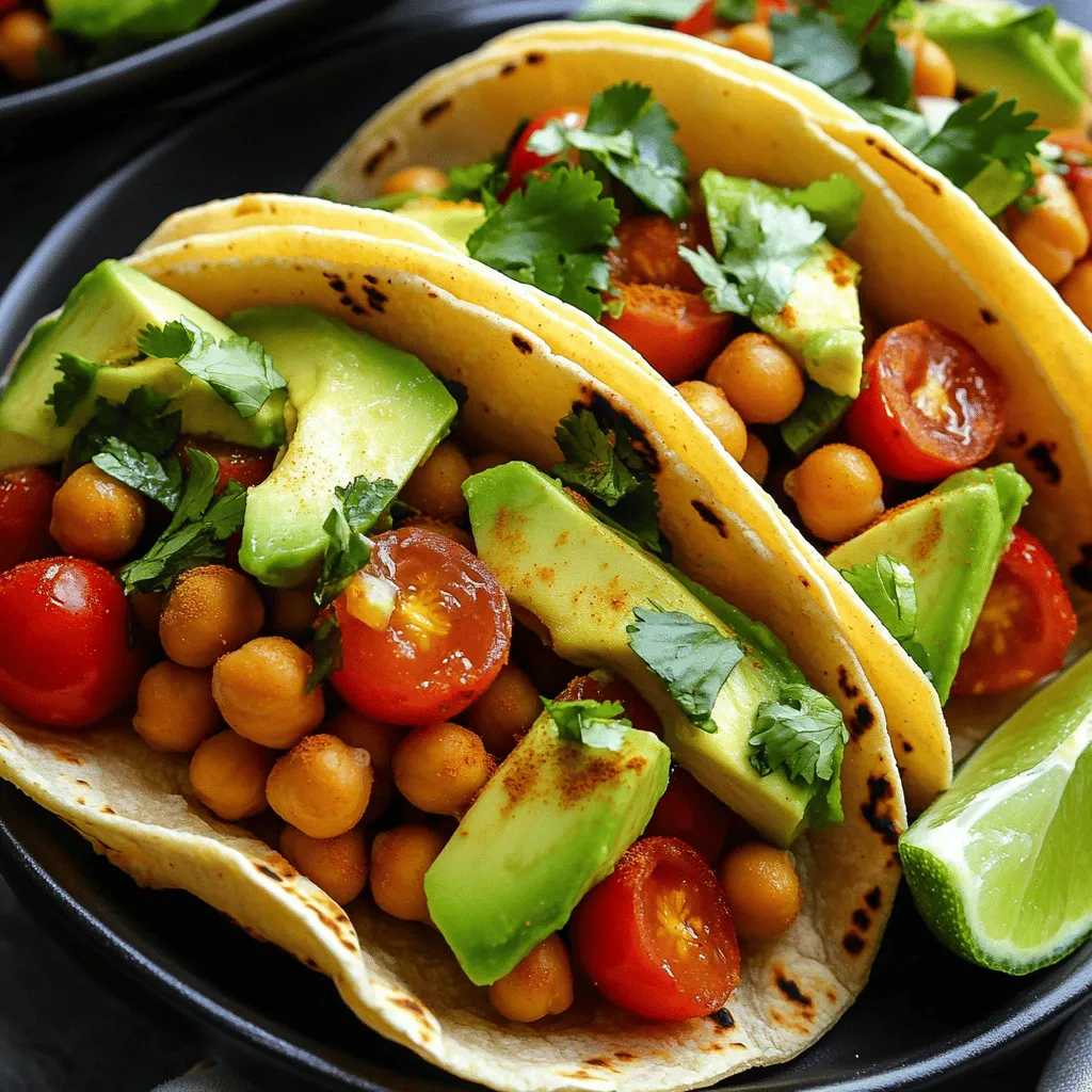 - 1 can (15 oz) chickpeas, drained and rinsed - 1 tablespoon olive oil - 1 teaspoon smoked paprika - 1 teaspoon cumin - 1/2 teaspoon cayenne pepper (adjust for spice level) - 1/2 teaspoon garlic powder - Salt and pepper to taste - 1 avocado, sliced - 1 cup cherry tomatoes, halved - 1/4 cup fresh cilantro, chopped - 6 small corn or flour tortillas - Lime wedges, for serving To make Spicy Chickpea Tacos, you need chickpeas and spices. The chickpeas give protein and texture. The spices add bold flavor. Olive oil helps cook the chickpeas to crispness. You can adjust the cayenne pepper to fit your spice level. You will also need fresh toppings and tortillas. Avocado adds creaminess, while cherry tomatoes bring freshness. Cilantro adds a pop of flavor. Tortillas hold everything together. You can use corn or flour tortillas based on your taste. Optional items for customization include any toppings you like. Try adding cheese, hot sauce, or sour cream if you want. You can even switch up the veggies. The fun part is making this dish your own! For the full recipe, check the details above. This dish is quick, healthy, and full of flavor. Enjoy every bite! To kick things off, let’s prepare the chickpeas. Start by heating the olive oil in a medium skillet over medium heat. Once the oil is warm, add the drained and rinsed chickpeas. Sauté them for about 2-3 minutes until they get a bit crispy. Crispy chickpeas give the tacos a nice texture. Next, it’s time to season. Sprinkle in smoked paprika, cumin, cayenne pepper, garlic powder, salt, and pepper. Stir well, coating the chickpeas evenly with the spices. This step is key for flavor. Keep cooking for another 5-7 minutes while stirring occasionally. You want them hot and fragrant, perfect for tacos. For the right texture, don’t rush the cooking time. Let the chickpeas get just crispy enough. If you prefer more heat, adjust the cayenne pepper to your liking. More spice can add a nice kick! Now that your chickpeas are ready, let’s assemble the tacos. First, warm your tortillas to make them pliable. You can do this in a pan or microwave. If using a microwave, heat them for about 10-15 seconds. Warm tortillas help hold everything together. Next, take a generous spoonful of your spicy chickpeas and place it on each tortilla. Don’t be shy here! Layer on slices of avocado, halved cherry tomatoes, and chopped cilantro. This adds freshness and color, making your tacos look great. To serve, add lime wedges on the side. Squeezing lime over the tacos enhances the flavors. It’s a simple touch that brings everything together. For more details, check out the Full Recipe. To make the most of your spicy chickpea tacos, focus on flavors. Start by adding spices like chili powder or oregano to the chickpeas. These spices bring depth and warmth. You can also try mixing in a splash of lime juice for a zesty kick. For toppings, think outside the box. Try adding pickled onions for a tangy crunch. Sautéed bell peppers can add sweetness. Don’t forget about creamy elements like sour cream or a yogurt drizzle. These cool toppings balance the heat of the chickpeas. Balance is key. If the dish is too spicy, add fresh ingredients. Fresh cilantro or diced tomatoes can cool down the heat. Lime wedges help cut through spice and add a refreshing touch. Having the right tools makes cooking easier. You will need a medium skillet for sautéing the chickpeas. A wooden spoon or spatula is great for stirring. Use a cutting board and knife for fresh toppings. To warm tortillas, a non-stick pan works well. You can also use a microwave for quick heating. Just make sure to keep them covered to avoid drying out. If you have a taco holder, it makes serving easy and fun! Using these tools will help you create your spicy chickpea tacos with ease. Check out the Full Recipe to get started! {{image_2}} You can easily make spicy chickpea tacos vegan and gluten-free. Start with the tortillas. If you want a gluten-free option, choose corn tortillas. They are soft and tasty. You can also use lettuce wraps for a lighter version. Just take a large leaf of lettuce and fill it with your chickpea mix. For protein, chickpeas are great, but you can swap them out. Try using black beans or lentils instead. These options also pack a punch. They have the right texture and taste to shine in these tacos. Fresh ingredients can make your tacos even better. In spring, add radishes for a crunchy bite. In summer, use fresh corn for sweetness. In fall, try roasted sweet potatoes for warmth. Winter calls for hearty greens like kale. They all bring unique flavors to the dish. You can mix and match these ingredients all year long. This makes the dish adaptable and fun. Fresh produce keeps it exciting and healthy. You can enjoy spicy chickpea tacos no matter the season! To keep your spicy chickpea tacos fresh, follow these tips. First, store any leftovers in an airtight container. This will help keep them from drying out. Place the container in the fridge. They will stay good for about three days. When you want to enjoy them again, reheat the chickpeas on the stove. This keeps them crispy. If you use a microwave, do it in short bursts. Stir between bursts to avoid sogginess. Freezing the tacos is a great way to save them for later. Start by separating the chickpeas from the tortillas. Wrap the chickpeas tightly in plastic wrap or place them in a freezer-safe bag. You can freeze them for up to three months. For tortillas, stack them and wrap in foil. When you’re ready to eat, thaw the chickpeas in the fridge overnight. Reheat them on the stove until hot. Warm the tortillas in a pan or microwave before serving. Enjoy your tasty tacos anytime! These chickpea tacos can be as spicy as you want! The cayenne pepper adds heat, but you can adjust it. If you prefer mild, use less cayenne. You can also skip it altogether. To make it spicier, add more cayenne or a dash of hot sauce. Everyone has different tastes, so feel free to experiment. Remember, you can always add spice, but you can't take it away! Yes, you can prep these tacos in advance. Cook the chickpeas and store them in the fridge for up to three days. When you are ready to eat, warm them in a pan. You can also warm the tortillas ahead of time. Just keep them wrapped in a clean towel to avoid drying out. For best results, assemble the tacos just before serving. This keeps the tortillas soft and fresh. You can serve many tasty sides with these tacos. Here are some ideas: - Mexican rice: Fluffy rice pairs well with the spice. - Beans: Black or pinto beans add protein and fiber. - Salad: A fresh green salad balances the heat. - Guacamole: Creamy guacamole cools the spicy flavors. - Corn on the cob: Grilled corn adds sweetness. These options will make your meal even more enjoyable! You can find the Full Recipe in this article for more ideas and details. These chickpea tacos are a fun way to enjoy bold flavors and healthy ingredients. You learned about the key components, from chickpeas and spices to fresh toppings and tortillas. I shared tips on how to sauté the chickpeas to get the right taste and texture. You can customize the tacos for your taste by using different spices, toppings, and tortillas. Remember, these tacos are not just tasty; they are easy to store and reheat too. So, dive in, get creative, and enjoy this delicious meal any day of the week!