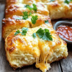 To make cheesy garlic monkey bread, you need a few key ingredients. Here’s what you’ll require: - 3 cups of biscuit dough (store-bought or homemade) - 1 cup shredded mozzarella cheese - 1 cup shredded cheddar cheese - 1/2 cup unsalted butter, melted - 4 cloves garlic, minced - 1 tablespoon Italian seasoning - Salt and pepper to taste These ingredients create the delicious base for your monkey bread. The biscuit dough gives it a fluffy texture. The garlic and butter add a rich flavor, while the cheese brings the gooey goodness. Want to kick up the flavor? Consider these optional add-ins: - 1/2 teaspoon red pepper flakes for heat - Cooked bacon bits for a smoky touch - Fresh herbs like thyme or rosemary for earthiness These add-ins can take your monkey bread to the next level. Feel free to mix and match based on your taste. Choosing the right ingredients makes a big difference. Here are some tips: - Biscuit Dough: If you opt for store-bought, select a brand with no artificial flavors. - Cheese: Look for freshly shredded cheese. Pre-shredded cheese often has anti-caking agents. - Butter: Use unsalted butter. This lets you control the salt in your dish. Quality ingredients lead to better taste and texture. Trust me, it’s worth it for this cheesy garlic monkey bread! If you want the full recipe, check it out [here](#). Start by preheating your oven to 350°F (175°C). This step warms your oven for even baking. While the oven heats, grease a bundt pan using non-stick spray or butter. If you're using homemade biscuit dough, prepare it first. Cut it into small, bite-sized pieces. If you have store-bought dough, simply open the package and separate the pieces. Next, take a large bowl and mix the melted butter, minced garlic, Italian seasoning, salt, and pepper. If you like a bit of spice, add red pepper flakes. Stir this mixture until everything blends well. Then, add your biscuit dough pieces into the bowl. Toss them gently until each piece is well coated in the buttery mixture. Now it’s time to layer the dough and cheese. First, take half of the coated biscuit pieces and spread them in the bottom of your greased bundt pan. This forms the base. Next, sprinkle half of your mozzarella and cheddar cheese evenly over this layer. Add the remaining biscuit pieces on top of the cheese. Finish by adding the rest of the cheese on top. This layering gives you melty cheese in each bite. Place the bundt pan in your preheated oven and bake for 25-30 minutes. You want the top to turn a golden brown and the dough to be fully cooked. To ensure even baking, check the center of your monkey bread with a toothpick. If it comes out clean, your monkey bread is ready. After baking, remove the bundt pan from the oven. Let it cool for about 5 minutes. This cooling time helps it set. Carefully invert the pan onto a serving plate. This step lets the monkey bread fall out nicely. For a pop of color and flavor, garnish with freshly chopped parsley. Enjoy your cheesy garlic monkey bread warm! For the full recipe, refer back to the [Full Recipe]. To get that soft and fluffy texture, use fresh biscuit dough. If you make it from scratch, follow the recipe closely. Cut the dough into even pieces for uniform cooking. Toss the dough in the buttery garlic mixture gently to coat each piece well. This helps them rise and bake evenly. Avoid overmixing your dough. This can lead to tough bread. Also, don't skip greasing the pan. Sticking is a common issue if you forget this step. Make sure to layer the dough pieces and cheese properly. If you just dump them in, the bread may not cook evenly. Lastly, watch your baking time. Overbaking can dry out the bread. For even cooking, preheat your oven fully before baking. This helps the dough rise and cook through. Place the bundt pan in the center of the oven for best results. If your oven has hot spots, consider rotating the pan halfway through cooking. This ensures all sides get the same heat. After baking, let it cool for a few minutes before inverting. This will help it hold its shape. You can find the Full Recipe for Cheesy Garlic Monkey Bread to guide you through the process. {{image_2}} You can change the cheese mix for fun. Try using provolone for a rich taste. You might enjoy adding gouda for a smoky flavor. Blend in some feta for a tangy bite. Mix and match your favorites to create new flavors. Cheese is key to making your monkey bread special. Adding veggies boosts flavor and nutrition. Try diced bell peppers for a sweet crunch. Spinach adds color and a fresh taste. You can also add mushrooms for an earthy touch. Just make sure to sauté them first. This way, they won’t make the bread soggy. Fun fact: each veggie adds unique nutrients! If you crave something sweet, switch things up. Use cinnamon and sugar instead of garlic. Add chocolate chips for a delightful treat. You can even drizzle a glaze on top after baking. For a fruity twist, mix in fresh berries. A sweet version is perfect for brunch or dessert! Check out the Full Recipe to get started on your cheesy garlic monkey bread journey! To store leftover cheesy garlic monkey bread, let it cool first. Wrap it tightly in plastic wrap. You can also use an airtight container. This keeps the bread fresh and moist. Store it in the fridge for up to three days. For the best flavor, reheat the monkey bread in the oven. Preheat your oven to 350°F (175°C). Place the bread on a baking sheet. Cover it with foil to keep it from drying out. Heat for about 10-15 minutes. If you prefer the microwave, heat it in short bursts. Use a damp paper towel to keep it moist. You can freeze cheesy garlic monkey bread for later. Wrap it tightly in plastic wrap and then in foil. This helps prevent freezer burn. Store it in the freezer for up to three months. To enjoy, thaw it in the fridge overnight. Reheat it as mentioned above. This way, you can savor that delicious flavor again! For the Full Recipe, check back to make your own delicious monkey bread! Serve Cheesy Garlic Monkey Bread with marinara sauce for dipping. This adds a nice touch. You can also pair it with a fresh salad. A green salad adds balance to the meal. Try some roasted veggies on the side as well. They complement the rich flavors of the bread. Yes, you can make this recipe ahead of time. Prepare the dough and garlic mix, then store it in the fridge. Assemble the bread but do not bake it. This way, it stays fresh and ready to bake. When you are ready, bake it straight from the fridge. Just add a few extra minutes to the baking time. Check for a golden brown color on top. The dough should be risen and firm to the touch. You can also insert a toothpick into the bread. If it comes out clean, your monkey bread is done. Let it cool for five minutes before serving. This helps the flavors settle. Yes, homemade biscuit dough works great for this recipe. Just make sure it is cold before using. Cut it into small pieces for better texture. Homemade dough can add a personal touch to your monkey bread. It’s a fun way to experiment with flavors too. Cheesy garlic monkey bread is an easy and fun dish to make. You can enjoy it as a snack or a side. Here’s how to create this tasty treat. - 3 cups of biscuit dough (store-bought or homemade) - 1 cup shredded mozzarella cheese - 1 cup shredded cheddar cheese - 1/2 cup unsalted butter, melted - 4 cloves garlic, minced - 1 tablespoon Italian seasoning - 1/4 cup fresh parsley, chopped (for garnish) - Salt and pepper to taste - Optional: 1/2 teaspoon red pepper flakes for heat 1. Preheat your oven to 350°F (175°C) and grease a bundt pan. 2. Cut the biscuit dough into bite-sized pieces. Use homemade or store-bought dough. 3. In a bowl, mix melted butter, garlic, Italian seasoning, salt, and pepper. If you like heat, add red pepper flakes. 4. Toss the biscuit pieces in the butter mixture until coated. 5. Place half of the coated biscuit pieces in the bundt pan. 6. Sprinkle half of the mozzarella and cheddar cheese on top. 7. Add the rest of the biscuit pieces, then top with the remaining cheese. 8. Bake for 25-30 minutes until golden brown and cooked through. 9. Let the pan cool for about 5 minutes, then invert it onto a plate. 10. Garnish with parsley for extra color. This recipe is simple and quick. It takes about 15 minutes to prep and 30 minutes to bake. You serve it warm with marinara sauce for dipping. Enjoy your cheesy garlic monkey bread! For the full recipe, refer to the ingredients and instructions above. You’ve learned about making cheesy garlic monkey bread from start to finish. We discussed key ingredients and tips for quality. I shared step-by-step instructions for mixing, layering, and baking. You also discovered great variations, like adding vegetables or using different cheeses. Remember to store any leftovers properly and follow reheating tips for the best taste. With these insights, you can avoid common mistakes and enjoy perfect monkey bread every time. Get ready to bake something delicious and impress everyone!