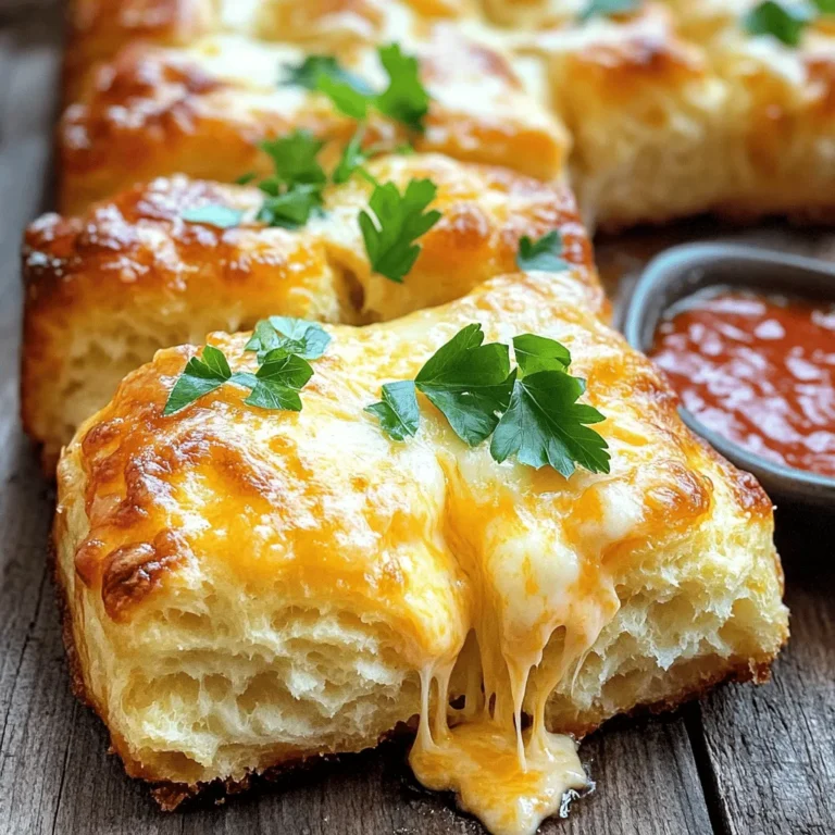 To make cheesy garlic monkey bread, you need a few key ingredients. Here’s what you’ll require: - 3 cups of biscuit dough (store-bought or homemade) - 1 cup shredded mozzarella cheese - 1 cup shredded cheddar cheese - 1/2 cup unsalted butter, melted - 4 cloves garlic, minced - 1 tablespoon Italian seasoning - Salt and pepper to taste These ingredients create the delicious base for your monkey bread. The biscuit dough gives it a fluffy texture. The garlic and butter add a rich flavor, while the cheese brings the gooey goodness. Want to kick up the flavor? Consider these optional add-ins: - 1/2 teaspoon red pepper flakes for heat - Cooked bacon bits for a smoky touch - Fresh herbs like thyme or rosemary for earthiness These add-ins can take your monkey bread to the next level. Feel free to mix and match based on your taste. Choosing the right ingredients makes a big difference. Here are some tips: - Biscuit Dough: If you opt for store-bought, select a brand with no artificial flavors. - Cheese: Look for freshly shredded cheese. Pre-shredded cheese often has anti-caking agents. - Butter: Use unsalted butter. This lets you control the salt in your dish. Quality ingredients lead to better taste and texture. Trust me, it’s worth it for this cheesy garlic monkey bread! If you want the full recipe, check it out [here](#). Start by preheating your oven to 350°F (175°C). This step warms your oven for even baking. While the oven heats, grease a bundt pan using non-stick spray or butter. If you're using homemade biscuit dough, prepare it first. Cut it into small, bite-sized pieces. If you have store-bought dough, simply open the package and separate the pieces. Next, take a large bowl and mix the melted butter, minced garlic, Italian seasoning, salt, and pepper. If you like a bit of spice, add red pepper flakes. Stir this mixture until everything blends well. Then, add your biscuit dough pieces into the bowl. Toss them gently until each piece is well coated in the buttery mixture. Now it’s time to layer the dough and cheese. First, take half of the coated biscuit pieces and spread them in the bottom of your greased bundt pan. This forms the base. Next, sprinkle half of your mozzarella and cheddar cheese evenly over this layer. Add the remaining biscuit pieces on top of the cheese. Finish by adding the rest of the cheese on top. This layering gives you melty cheese in each bite. Place the bundt pan in your preheated oven and bake for 25-30 minutes. You want the top to turn a golden brown and the dough to be fully cooked. To ensure even baking, check the center of your monkey bread with a toothpick. If it comes out clean, your monkey bread is ready. After baking, remove the bundt pan from the oven. Let it cool for about 5 minutes. This cooling time helps it set. Carefully invert the pan onto a serving plate. This step lets the monkey bread fall out nicely. For a pop of color and flavor, garnish with freshly chopped parsley. Enjoy your cheesy garlic monkey bread warm! For the full recipe, refer back to the [Full Recipe]. To get that soft and fluffy texture, use fresh biscuit dough. If you make it from scratch, follow the recipe closely. Cut the dough into even pieces for uniform cooking. Toss the dough in the buttery garlic mixture gently to coat each piece well. This helps them rise and bake evenly. Avoid overmixing your dough. This can lead to tough bread. Also, don't skip greasing the pan. Sticking is a common issue if you forget this step. Make sure to layer the dough pieces and cheese properly. If you just dump them in, the bread may not cook evenly. Lastly, watch your baking time. Overbaking can dry out the bread. For even cooking, preheat your oven fully before baking. This helps the dough rise and cook through. Place the bundt pan in the center of the oven for best results. If your oven has hot spots, consider rotating the pan halfway through cooking. This ensures all sides get the same heat. After baking, let it cool for a few minutes before inverting. This will help it hold its shape. You can find the Full Recipe for Cheesy Garlic Monkey Bread to guide you through the process. {{image_2}} You can change the cheese mix for fun. Try using provolone for a rich taste. You might enjoy adding gouda for a smoky flavor. Blend in some feta for a tangy bite. Mix and match your favorites to create new flavors. Cheese is key to making your monkey bread special. Adding veggies boosts flavor and nutrition. Try diced bell peppers for a sweet crunch. Spinach adds color and a fresh taste. You can also add mushrooms for an earthy touch. Just make sure to sauté them first. This way, they won’t make the bread soggy. Fun fact: each veggie adds unique nutrients! If you crave something sweet, switch things up. Use cinnamon and sugar instead of garlic. Add chocolate chips for a delightful treat. You can even drizzle a glaze on top after baking. For a fruity twist, mix in fresh berries. A sweet version is perfect for brunch or dessert! Check out the Full Recipe to get started on your cheesy garlic monkey bread journey! To store leftover cheesy garlic monkey bread, let it cool first. Wrap it tightly in plastic wrap. You can also use an airtight container. This keeps the bread fresh and moist. Store it in the fridge for up to three days. For the best flavor, reheat the monkey bread in the oven. Preheat your oven to 350°F (175°C). Place the bread on a baking sheet. Cover it with foil to keep it from drying out. Heat for about 10-15 minutes. If you prefer the microwave, heat it in short bursts. Use a damp paper towel to keep it moist. You can freeze cheesy garlic monkey bread for later. Wrap it tightly in plastic wrap and then in foil. This helps prevent freezer burn. Store it in the freezer for up to three months. To enjoy, thaw it in the fridge overnight. Reheat it as mentioned above. This way, you can savor that delicious flavor again! For the Full Recipe, check back to make your own delicious monkey bread! Serve Cheesy Garlic Monkey Bread with marinara sauce for dipping. This adds a nice touch. You can also pair it with a fresh salad. A green salad adds balance to the meal. Try some roasted veggies on the side as well. They complement the rich flavors of the bread. Yes, you can make this recipe ahead of time. Prepare the dough and garlic mix, then store it in the fridge. Assemble the bread but do not bake it. This way, it stays fresh and ready to bake. When you are ready, bake it straight from the fridge. Just add a few extra minutes to the baking time. Check for a golden brown color on top. The dough should be risen and firm to the touch. You can also insert a toothpick into the bread. If it comes out clean, your monkey bread is done. Let it cool for five minutes before serving. This helps the flavors settle. Yes, homemade biscuit dough works great for this recipe. Just make sure it is cold before using. Cut it into small pieces for better texture. Homemade dough can add a personal touch to your monkey bread. It’s a fun way to experiment with flavors too. Cheesy garlic monkey bread is an easy and fun dish to make. You can enjoy it as a snack or a side. Here’s how to create this tasty treat. - 3 cups of biscuit dough (store-bought or homemade) - 1 cup shredded mozzarella cheese - 1 cup shredded cheddar cheese - 1/2 cup unsalted butter, melted - 4 cloves garlic, minced - 1 tablespoon Italian seasoning - 1/4 cup fresh parsley, chopped (for garnish) - Salt and pepper to taste - Optional: 1/2 teaspoon red pepper flakes for heat 1. Preheat your oven to 350°F (175°C) and grease a bundt pan. 2. Cut the biscuit dough into bite-sized pieces. Use homemade or store-bought dough. 3. In a bowl, mix melted butter, garlic, Italian seasoning, salt, and pepper. If you like heat, add red pepper flakes. 4. Toss the biscuit pieces in the butter mixture until coated. 5. Place half of the coated biscuit pieces in the bundt pan. 6. Sprinkle half of the mozzarella and cheddar cheese on top. 7. Add the rest of the biscuit pieces, then top with the remaining cheese. 8. Bake for 25-30 minutes until golden brown and cooked through. 9. Let the pan cool for about 5 minutes, then invert it onto a plate. 10. Garnish with parsley for extra color. This recipe is simple and quick. It takes about 15 minutes to prep and 30 minutes to bake. You serve it warm with marinara sauce for dipping. Enjoy your cheesy garlic monkey bread! For the full recipe, refer to the ingredients and instructions above. You’ve learned about making cheesy garlic monkey bread from start to finish. We discussed key ingredients and tips for quality. I shared step-by-step instructions for mixing, layering, and baking. You also discovered great variations, like adding vegetables or using different cheeses. Remember to store any leftovers properly and follow reheating tips for the best taste. With these insights, you can avoid common mistakes and enjoy perfect monkey bread every time. Get ready to bake something delicious and impress everyone!