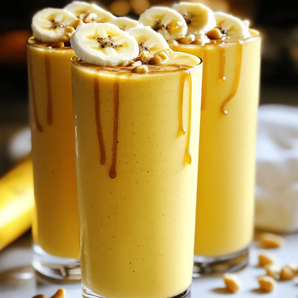 To make a Peanut Butter Banana Smoothie, you need simple, fresh items. Here’s the list: - 2 ripe bananas, peeled and sliced - 1/2 cup creamy peanut butter - 1 cup milk (dairy or non-dairy) - 1/2 cup Greek yogurt (plain or vanilla) - 1 tablespoon honey (optional, adjust to sweetness preference) - 1/2 teaspoon cinnamon - 1/2 cup ice cubes - A pinch of salt - Optional toppings: sliced bananas, crushed peanuts, or chocolate shavings These ingredients blend together to create a tasty, creamy drink. The ripe bananas bring a natural sweetness and smooth texture. Creamy peanut butter adds flavor and healthy fats. Greek yogurt gives it a protein boost, making it a filling snack or meal. You can use any milk you like, whether it's cow's milk or almond milk. Honey is optional, so you can adjust sweetness to fit your taste. A little cinnamon enhances the flavor, while ice cubes make it cool and refreshing. Optional toppings like sliced bananas and crushed peanuts not only look great but also add extra crunch. For the full recipe, check out the detailed instructions. - Step 1: Combine ingredients in blender Start by peeling and slicing the ripe bananas. Add them to your blender. Next, measure out 1/2 cup of creamy peanut butter and add it in. Pour in 1 cup of milk, either dairy or non-dairy. Then, add 1/2 cup of Greek yogurt. If you like it sweeter, include 1 tablespoon of honey. Toss in 1/2 teaspoon of cinnamon and a pinch of salt. Finally, add 1/2 cup of ice cubes for a refreshing chill. - Step 2: Blend until smooth Put the lid on your blender and blend everything on high speed. Blend until you see a smooth and creamy texture. Make sure there are no chunks left. This step is key for a perfect drink. - Step 3: Adjust sweetness as necessary After blending, taste your smoothie. If it’s not sweet enough for your liking, add a little more honey. Blend it for a few seconds again to mix the new honey in. This way, you can have it just right for your taste buds. - Step 4: Serve and add toppings Pour the smoothie into tall glasses. You can enjoy it plain or dress it up. Add sliced bananas, crushed peanuts, or even chocolate shavings on top. This adds texture and makes your smoothie look even better. Enjoy your creamy delight peanut butter banana smoothie! For the complete recipe, check out the Full Recipe section. To make your peanut butter banana smoothie just right, start with ripe bananas. Ripe bananas have more sweetness and blend better. They give your smoothie a smooth, creamy texture. Next, adjust the ice for thickness. If you want a thicker smoothie, add more ice cubes. If it’s too thick, add a splash of milk to loosen it up. Finding the right balance makes a big difference. Choosing the right peanut butter is key too. Creamy peanut butter blends smoothly and gives a nice taste. If you prefer chunky peanut butter, it adds fun texture but may not blend as well. You can easily modify the honey quantity to suit your taste. Start with one tablespoon, then taste the smoothie. If you want it sweeter, add more honey bit by bit. You might also consider alternative sweeteners. Maple syrup or agave nectar can work well. They add unique flavors and are great for different diets. Experiment to find your favorite! {{image_2}} You can make your peanut butter banana smoothie even better! Adding protein powder gives you an extra boost. Just a scoop can help you feel full longer. It also helps with muscle repair after a workout. You can also add spinach or kale. These greens don’t change the taste much. They add fiber and nutrients without extra calories. Just a handful will work well. You can blend them right in with the other ingredients. Want to try something new? You can create a chocolate peanut butter banana smoothie. Just add a tablespoon of cocoa powder to your mix. It adds a rich flavor and pairs well with banana. You can also add a bit of chocolate syrup for a sweeter taste. For a tropical twist, add pineapple. Just toss in 1/2 cup of fresh or canned pineapple chunks. This will brighten the smoothie and give it a fun flavor. The mix of peanut butter and pineapple is a delightful surprise. For the full recipe, refer to the Creamy Delight Peanut Butter Banana Smoothie above. If you have leftover peanut butter banana smoothie, store it in the fridge. Use a tight container to keep it fresh. A glass jar works well, but any sealed container is fine. You can keep it for up to two days. When you’re ready to drink it, give it a good shake. Sometimes, it may separate a bit after sitting. You can freeze your smoothie if you want to save it longer. Pour it into ice cube trays or freezer bags. This way, you can use small portions later. When you want to enjoy it, just thaw it in the fridge overnight. If you're in a hurry, you can also use the microwave. Heat it in short bursts at low power. This keeps the texture nice. Enjoy your creamy delight whenever you like by following these simple storage tips! A peanut butter banana smoothie packs a lot of nutrients. It gives you protein, healthy fats, and fiber. Bananas offer potassium, which helps muscles and heart health. Peanut butter provides healthy fats that keep you full longer. Greek yogurt adds calcium and probiotics, which aid digestion. This smoothie can boost your energy and keep you satisfied. Yes, you can easily make this smoothie vegan. Just switch cow's milk for a plant-based milk like almond or oat milk. Use a dairy-free yogurt instead of Greek yogurt. You can skip honey or use agave syrup for sweetness. These changes keep all flavors while making it vegan-friendly. To make your smoothie more filling, add oats or chia seeds. Both options add fiber and protein, which help you feel full. You can also add a scoop of protein powder for extra protein content. These additions turn your smoothie into a hearty meal or snack. Absolutely! Frozen bananas work great in this recipe. They add creaminess and chill the smoothie without extra ice. Just peel and slice the bananas before freezing. This makes it easy to grab them later for smoothies. Plus, using frozen bananas can make your drink even smoother. In this blog post, we explored the simple recipe for a peanut butter banana smoothie. We covered ingredients, steps, tips for perfection, and fun variations. This smoothie is easy to make and packed with nutrients. You can enjoy it fresh or store it for later. Remember, using ripe bananas makes a big difference in taste and texture. This smoothie adapts well to your needs, whether for a quick breakfast or a snack. Enjoy mixing and matching flavors to find your perfect blend!